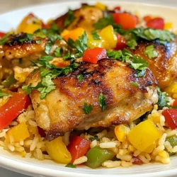 - 4 Stück Hähnchenschenkel ohne Knochen und Haut - 1 Tasse Langkornreis - 1 Dose (425 ml) Kokosmilch Die Hauptzutaten machen dieses Gericht besonders lecker. Hähnchenschenkel sind saftig und zart. Langkornreis bietet die perfekte Basis. Kokosmilch bringt einen köstlichen, cremigen Geschmack. - 1 rote Paprika, gewürfelt - 1 grüne Paprika, gewürfelt - 1 kleine Zwiebel, fein gehackt - 2 Knoblauchzehen, gehackt - 1 Esslöffel Currypulver - 1 Teelöffel Piment Gemüse und Gewürze bringen Farbe und Geschmack. Paprika gibt eine süße Note. Zwiebel und Knoblauch sorgen für ein tolles Aroma. Currypulver und Piment fügen eine angenehme Würze hinzu. - 1 Tasse Hühnerbrühe - 1 Tasse tiefgefrorene Erbsen - Frischer Koriander zum Garnieren Zusätzliche Zutaten sind wichtig. Hühnerbrühe macht das Gericht herzhaft. Erbsen bringen Farbe und einen süßen Geschmack. Koriander ist der perfekte Abschluss. Er verleiht dem Gericht Frische und eine schöne Optik. {{ingredient_image_2}} - Würze die Hähnchenschenkel mit Salz, Pfeffer, Currypulver und Piment. Diese Gewürze bringen den karibischen Geschmack. - Schneide die rote und grüne Paprika in kleine Würfel. Hacke auch die Zwiebel und den Knoblauch fein. - Erhitze das Olivenöl in einer großen Pfanne bei mittlerer Hitze. Füge die gehackte Zwiebel und den Knoblauch hinzu. Brate sie 3 bis 4 Minuten an, bis die Zwiebel glasig wird. - Lege die gewürzten Hähnchenschenkel in die Pfanne. Brate sie auf beiden Seiten goldbraun, etwa 5 Minuten. - Nimm das Hähnchen aus der Pfanne und stelle es beiseite. Gib die gewürfelten Paprika in die Pfanne und brate sie 3 Minuten an, bis sie weich sind. - Rühre den Langkornreis ein und röste ihn 2 Minuten, um einen nussigen Geschmack zu entwickeln. Dann füge die Kokosmilch und Hühnerbrühe hinzu. Rühre gut um. - Lege das Hähnchen wieder in die Pfanne. Drücke es sanft in den Reis. Decke die Pfanne ab und lasse alles bei schwacher Hitze 20 bis 25 Minuten köcheln. - In den letzten 5 Minuten der Garzeit gib die tiefgefrorenen Erbsen hinzu. Decke die Pfanne wieder zu, damit sie warm werden. Um das Hähnchen gut zu würzen, benutze ich eine Mischung aus Currypulver und Piment. Diese Gewürze bringen die karibischen Aromen perfekt zur Geltung. Ich empfehle, das Hähnchen mit Salz und Pfeffer zu würzen. Das verbessert den Geschmack und macht das Gericht schmackhaft. Um dem Reis einen nussigen Geschmack zu geben, röste ich ihn vor dem Kochen an. Ich gebe den ungekochten Reis in die Pfanne und lasse ihn zwei Minuten braten. Achte darauf, dass der Reis leicht goldbraun wird. Beim Garen des Reises ist Wasser wichtig. Verwende die richtige Menge Kokosmilch und Hühnerbrühe, damit der Reis gut durchzieht. Frischer Koriander macht das Gericht besonders schön. Ich streue ihn kurz vor dem Servieren über den Reis. Das sieht gut aus und schmeckt frisch. Du kannst das Gericht auch in einer großen Schüssel servieren. Das gibt einen einladenden Look. Pro Tipps Marinieren Sie das Hähnchen: Lassen Sie die Hähnchenschenkel vor dem Braten mindestens 30 Minuten in einer Mischung aus Gewürzen und etwas Kokosmilch marinieren, um den Geschmack zu intensivieren. Reis richtig rösten: Rösten Sie den Reis für ein paar Minuten länger, um ein noch intensiveres Aroma zu erzielen; achten Sie jedoch darauf, ihn nicht zu verbrennen. Frische Kräuter verwenden: Fügen Sie frische Kräuter wie Koriander oder Petersilie kurz vor dem Servieren hinzu, um das Gericht aufzufrischen und eine zusätzliche Geschmacksnote zu bieten. Variationen ausprobieren: Experimentieren Sie mit verschiedenen Gemüsearten oder fügen Sie Ananasstücke hinzu, um eine süßere Note zu erzielen, die gut zu den karibischen Aromen passt. {{image_4}} Ich liebe es, kreative Wege zu finden, um Gerichte anzupassen. Wenn du eine vegetarische Option wünschst, ersetze einfach das Hähnchen durch Gemüse. Reichlich Gemüse macht das Gericht bunt und schmackhaft. Du kannst zum Beispiel Zucchini, Karotten und Brokkoli verwenden. Tofu ist eine weitere tolle Wahl. Er nimmt die Gewürze gut auf und gibt dir eine schöne Textur. Die Gewürze machen den Unterschied. Du kannst mit verschiedenen Geschmäckern spielen. Für eine pikante Note füge mehr Currypulver oder scharfe Paprika hinzu. Wenn du es süßer magst, probiere eine Prise Zucker oder Ananas. Die Karibik hat viele regionale Gewürze, die deinen Reis besonders machen. Muskatnuss oder Ingwer sind hier hervorragende Ergänzungen. Das Gericht ist schon lecker, aber die Beilagen können es noch besser machen. Serviere das Hähnchen und den Reis mit frischem Brot. Ein knuspriges Baguette passt gut dazu. Auch ein einfacher Salat ist eine gute Wahl. Grüner Salat mit einem leichten Dressing bringt Frische auf den Teller. Diese Beilagen machen das Essen noch abwechslungsreicher. - Kühlung und Haltbarkeit: Nach dem Kochen sollten Sie das Hähnchen und den Reis schnell abkühlen. Lagern Sie das Gericht im Kühlschrank. Es bleibt dort etwa drei bis vier Tage frisch. Wenn Sie das Gericht länger aufbewahren möchten, sollten Sie es einfrieren. - Geeignete Behälter: Verwenden Sie luftdichte Behälter. So bleibt das Gericht länger frisch. Sie können auch Gefrierbeutel nutzen, um Platz zu sparen. Stellen Sie sicher, dass die Behälter sauber sind. - Mikrowelle oder Herd: Sie können das Gericht in der Mikrowelle aufwärmen. Stellen Sie die Leistung auf mittel und erhitzen Sie es für zwei bis drei Minuten. Alternativ können Sie das Gericht in einer Pfanne auf dem Herd aufwärmen. Verwenden Sie dabei schwache Hitze. - Tipps zur Vermeidung von Austrocknung: Fügen Sie etwas Wasser oder Brühe hinzu, bevor Sie das Gericht aufwärmen. Das hält das Hähnchen und den Reis saftig. Decken Sie die Pfanne oder den Teller ab, um die Feuchtigkeit zu bewahren. - Wie man das Gericht einfrieren kann: Lassen Sie das Gericht zuerst abkühlen. Teilen Sie es in Portionen auf. Wickeln Sie es in Folie oder geben Sie es in Gefrierbeutel. Achten Sie darauf, so viel Luft wie möglich zu entfernen. - Haltbarkeit im Gefrierschrank: Im Gefrierschrank bleibt das Gericht bis zu drei Monate gut. Beschriften Sie die Behälter mit dem Datum. So wissen Sie, wann Sie es gemacht haben. Die Zubereitung dauert insgesamt 45 Minuten. Davon sind 15 Minuten für die Vorbereitung nötig. Die Kochzeit beträgt etwa 30 Minuten. Diese schnelle Zubereitung macht das Gericht ideal für ein einfaches Abendessen. Ja, du kannst auch andere Proteine verwenden. Tofu ist eine gute vegetarische Option. Du kannst auch Garnelen oder Fisch nehmen, um das Gericht zu variieren. Achte darauf, die Kochzeit entsprechend anzupassen. Zu karibischem Hähnchen und Reis passen viele Beilagen. Ein frischer grüner Salat bringt Frische. Auch gegrilltes Gemüse schmeckt toll. Du kannst auch ein Stück Fladenbrot dazu servieren. Das rundet das Essen ab. Um perfekten Reis zu kochen, achte auf die richtige Wasserverhältnis. Nutze die doppelte Menge Flüssigkeit. Lass den Reis nach dem Kochen ruhen, damit er locker wird. Rühre ihn mit einer Gabel auf, bevor du servierst. Ja, du kannst das Gericht im Voraus zubereiten. Lagere es in einem luftdichten Behälter im Kühlschrank. So bleibt es frisch für 2-3 Tage. Wenn du es aufwärmst, nutze die Mikrowelle oder den Herd. Füge etwas Wasser hinzu, um Austrocknung zu vermeiden. Zusammenfassend haben wir die Zutaten und Schritte für ein köstliches karibisches Hähnchen mit Reis behandelt. Wir haben wichtige Zutaten wie Hähnchenschenkel, Kokosmilch und Gewürze besprochen. Die Zubereitung ist einfach und macht Spaß. Denk daran, den Reis gut zu würzen und kreativ bei den Varianten zu sein. Dieses Gericht lässt sich leicht anpassen und aufbewahren. Du wirst mit leckeren Aromen und zufriedenen Gästen belohnt. Viel Spaß beim Kochen!