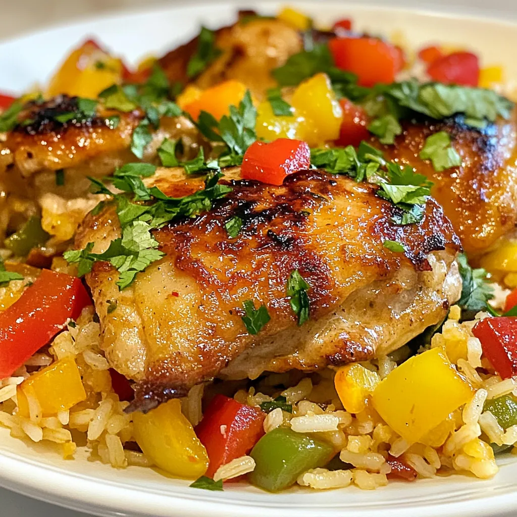 - 4 Stück Hähnchenschenkel ohne Knochen und Haut - 1 Tasse Langkornreis - 1 Dose (425 ml) Kokosmilch Die Hauptzutaten machen dieses Gericht besonders lecker. Hähnchenschenkel sind saftig und zart. Langkornreis bietet die perfekte Basis. Kokosmilch bringt einen köstlichen, cremigen Geschmack. - 1 rote Paprika, gewürfelt - 1 grüne Paprika, gewürfelt - 1 kleine Zwiebel, fein gehackt - 2 Knoblauchzehen, gehackt - 1 Esslöffel Currypulver - 1 Teelöffel Piment Gemüse und Gewürze bringen Farbe und Geschmack. Paprika gibt eine süße Note. Zwiebel und Knoblauch sorgen für ein tolles Aroma. Currypulver und Piment fügen eine angenehme Würze hinzu. - 1 Tasse Hühnerbrühe - 1 Tasse tiefgefrorene Erbsen - Frischer Koriander zum Garnieren Zusätzliche Zutaten sind wichtig. Hühnerbrühe macht das Gericht herzhaft. Erbsen bringen Farbe und einen süßen Geschmack. Koriander ist der perfekte Abschluss. Er verleiht dem Gericht Frische und eine schöne Optik. {{ingredient_image_2}} - Würze die Hähnchenschenkel mit Salz, Pfeffer, Currypulver und Piment. Diese Gewürze bringen den karibischen Geschmack. - Schneide die rote und grüne Paprika in kleine Würfel. Hacke auch die Zwiebel und den Knoblauch fein. - Erhitze das Olivenöl in einer großen Pfanne bei mittlerer Hitze. Füge die gehackte Zwiebel und den Knoblauch hinzu. Brate sie 3 bis 4 Minuten an, bis die Zwiebel glasig wird. - Lege die gewürzten Hähnchenschenkel in die Pfanne. Brate sie auf beiden Seiten goldbraun, etwa 5 Minuten. - Nimm das Hähnchen aus der Pfanne und stelle es beiseite. Gib die gewürfelten Paprika in die Pfanne und brate sie 3 Minuten an, bis sie weich sind. - Rühre den Langkornreis ein und röste ihn 2 Minuten, um einen nussigen Geschmack zu entwickeln. Dann füge die Kokosmilch und Hühnerbrühe hinzu. Rühre gut um. - Lege das Hähnchen wieder in die Pfanne. Drücke es sanft in den Reis. Decke die Pfanne ab und lasse alles bei schwacher Hitze 20 bis 25 Minuten köcheln. - In den letzten 5 Minuten der Garzeit gib die tiefgefrorenen Erbsen hinzu. Decke die Pfanne wieder zu, damit sie warm werden. Um das Hähnchen gut zu würzen, benutze ich eine Mischung aus Currypulver und Piment. Diese Gewürze bringen die karibischen Aromen perfekt zur Geltung. Ich empfehle, das Hähnchen mit Salz und Pfeffer zu würzen. Das verbessert den Geschmack und macht das Gericht schmackhaft. Um dem Reis einen nussigen Geschmack zu geben, röste ich ihn vor dem Kochen an. Ich gebe den ungekochten Reis in die Pfanne und lasse ihn zwei Minuten braten. Achte darauf, dass der Reis leicht goldbraun wird. Beim Garen des Reises ist Wasser wichtig. Verwende die richtige Menge Kokosmilch und Hühnerbrühe, damit der Reis gut durchzieht. Frischer Koriander macht das Gericht besonders schön. Ich streue ihn kurz vor dem Servieren über den Reis. Das sieht gut aus und schmeckt frisch. Du kannst das Gericht auch in einer großen Schüssel servieren. Das gibt einen einladenden Look. Pro Tipps Marinieren Sie das Hähnchen: Lassen Sie die Hähnchenschenkel vor dem Braten mindestens 30 Minuten in einer Mischung aus Gewürzen und etwas Kokosmilch marinieren, um den Geschmack zu intensivieren. Reis richtig rösten: Rösten Sie den Reis für ein paar Minuten länger, um ein noch intensiveres Aroma zu erzielen; achten Sie jedoch darauf, ihn nicht zu verbrennen. Frische Kräuter verwenden: Fügen Sie frische Kräuter wie Koriander oder Petersilie kurz vor dem Servieren hinzu, um das Gericht aufzufrischen und eine zusätzliche Geschmacksnote zu bieten. Variationen ausprobieren: Experimentieren Sie mit verschiedenen Gemüsearten oder fügen Sie Ananasstücke hinzu, um eine süßere Note zu erzielen, die gut zu den karibischen Aromen passt. {{image_4}} Ich liebe es, kreative Wege zu finden, um Gerichte anzupassen. Wenn du eine vegetarische Option wünschst, ersetze einfach das Hähnchen durch Gemüse. Reichlich Gemüse macht das Gericht bunt und schmackhaft. Du kannst zum Beispiel Zucchini, Karotten und Brokkoli verwenden. Tofu ist eine weitere tolle Wahl. Er nimmt die Gewürze gut auf und gibt dir eine schöne Textur. Die Gewürze machen den Unterschied. Du kannst mit verschiedenen Geschmäckern spielen. Für eine pikante Note füge mehr Currypulver oder scharfe Paprika hinzu. Wenn du es süßer magst, probiere eine Prise Zucker oder Ananas. Die Karibik hat viele regionale Gewürze, die deinen Reis besonders machen. Muskatnuss oder Ingwer sind hier hervorragende Ergänzungen. Das Gericht ist schon lecker, aber die Beilagen können es noch besser machen. Serviere das Hähnchen und den Reis mit frischem Brot. Ein knuspriges Baguette passt gut dazu. Auch ein einfacher Salat ist eine gute Wahl. Grüner Salat mit einem leichten Dressing bringt Frische auf den Teller. Diese Beilagen machen das Essen noch abwechslungsreicher. - Kühlung und Haltbarkeit: Nach dem Kochen sollten Sie das Hähnchen und den Reis schnell abkühlen. Lagern Sie das Gericht im Kühlschrank. Es bleibt dort etwa drei bis vier Tage frisch. Wenn Sie das Gericht länger aufbewahren möchten, sollten Sie es einfrieren. - Geeignete Behälter: Verwenden Sie luftdichte Behälter. So bleibt das Gericht länger frisch. Sie können auch Gefrierbeutel nutzen, um Platz zu sparen. Stellen Sie sicher, dass die Behälter sauber sind. - Mikrowelle oder Herd: Sie können das Gericht in der Mikrowelle aufwärmen. Stellen Sie die Leistung auf mittel und erhitzen Sie es für zwei bis drei Minuten. Alternativ können Sie das Gericht in einer Pfanne auf dem Herd aufwärmen. Verwenden Sie dabei schwache Hitze. - Tipps zur Vermeidung von Austrocknung: Fügen Sie etwas Wasser oder Brühe hinzu, bevor Sie das Gericht aufwärmen. Das hält das Hähnchen und den Reis saftig. Decken Sie die Pfanne oder den Teller ab, um die Feuchtigkeit zu bewahren. - Wie man das Gericht einfrieren kann: Lassen Sie das Gericht zuerst abkühlen. Teilen Sie es in Portionen auf. Wickeln Sie es in Folie oder geben Sie es in Gefrierbeutel. Achten Sie darauf, so viel Luft wie möglich zu entfernen. - Haltbarkeit im Gefrierschrank: Im Gefrierschrank bleibt das Gericht bis zu drei Monate gut. Beschriften Sie die Behälter mit dem Datum. So wissen Sie, wann Sie es gemacht haben. Die Zubereitung dauert insgesamt 45 Minuten. Davon sind 15 Minuten für die Vorbereitung nötig. Die Kochzeit beträgt etwa 30 Minuten. Diese schnelle Zubereitung macht das Gericht ideal für ein einfaches Abendessen. Ja, du kannst auch andere Proteine verwenden. Tofu ist eine gute vegetarische Option. Du kannst auch Garnelen oder Fisch nehmen, um das Gericht zu variieren. Achte darauf, die Kochzeit entsprechend anzupassen. Zu karibischem Hähnchen und Reis passen viele Beilagen. Ein frischer grüner Salat bringt Frische. Auch gegrilltes Gemüse schmeckt toll. Du kannst auch ein Stück Fladenbrot dazu servieren. Das rundet das Essen ab. Um perfekten Reis zu kochen, achte auf die richtige Wasserverhältnis. Nutze die doppelte Menge Flüssigkeit. Lass den Reis nach dem Kochen ruhen, damit er locker wird. Rühre ihn mit einer Gabel auf, bevor du servierst. Ja, du kannst das Gericht im Voraus zubereiten. Lagere es in einem luftdichten Behälter im Kühlschrank. So bleibt es frisch für 2-3 Tage. Wenn du es aufwärmst, nutze die Mikrowelle oder den Herd. Füge etwas Wasser hinzu, um Austrocknung zu vermeiden. Zusammenfassend haben wir die Zutaten und Schritte für ein köstliches karibisches Hähnchen mit Reis behandelt. Wir haben wichtige Zutaten wie Hähnchenschenkel, Kokosmilch und Gewürze besprochen. Die Zubereitung ist einfach und macht Spaß. Denk daran, den Reis gut zu würzen und kreativ bei den Varianten zu sein. Dieses Gericht lässt sich leicht anpassen und aufbewahren. Du wirst mit leckeren Aromen und zufriedenen Gästen belohnt. Viel Spaß beim Kochen!