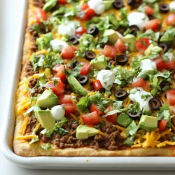 Um diese leckere Taco Pizza zuzubereiten, benötigst du: - 1 große Pizzateig (fertig gekauft oder selbstgemacht) - 1 Tasse Refried Beans - 1 ½ Tassen geriebener Cheddar-Käse - 1 Tasse gekochtes Hackfleisch oder Pute, gewürzt mit Taco-Gewürz - 1 Tasse gewürfelte Tomaten - 1 Tasse geriebener Kopfsalat - ½ Tasse schwarze Oliven, in Scheiben geschnitten - ¼ Tasse Frühlingszwiebeln, in Ringe geschnitten - ½ Tasse Sauerrahm (zum Drizzeln) - 1 Avocado, gewürfelt - 1 Esslöffel Olivenöl - 1 Teelöffel Chilipulver (optional) - Salz und Pfeffer nach Geschmack Diese Zutaten sorgen für einen tollen Geschmack und eine bunte Präsentation. Du kannst die Pizzateig-Option wählen, die dir am besten gefällt. Für mehr Geschmack kannst du zusätzliche Gewürze und Toppings nutzen: - Paprika oder Jalapeños für etwas Schärfe - Mais für eine süße Note - Koriander als frische Garnitur Diese Extras bringen noch mehr Farbe und Geschmack auf deine Pizza. Du kannst kreativ sein und deine Lieblingszutaten hinzufügen. Frische Zutaten machen den Unterschied. Hier sind einige Tipps: - Kaufe reife, frische Tomaten und Avocados. Sie schmecken besser. - Nutze frischen Kopfsalat, um eine knackige Textur zu erhalten. - Achte darauf, die Oliven und Frühlingszwiebeln frisch zu wählen. Mit frischen Zutaten schmeckt die Taco Pizza einfach großartig. So wird jede Portion ein voller Genuss. {{ingredient_image_2}} Zuerst heizt du den Ofen auf 220°C vor. Fette dann ein Backblech leicht ein. Rolle den Pizzateig aus, sodass er das gesamte Blech abdeckt. Wenn du fertigen Teig verwendest, folge den Anweisungen auf der Verpackung. Verteile eine Tasse Refried Beans gleichmäßig über den Teig. Lass dabei einen kleinen Rand frei. Streue dann die Hälfte des geriebenen Cheddar-Käses gleichmäßig darüber. Jetzt kommt das Hackfleisch ins Spiel. Verteile das gewürzte Hackfleisch oder die Pute gleichmäßig über den Käse. Belege die Fleischschicht mit dem restlichen Cheddar und den gewürfelten Tomaten. Drizzle etwas Olivenöl darüber für mehr Geschmack. Optional kannst du auch Chilipulver, Salz und Pfeffer hinzufügen. Backe die Pizza im vorgeheizten Ofen für 15 bis 20 Minuten. Der Käse sollte sprudelnd und goldbraun sein. Nimm die Pizza aus dem Ofen und lasse sie ein paar Minuten abkühlen. Schneide sie dann in Stücke. Jetzt kommt der Spaß! Belade die Pizzastücke großzügig mit geriebenem Kopfsalat, gewürfelter Avocado, schwarzen Oliven und Frühlingszwiebeln. Drizzle Sauerrahm darüber für eine cremige Note. Du kannst die Pizza direkt vom Blech servieren oder die Stücke auf eine große Platte legen. Garniere das Gericht mit frischem Koriander und Limettenstückchen. So sieht die Taco-Variante deiner Pizza noch besser aus! Die perfekte Backzeit für deine Taco Pizza liegt bei 15 bis 20 Minuten. Backe sie bei 220°C. Der Käse sollte goldbraun und sprudelnd sein. Achte darauf, dass der Pizzateig gut durchgebacken ist. Wenn du einen knusprigen Boden magst, backe die Pizza ein paar Minuten länger. Ein häufiger Fehler ist, den Teig zu dick auszurollen. Der Teig sollte dünn sein, damit er gleichmäßig backt. Lass den Teig auch nicht zu lange stehen, bevor du ihn belegst. So bleibt er frisch und knusprig. Achte darauf, das Blech leicht einzufetten, damit die Pizza nicht kleben bleibt. Du kannst die Taco Pizza nach deinem Geschmack anpassen. Probiere verschiedene Käsesorten, wie Gouda oder Mozzarella. Füge mehr Gemüse hinzu, wie Paprika oder Zwiebeln, um den Geschmack zu variieren. Wenn du scharfe Speisen magst, füge Jalapeños hinzu. Du kannst auch die Bohnen gegen schwarze Bohnen ersetzen, um mehr Textur zu erhalten. Pro Tipps Teig richtig ausrollen: Stelle sicher, dass der Pizzateig gleichmäßig und dünn ausgerollt wird, damit er gleichmäßig backt und knusprig wird. Frische Zutaten verwenden: Frische Tomaten, Avocado und Salat sorgen für zusätzlichen Geschmack und Textur. Verwende nach Möglichkeit Bio-Zutaten. Käsevariation: Experimentiere mit verschiedenen Käsesorten wie Monterey Jack oder Pepper Jack für einen würzigeren Geschmack. Garnierungen anpassen: Füge nach Belieben Jalapeños, frischen Koriander oder Limettensaft hinzu, um die Aromen noch zu verstärken. {{image_4}} Für eine vegetarische Version der Blechpfannen Taco Pizza kannst du das Hackfleisch durch mehr Gemüse ersetzen. Zucchini, Paprika und Mais sind tolle Optionen. Du kannst auch schwarze Bohnen oder Kichererbsen verwenden. Diese geben dir eine gute Proteinquelle und viel Geschmack. Achte darauf, die Bohnen gut abzutropfen, damit deine Pizza nicht zu nass wird. Wenn du glutenfrei essen möchtest, wähle glutenfreien Pizzateig. Viele Marken bieten fertige Teige an, die einfach zu verwenden sind. Du kannst auch selbst einen glutenfreien Teig machen. Verwende dazu Mandelmehl oder Reismehl. Achte darauf, die Backzeit eventuell anzupassen, da glutenfreier Teig oft anders reagiert. Wenn du auf Fleisch und Bohnen verzichten möchtest, gibt es viele Alternativen. Probier es mit Tofu oder Tempeh, die du vorher anbraten kannst. Diese Optionen sind lecker und gesund. Du kannst auch Linsen als Fleischersatz verwenden. Sie sind proteinreich und passen gut zu den Gewürzen der Taco Pizza. Nach dem Genießen deiner Blechpfannen Taco Pizza bleiben oft Reste übrig. Du solltest sie richtig lagern, um die Frische zu bewahren. Lege die Stücke in einen luftdichten Behälter. So bleiben sie bis zu drei Tage im Kühlschrank gut. Achte darauf, die Pizza vor dem Schließen des Behälters abkühlen zu lassen. So vermeidest du Kondenswasser, das die Pizza matschig macht. Wenn du mehr Reste hast oder einfach vorsorgen möchtest, kannst du die Pizza einfrieren. Schneide die Pizza in Portionen. Wickel jede Portion in Frischhaltefolie ein und lege sie in einen Gefrierbeutel. So bleibt der Geschmack bis zu drei Monate erhalten. Zum Auftauen lege die gefrorenen Stücke einfach über Nacht in den Kühlschrank. Du kannst die Pizza dann im Ofen aufbacken, um sie wieder knusprig zu machen. Um die Reste gut wiederzuerwärmen, benutze den Ofen. Heiz ihn auf 180°C vor. Lege die Pizzastücke auf ein Backblech. Backe sie für etwa 10 bis 15 Minuten, bis der Käse wieder schmilzt. Alternativ kannst du eine Pfanne verwenden. Erhitze sie ohne Öl und lege die Pizza hinein. Decke die Pfanne mit einem Deckel ab. So bleibt die Pizza schön saftig und wird gleichmäßig warm. Die Blechpfannen Taco Pizza kann bis zu drei Tage im Kühlschrank aufbewahrt werden. Achte darauf, sie in einem luftdichten Behälter zu lagern. So bleibt sie frisch und lecker. Wenn du die Pizza länger aufbewahren möchtest, friere sie ein. In der Gefriertruhe hält sie bis zu drei Monate. Ja, du kannst den Pizzateig selbst machen! Ein einfacher Teig braucht nur Mehl, Wasser, Hefe und etwas Salz. Mische die Zutaten und knete den Teig gut durch. Lass ihn dann für etwa eine Stunde gehen. So erhältst du einen frischen, selbstgemachten Pizzateig. Zu einer Taco Pizza passen viele leckere Beilagen. Hier sind einige meiner Favoriten: - Guacamole: Die cremige Avocado ist ein toller Begleiter. - Salsa: Eine frische Tomatensalsa gibt einen tollen Geschmack. - Jalapeños: Für einen extra Kick sind sie perfekt. - Koriander: Frischer Koriander bringt Frische ins Spiel. - Limettenspalten: Ein Spritzer Limette macht alles besser. Probiere verschiedene Kombinationen aus und finde deine Lieblingsbeilagen! Die Blechpfannen Taco Pizza ist einfach zuzubereiten und macht großen Spaß. Wir haben die besten Zutaten und Gewürze besprochen. Tipps zur Zubereitung helfen dir, Fehler zu vermeiden. Du kannst mit dem Rezept spielen, um Varianten wie vegetarische Optionen zu finden. Reste sind leicht aufzubewahren oder einzufrieren. Damit hast du immer einen Snack zur Hand. Das macht die Taco Pizza nicht nur lecker, sondern auch praktisch. Teste die Ideen und genieße deine eigene Kreation!