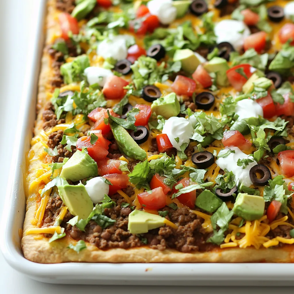 Um diese leckere Taco Pizza zuzubereiten, benötigst du: - 1 große Pizzateig (fertig gekauft oder selbstgemacht) - 1 Tasse Refried Beans - 1 ½ Tassen geriebener Cheddar-Käse - 1 Tasse gekochtes Hackfleisch oder Pute, gewürzt mit Taco-Gewürz - 1 Tasse gewürfelte Tomaten - 1 Tasse geriebener Kopfsalat - ½ Tasse schwarze Oliven, in Scheiben geschnitten - ¼ Tasse Frühlingszwiebeln, in Ringe geschnitten - ½ Tasse Sauerrahm (zum Drizzeln) - 1 Avocado, gewürfelt - 1 Esslöffel Olivenöl - 1 Teelöffel Chilipulver (optional) - Salz und Pfeffer nach Geschmack Diese Zutaten sorgen für einen tollen Geschmack und eine bunte Präsentation. Du kannst die Pizzateig-Option wählen, die dir am besten gefällt. Für mehr Geschmack kannst du zusätzliche Gewürze und Toppings nutzen: - Paprika oder Jalapeños für etwas Schärfe - Mais für eine süße Note - Koriander als frische Garnitur Diese Extras bringen noch mehr Farbe und Geschmack auf deine Pizza. Du kannst kreativ sein und deine Lieblingszutaten hinzufügen. Frische Zutaten machen den Unterschied. Hier sind einige Tipps: - Kaufe reife, frische Tomaten und Avocados. Sie schmecken besser. - Nutze frischen Kopfsalat, um eine knackige Textur zu erhalten. - Achte darauf, die Oliven und Frühlingszwiebeln frisch zu wählen. Mit frischen Zutaten schmeckt die Taco Pizza einfach großartig. So wird jede Portion ein voller Genuss. {{ingredient_image_2}} Zuerst heizt du den Ofen auf 220°C vor. Fette dann ein Backblech leicht ein. Rolle den Pizzateig aus, sodass er das gesamte Blech abdeckt. Wenn du fertigen Teig verwendest, folge den Anweisungen auf der Verpackung. Verteile eine Tasse Refried Beans gleichmäßig über den Teig. Lass dabei einen kleinen Rand frei. Streue dann die Hälfte des geriebenen Cheddar-Käses gleichmäßig darüber. Jetzt kommt das Hackfleisch ins Spiel. Verteile das gewürzte Hackfleisch oder die Pute gleichmäßig über den Käse. Belege die Fleischschicht mit dem restlichen Cheddar und den gewürfelten Tomaten. Drizzle etwas Olivenöl darüber für mehr Geschmack. Optional kannst du auch Chilipulver, Salz und Pfeffer hinzufügen. Backe die Pizza im vorgeheizten Ofen für 15 bis 20 Minuten. Der Käse sollte sprudelnd und goldbraun sein. Nimm die Pizza aus dem Ofen und lasse sie ein paar Minuten abkühlen. Schneide sie dann in Stücke. Jetzt kommt der Spaß! Belade die Pizzastücke großzügig mit geriebenem Kopfsalat, gewürfelter Avocado, schwarzen Oliven und Frühlingszwiebeln. Drizzle Sauerrahm darüber für eine cremige Note. Du kannst die Pizza direkt vom Blech servieren oder die Stücke auf eine große Platte legen. Garniere das Gericht mit frischem Koriander und Limettenstückchen. So sieht die Taco-Variante deiner Pizza noch besser aus! Die perfekte Backzeit für deine Taco Pizza liegt bei 15 bis 20 Minuten. Backe sie bei 220°C. Der Käse sollte goldbraun und sprudelnd sein. Achte darauf, dass der Pizzateig gut durchgebacken ist. Wenn du einen knusprigen Boden magst, backe die Pizza ein paar Minuten länger. Ein häufiger Fehler ist, den Teig zu dick auszurollen. Der Teig sollte dünn sein, damit er gleichmäßig backt. Lass den Teig auch nicht zu lange stehen, bevor du ihn belegst. So bleibt er frisch und knusprig. Achte darauf, das Blech leicht einzufetten, damit die Pizza nicht kleben bleibt. Du kannst die Taco Pizza nach deinem Geschmack anpassen. Probiere verschiedene Käsesorten, wie Gouda oder Mozzarella. Füge mehr Gemüse hinzu, wie Paprika oder Zwiebeln, um den Geschmack zu variieren. Wenn du scharfe Speisen magst, füge Jalapeños hinzu. Du kannst auch die Bohnen gegen schwarze Bohnen ersetzen, um mehr Textur zu erhalten. Pro Tipps Teig richtig ausrollen: Stelle sicher, dass der Pizzateig gleichmäßig und dünn ausgerollt wird, damit er gleichmäßig backt und knusprig wird. Frische Zutaten verwenden: Frische Tomaten, Avocado und Salat sorgen für zusätzlichen Geschmack und Textur. Verwende nach Möglichkeit Bio-Zutaten. Käsevariation: Experimentiere mit verschiedenen Käsesorten wie Monterey Jack oder Pepper Jack für einen würzigeren Geschmack. Garnierungen anpassen: Füge nach Belieben Jalapeños, frischen Koriander oder Limettensaft hinzu, um die Aromen noch zu verstärken. {{image_4}} Für eine vegetarische Version der Blechpfannen Taco Pizza kannst du das Hackfleisch durch mehr Gemüse ersetzen. Zucchini, Paprika und Mais sind tolle Optionen. Du kannst auch schwarze Bohnen oder Kichererbsen verwenden. Diese geben dir eine gute Proteinquelle und viel Geschmack. Achte darauf, die Bohnen gut abzutropfen, damit deine Pizza nicht zu nass wird. Wenn du glutenfrei essen möchtest, wähle glutenfreien Pizzateig. Viele Marken bieten fertige Teige an, die einfach zu verwenden sind. Du kannst auch selbst einen glutenfreien Teig machen. Verwende dazu Mandelmehl oder Reismehl. Achte darauf, die Backzeit eventuell anzupassen, da glutenfreier Teig oft anders reagiert. Wenn du auf Fleisch und Bohnen verzichten möchtest, gibt es viele Alternativen. Probier es mit Tofu oder Tempeh, die du vorher anbraten kannst. Diese Optionen sind lecker und gesund. Du kannst auch Linsen als Fleischersatz verwenden. Sie sind proteinreich und passen gut zu den Gewürzen der Taco Pizza. Nach dem Genießen deiner Blechpfannen Taco Pizza bleiben oft Reste übrig. Du solltest sie richtig lagern, um die Frische zu bewahren. Lege die Stücke in einen luftdichten Behälter. So bleiben sie bis zu drei Tage im Kühlschrank gut. Achte darauf, die Pizza vor dem Schließen des Behälters abkühlen zu lassen. So vermeidest du Kondenswasser, das die Pizza matschig macht. Wenn du mehr Reste hast oder einfach vorsorgen möchtest, kannst du die Pizza einfrieren. Schneide die Pizza in Portionen. Wickel jede Portion in Frischhaltefolie ein und lege sie in einen Gefrierbeutel. So bleibt der Geschmack bis zu drei Monate erhalten. Zum Auftauen lege die gefrorenen Stücke einfach über Nacht in den Kühlschrank. Du kannst die Pizza dann im Ofen aufbacken, um sie wieder knusprig zu machen. Um die Reste gut wiederzuerwärmen, benutze den Ofen. Heiz ihn auf 180°C vor. Lege die Pizzastücke auf ein Backblech. Backe sie für etwa 10 bis 15 Minuten, bis der Käse wieder schmilzt. Alternativ kannst du eine Pfanne verwenden. Erhitze sie ohne Öl und lege die Pizza hinein. Decke die Pfanne mit einem Deckel ab. So bleibt die Pizza schön saftig und wird gleichmäßig warm. Die Blechpfannen Taco Pizza kann bis zu drei Tage im Kühlschrank aufbewahrt werden. Achte darauf, sie in einem luftdichten Behälter zu lagern. So bleibt sie frisch und lecker. Wenn du die Pizza länger aufbewahren möchtest, friere sie ein. In der Gefriertruhe hält sie bis zu drei Monate. Ja, du kannst den Pizzateig selbst machen! Ein einfacher Teig braucht nur Mehl, Wasser, Hefe und etwas Salz. Mische die Zutaten und knete den Teig gut durch. Lass ihn dann für etwa eine Stunde gehen. So erhältst du einen frischen, selbstgemachten Pizzateig. Zu einer Taco Pizza passen viele leckere Beilagen. Hier sind einige meiner Favoriten: - Guacamole: Die cremige Avocado ist ein toller Begleiter. - Salsa: Eine frische Tomatensalsa gibt einen tollen Geschmack. - Jalapeños: Für einen extra Kick sind sie perfekt. - Koriander: Frischer Koriander bringt Frische ins Spiel. - Limettenspalten: Ein Spritzer Limette macht alles besser. Probiere verschiedene Kombinationen aus und finde deine Lieblingsbeilagen! Die Blechpfannen Taco Pizza ist einfach zuzubereiten und macht großen Spaß. Wir haben die besten Zutaten und Gewürze besprochen. Tipps zur Zubereitung helfen dir, Fehler zu vermeiden. Du kannst mit dem Rezept spielen, um Varianten wie vegetarische Optionen zu finden. Reste sind leicht aufzubewahren oder einzufrieren. Damit hast du immer einen Snack zur Hand. Das macht die Taco Pizza nicht nur lecker, sondern auch praktisch. Teste die Ideen und genieße deine eigene Kreation!