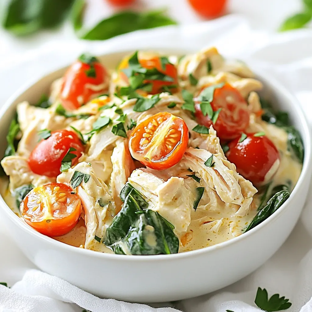 - 4 Hähnchenbrustfilets ohne Haut und ohne Knochen - 1 Päckchen Ranch-Gewürzmischung - 1 Tasse natriumarme Hühnerbrühe Die Hauptbestandteile sind einfach zu finden. Die Hähnchenbrust ist mager und zart. Die Ranch-Gewürzmischung bringt den typischen Geschmack. Sie gibt dem Gericht ein würziges Aroma. Die Hühnerbrühe sorgt für eine saftige Basis. Sie hilft, das Hähnchen zu garen. - 1 Tasse Frischkäse, zimmerwarm - 1 Tasse frischer Spinat, grob gehackt - 1 Tasse Kirschtomaten, halbiert Die zusätzlichen Zutaten machen das Gericht reichhaltiger. Frischkäse fügt Cremigkeit hinzu. Er schmilzt gut und macht alles lecker. Der Spinat bringt frische und Farbe ins Gericht. Kirschtomaten sorgen für eine süße Note. Sie machen die Mahlzeit noch bunter und gesünder. - 1 Teelöffel Knoblauchpulver - Salz und Pfeffer nach Geschmack - Frische Petersilie zur Garnierung (optional) Die Gewürze sind wichtig für den Geschmack. Knoblauchpulver gibt dem Gericht Tiefe. Salz und Pfeffer bringen alles zusammen. Sie helfen, die Aromen zu verstärken. Frische Petersilie als Garnierung sieht schön aus. Sie gibt dem Gericht Frische und einen weiteren Geschmack. {{ingredient_image_2}} Für das beste Ergebnis starte ich mit der Vorbereitung der Hähnchenbrustfilets. Ich nehme vier Hähnchenbrustfilets ohne Haut und ohne Knochen. Diese lege ich gleichmäßig auf den Boden des Crockpots. Als nächstes wasche ich das Gemüse. Ich schneide die Kirschtomaten in zwei Hälften und hacke den frischen Spinat grob. Diese Schritte helfen, die Aromen besser zu entfalten. Nun stelle ich die Temperatureinstellungen des Crockpots ein. Ich wähle die niedrige Temperatur und stelle die Garzeit auf 4 bis 5 Stunden ein. Das Hähnchen wird so zart sein und wunderbar schmecken. Jetzt schichte ich die Zutaten in den Crockpot. Zuerst streue ich die Ranch-Gewürzmischung gleichmäßig über die Hähnchenbrustfilets. Dann gieße ich die natriumarme Hühnerbrühe darüber, sodass das Hähnchen gut bedeckt ist. Ich füge auch einen Teelöffel Knoblauchpulver sowie Salz und Pfeffer nach Geschmack hinzu. Ich rühre alles vorsichtig um, damit sich die Gewürze gut verteilen. Nach dem Garen ist es Zeit, das Hähnchen zu zerkleinern. Ich nehme zwei Gabeln und zerreiße das Hähnchen direkt im Crockpot. Dabei vermenge ich alles gut, um eine cremige Konsistenz zu schaffen. Für den letzten Schliff gebe ich den zimmerwarmen Frischkäse in den Crockpot. Ich rühre ihn gut ein, bis er vollständig eingearbeitet ist. Dann füge ich den gehackten Spinat und die halbierten Kirschtomaten hinzu. Ich decke den Crockpot erneut ab und lasse alles für weitere 20 bis 30 Minuten garen, bis der Spinat verwelkt und die Tomaten weich sind. Ich serviere das Gericht in Schalen, garniert mit frischer Petersilie. Dazu passt Reis oder frisches Brot, um die köstliche Soße aufzusaugen. Um das Aroma zu verstärken, können Sie die Gewürze anpassen. Fügen Sie mehr Knoblauchpulver oder frisch gehackten Knoblauch hinzu. Für einen schärferen Geschmack, probieren Sie etwas Paprika oder Cayennepfeffer. Diese kleinen Änderungen machen viel aus. Die richtige Konsistenz ist wichtig. Der Frischkäse sorgt für Cremigkeit. Wenn die Mischung zu dick ist, fügen Sie etwas mehr Hühnerbrühe hinzu. Achten Sie darauf, dass das Hähnchen gut bedeckt bleibt. Bereiten Sie alles im Voraus vor. Marinieren Sie die Hähnchenbrustfilets über Nacht mit der Ranch-Gewürzmischung. So entfalten sich die Aromen besser. Dies spart Zeit am Kochtag. Verwenden Sie auch Tiefkühlprodukte. Tiefgefrorener Spinat eignet sich gut. Er braucht keine Vorbereitung und ist immer bereit. So können Sie die Zubereitung noch schneller machen. Überkochen kann die Textur des Hähnchens ruinieren. Setzen Sie den Timer genau. Kochen Sie das Hähnchen vier bis fünf Stunden. So bleibt es zart und saftig. Um ein Anbrennen zu verhindern, stellen Sie sicher, dass genug Flüssigkeit im Crockpot ist. Wenn nötig, gießen Sie mehr Hühnerbrühe hinzu. Decken Sie den Crockpot immer gut ab, damit die Feuchtigkeit nicht entweicht. Pro Tipps Hähnchen marinieren: Lassen Sie die Hähnchenbrustfilets vor dem Garen einige Stunden oder über Nacht mit der Ranch-Gewürzmischung marinieren, um den Geschmack zu intensivieren. Frischkäse richtig einarbeiten: Stellen Sie sicher, dass der Frischkäse zimmerwarm ist, damit er sich besser in die Hähnchenmischung einfügt und eine cremige Konsistenz entsteht. Spinat frisch hinzufügen: Fügen Sie den Spinat kurz vor dem Servieren hinzu, um sicherzustellen, dass er seine leuchtende Farbe und Nährstoffe behält. Perfekte Beilage wählen: Servieren Sie das Gericht mit Reis oder frischem Brot, um die köstliche Soße aufzusaugen und ein komplettes Essen zu genießen. {{image_4}} Für vegane Optionen können Sie pflanzliches Hähnchen verwenden. Es gibt viele Marken, die tolle Alternativen bieten. Diese ersetzen das Hähnchen gut in diesem Rezept. Veganer Frischkäse ist eine weitere wichtige Zutat. Er sorgt für die cremige Konsistenz, die jeder liebt. Achten Sie darauf, dass er gut schmilzt, damit die Mischung gut wird. Das Rezept lässt sich leicht erweitern. Fügen Sie mehr Gemüse hinzu, um den Nährwert zu steigern. Zucchini, Paprika oder Brokkoli passen sehr gut. Käsevarianten wie Cheddar oder Mozzarella bringen zusätzliche Cremigkeit. Diese Käse schmelzen gut und schmecken lecker. Experimentieren Sie mit verschiedenen Sorten für neue Geschmäcker. Das Gewürzprofil lässt sich kreativ anpassen. Sie können die Ranch-Gewürzmischung mit Kräutern erweitern. Frischer Dill oder Oregano geben dem Gericht eine neue Tiefe. Auch mediterrane oder asiatische Geschmäcker sind spannend. Fügen Sie zum Beispiel Basilikum oder Sojasauce hinzu. Diese Variationen machen das Gericht noch interessanter. - Kühlschrankaufbewahrung: Bewahren Sie das Hähnchen in einem luftdichten Behälter auf. Es bleibt frisch für 3 bis 4 Tage. - Gefrieroptionen: Sie können das Gericht einfrieren. Verwenden Sie einen gefrierfesten Behälter oder einen Gefrierbeutel. So bleibt es bis zu 3 Monate haltbar. - Empfohlene Lagerzeiten: Im Kühlschrank 3 bis 4 Tage. Im Gefrierfach bis zu 3 Monate. - Hinweise zum Wiederaufwärmen: Erwärmen Sie das Hähnchen auf dem Herd oder in der Mikrowelle. Stellen Sie sicher, dass es gleichmäßig heiß ist. - Kreative Rezeptideen mit übrig gebliebenem Hähnchen: Nutzen Sie das Hähnchen für Wraps, Salate oder Pasta. Es schmeckt auch in einer Suppe gut. - Einfrieren und Neuzubereitung: Wenn Sie Reste einfrieren, tauen Sie sie im Kühlschrank auf. Erhitzen Sie die Reste, bis sie heiß sind. So bleibt der Geschmack erhalten. Die gesamte Zubereitungs- und Garzeit beträgt etwa fünf Stunden. Die Vorbereitung dauert nur 15 Minuten. Danach lässt man das Hähnchen 4 bis 5 Stunden im Crockpot garen. Bei niedriger Temperatur wird es zart und saftig. Ja, du kannst auch andere Fleischsorten verwenden. Zum Beispiel ist Putenbrust eine gute Wahl. Du kannst auch Hähnchenschenkel nehmen, falls du mehr Geschmack willst. Rindfleisch oder Schweinefleisch sind ebenfalls Optionen, aber die Garzeit kann länger sein. Achte darauf, die Garzeiten anzupassen. Ideale Beilagen für Crockpot Ranch Chicken sind Reis oder frisches Brot. Beides hilft, die köstliche Soße aufzunehmen. Auch ein frischer Salat passt gut dazu. Du kannst auch gebratenes Gemüse oder Kartoffeln als Beilage wählen. Ja, du kannst die Ranch-Gewürzmischung selbst machen. Mische einfach folgende Zutaten: - 1 Esslöffel getrockneter Dill - 1 Esslöffel Knoblauchpulver - 1 Esslöffel Zwiebelpulver - 1 Teelöffel Salz - 1 Teelöffel schwarzer Pfeffer Diese Mischung ist frisch und würzig. Sie passt perfekt zu deinem Hähnchen. In diesem Artikel haben wir die wichtigsten Zutaten für Crockpot Ranch Chicken besprochen. Hierzu zählen Hähnchenbrust, Ranch-Gewürz, Frischkäse und Spinat. Ich habe dir gezeigt, wie du alles vorbereitest, garst und servierst. Außerdem gab es Tipps, um dein Gericht zu perfektionieren und häufige Fehler zu vermeiden. Experimentiere mit veganen Alternativen oder neuen Geschmäckern, um Abwechslung zu schaffen. Denke daran, Reste kreativ zu verwenden. So bleibt dein Essen spannend und lecker.