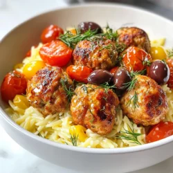 - 450 g gemahlenes Hühnchen - 125 g Semmelbrösel (vorzugsweise Vollkorn) - 60 g Fetakäse, zerbröselt - 60 g frisch gehackte Petersilie - 60 g fein gehackte rote Zwiebel - 2 Knoblauchzehen, gehackt - 1 Teelöffel getrockneter Oregano - 1 Teelöffel gemahlener Kreuzkümmel - Schale von 1 Zitrone - Salz und Pfeffer nach Geschmack - 1 Ei, verquirlt - 100 g Orzo-Nudeln - 480 ml Gemüsebrühe (oder Wasser) - 1 Esslöffel Olivenöl - Saft von 1 Zitrone - 120 g Kirschtomaten, halbiert - 40 g Kalamata-Oliven, halbiert - Salz und Pfeffer nach Geschmack - Frischer Dill zum Garnieren Frische Kräuter bringen mehr Geschmack. Ich empfehle frische Petersilie und Dill. Sie sind leicht zu finden. Verwende die getrocknete Version, wenn frisch nicht verfügbar ist. Trockenkräuter sind stärker. Du brauchst weniger davon. Bei getrockneten Kräutern ist ein Teelöffel oft genug. Frische Kräuter haben den besten Geschmack. Sie werden die Aromen deiner Gerichte stark verbessern. {{ingredient_image_2}} Um die Hühnchenfleischbällchen zuzubereiten, beginne mit der Vorbereitung. Heize deinen Ofen auf 200°C vor. Das ist wichtig, damit die Bällchen gleichmäßig garen. Nimm eine große Rührschüssel und füge die folgenden Zutaten hinzu: - 450 g gemahlenes Hühnchen - 125 g Semmelbrösel (vorzugsweise Vollkorn) - 60 g Fetakäse, zerbröselt - 60 g frisch gehackte Petersilie - 60 g fein gehackte rote Zwiebel - 2 Knoblauchzehen, gehackt - 1 Teelöffel getrockneter Oregano - 1 Teelöffel gemahlener Kreuzkümmel - Schale von 1 Zitrone - Salz und Pfeffer nach Geschmack - 1 Ei, verquirlt Mische alles gut. Die Mischung sollte gleichmäßig sein und gut duften. Forme kleine Bällchen mit einem Durchmesser von etwa 2,5 cm. Lege sie auf ein mit Backpapier ausgelegtes Blech. Jetzt, wo die Bällchen bereit sind, kannst du den Zitronen-Orzo zubereiten. Bring in einem mittleren Topf 480 ml Gemüsebrühe zum Kochen. Füge 100 g Orzo-Nudeln hinzu. Reduziere die Hitze dann auf ein leichtes Köcheln. Koche die Nudeln für etwa 8-10 Minuten, bis sie al dente sind. Überprüfe die Packungsanweisung für die genaue Zeit. Sobald die Nudeln fertig sind, lasse überschüssige Brühe abtropfen. Rühre dann 1 Esslöffel Olivenöl, den Saft von 1 Zitrone, 120 g halbierte Kirschtomaten und 40 g halbierte Kalamata-Oliven unter. Schmecke mit Salz und Pfeffer ab. Jetzt ist es Zeit, die Hühnchenfleischbällchen zu backen. Schiebe das Blech in den vorgeheizten Ofen. Backe die Bällchen für 20-25 Minuten. Achte darauf, dass sie goldbraun und durchgegart sind. Du kannst sie während des Backens einmal wenden, um eine gleichmäßige Bräunung zu erreichen. Wenn sie fertig sind, nimm die Bällchen aus dem Ofen und serviere sie auf dem Zitronen-Orzo. Garniere das Gericht mit frischem Dill für den letzten Schliff. Um die besten Hühnchenfleischbällchen zu machen, achte auf die Mischung. Verwende frisches Hühnchen, das nicht zu trocken ist. Die Semmelbrösel binden die Feuchtigkeit. Zu viele Brösel machen die Fleischbällchen trocken. - Halte die Konsistenz feucht, aber nicht matschig. - Mische alles gut, aber überarbeite die Mischung nicht. - Forme gleich große Bällchen für ein gleichmäßiges Garen. Der Zitronen-Orzo ist vielseitig. Du kannst ihn nach deinem Geschmack anpassen. Füge für mehr Geschmack frische Kräuter wie Basilikum oder Minze hinzu. - Ersetze die Kirschtomaten durch Paprika oder Zucchini. - Probiere andere Olivenarten für einen anderen Geschmack. - Verwende Gemüsebrühe mit Kräutern für zusätzlichen Geschmack. Garnitur macht das Gericht lebendig. Frischer Dill bringt Farbe und Aroma. Zitronenscheiben sind ebenfalls eine tolle Option. - Serviere die Fleischbällchen auf einem großen Teller. - Platziere den Zitronen-Orzo in der Mitte. - Füge etwas Rucola oder Babyspinat für mehr Frische hinzu. Mit diesen Tipps machst du dein Gericht noch besser! Pro Tipps Frische Kräuter verwenden: Verwende frische Kräuter anstelle von getrockneten, um den Geschmack der Fleischbällchen zu intensivieren. Fleischbällchen gleichmäßig formen: Achte darauf, die Fleischbällchen gleichmäßig zu formen, damit sie gleichmäßig garen. Orzo perfekt kochen: Achte darauf, den Orzo al dente zu kochen, damit er nicht matschig wird und eine angenehme Textur behält. Serviertipps: Garniere das Gericht mit frischem Dill und Zitronenscheiben, um ihm einen zusätzlichen Frischekick zu verleihen. {{image_4}} Für eine fleischlose Option kannst du Kichererbsen verwenden. Mische sie mit Semmelbröseln, Feta und Kräutern. Du kannst auch Quinoa als Basis nehmen. Das gibt den Bällchen eine gute Textur. Verwende dieselben Gewürze und die Zitrone für den gleichen frischen Geschmack. Probiere auch schwarze Bohnen für eine andere Geschmacksrichtung aus. Sie sind herzhaft und proteinreich. Orzo wird oft aus Weizen gemacht, aber es gibt glutenfreie Alternativen. Du kannst Reis- oder Mais-Orzo verwenden. Diese sind leicht erhältlich und bieten einen ähnlichen Geschmack. Achte darauf, die Kochzeit anzupassen. Reis benötigt oft mehr Wasser und Zeit. So bleibt dein Gericht glutenfrei und lecker. Wenn du keine Lust hast zu backen, probiere das Pfannenbraten. Erhitze etwas Olivenöl in einer Pfanne. Brate die Fleischbällchen rundum goldbraun. Sie brauchen weniger Zeit als im Ofen. Achte darauf, sie nicht zu überfüllen. So garen sie gleichmäßig. Dies gibt den Bällchen eine knusprige Außenseite. Serviere sie mit dem Zitronen-Orzo für ein schnelles, leckeres Essen. Um deine Hühnchenfleischbällchen frisch zu halten, lege sie in einen luftdichten Behälter. Du kannst auch Frischhaltefolie verwenden. Lagere sie im Kühlschrank. So bleiben sie bis zu drei Tage gut. Wenn du sie länger aufbewahren möchtest, friere sie ein. Achte darauf, dass sie gut verpackt sind, damit sie nicht austrocknen. Der Zitronen-Orzo sollte ebenfalls in einem luftdichten Behälter gelagert werden. Stelle sicher, dass er abgekühlt ist, bevor du ihn verschließt. So bleibt er frisch bis zu zwei Tage im Kühlschrank. Vermeide es, ihn mit zu viel Flüssigkeit zu lagern, da er sonst matschig wird. Wenn du die gesamte Mahlzeit einfrieren möchtest, ist das möglich. Teile die Fleischbällchen und den Orzo in Portionen auf. Verwende gefrierfreundliche Beutel oder Behälter. Beschrifte die Verpackungen mit dem Datum. Zum Auftauen lege sie über Nacht in den Kühlschrank. So bleiben Geschmack und Textur erhalten. Hühnchenfleischbällchen kann man bis zu drei Tage im Kühlschrank aufbewahren. Stelle sicher, dass sie in einem luftdichten Behälter sind. Wenn du sie länger aufbewahren möchtest, friere sie ein. So bleiben sie bis zu drei Monate frisch. Vor dem Servieren, tau die gefrorenen Fleischbällchen im Kühlschrank auf und erhitze sie gut. Ja, du kannst andere Pasta verwenden. Basmati-Reis oder Farfalle sind gute Alternativen. Achte darauf, die Kochzeit entsprechend anzupassen. Wenn du eine glutenfreie Option suchst, probiere Reisnudeln oder glutenfreie Pasta. Sie passen ebenfalls gut zu den Hühnchenfleischbällchen und dem Zitronengeschmack. Zu den griechischen Hühnchenfleischbällchen passen viele Beilagen gut. Ein einfacher grüner Salat mit Zitronen-Dressing ist frisch und leicht. Auch gegrilltes Gemüse oder Tzatziki sind tolle Begleiter. Für einen herzhaften Akzent kannst du auch Fladenbrot servieren. Das rundet das Gericht wunderbar ab. Diese Anleitung zeigt, wie man leckere Hühnchenfleischbällchen und Zitronen-Orzo zubereitet. Wir haben die Zutaten besprochen, wie man die Gerichte effektiv kocht und aufbewahrt. Außerdem gab es Tipps für Variationen, Konsistenz und Servieroptionen. Experimentiere mit verschiedenen Kräutern und Zutaten, um dein Gericht zu verbessern. Lass deiner Kreativität freien Lauf und genieße die Zeit in der Küche! Diese Gerichte sind einfach und lecker.