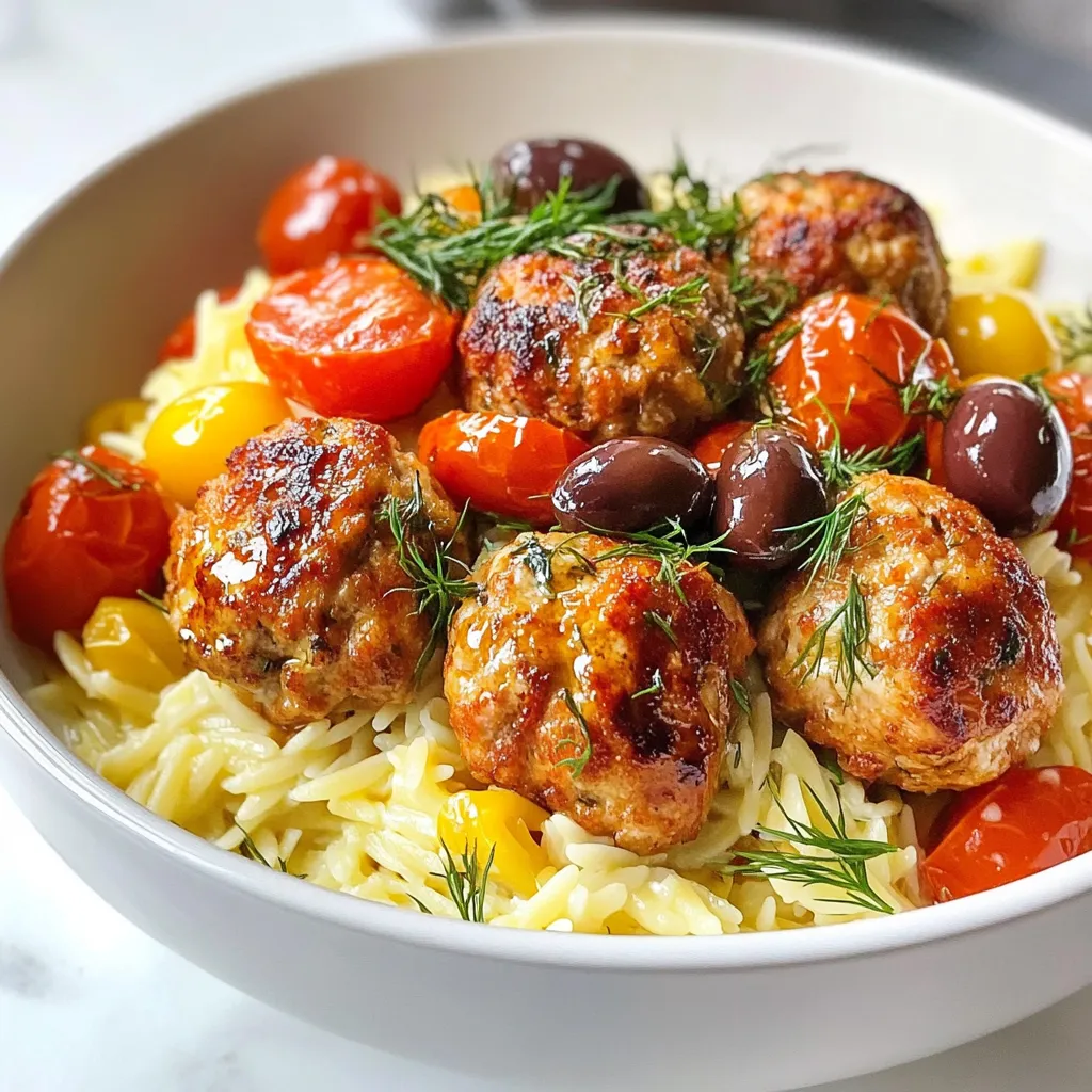 - 450 g gemahlenes Hühnchen - 125 g Semmelbrösel (vorzugsweise Vollkorn) - 60 g Fetakäse, zerbröselt - 60 g frisch gehackte Petersilie - 60 g fein gehackte rote Zwiebel - 2 Knoblauchzehen, gehackt - 1 Teelöffel getrockneter Oregano - 1 Teelöffel gemahlener Kreuzkümmel - Schale von 1 Zitrone - Salz und Pfeffer nach Geschmack - 1 Ei, verquirlt - 100 g Orzo-Nudeln - 480 ml Gemüsebrühe (oder Wasser) - 1 Esslöffel Olivenöl - Saft von 1 Zitrone - 120 g Kirschtomaten, halbiert - 40 g Kalamata-Oliven, halbiert - Salz und Pfeffer nach Geschmack - Frischer Dill zum Garnieren Frische Kräuter bringen mehr Geschmack. Ich empfehle frische Petersilie und Dill. Sie sind leicht zu finden. Verwende die getrocknete Version, wenn frisch nicht verfügbar ist. Trockenkräuter sind stärker. Du brauchst weniger davon. Bei getrockneten Kräutern ist ein Teelöffel oft genug. Frische Kräuter haben den besten Geschmack. Sie werden die Aromen deiner Gerichte stark verbessern. {{ingredient_image_2}} Um die Hühnchenfleischbällchen zuzubereiten, beginne mit der Vorbereitung. Heize deinen Ofen auf 200°C vor. Das ist wichtig, damit die Bällchen gleichmäßig garen. Nimm eine große Rührschüssel und füge die folgenden Zutaten hinzu: - 450 g gemahlenes Hühnchen - 125 g Semmelbrösel (vorzugsweise Vollkorn) - 60 g Fetakäse, zerbröselt - 60 g frisch gehackte Petersilie - 60 g fein gehackte rote Zwiebel - 2 Knoblauchzehen, gehackt - 1 Teelöffel getrockneter Oregano - 1 Teelöffel gemahlener Kreuzkümmel - Schale von 1 Zitrone - Salz und Pfeffer nach Geschmack - 1 Ei, verquirlt Mische alles gut. Die Mischung sollte gleichmäßig sein und gut duften. Forme kleine Bällchen mit einem Durchmesser von etwa 2,5 cm. Lege sie auf ein mit Backpapier ausgelegtes Blech. Jetzt, wo die Bällchen bereit sind, kannst du den Zitronen-Orzo zubereiten. Bring in einem mittleren Topf 480 ml Gemüsebrühe zum Kochen. Füge 100 g Orzo-Nudeln hinzu. Reduziere die Hitze dann auf ein leichtes Köcheln. Koche die Nudeln für etwa 8-10 Minuten, bis sie al dente sind. Überprüfe die Packungsanweisung für die genaue Zeit. Sobald die Nudeln fertig sind, lasse überschüssige Brühe abtropfen. Rühre dann 1 Esslöffel Olivenöl, den Saft von 1 Zitrone, 120 g halbierte Kirschtomaten und 40 g halbierte Kalamata-Oliven unter. Schmecke mit Salz und Pfeffer ab. Jetzt ist es Zeit, die Hühnchenfleischbällchen zu backen. Schiebe das Blech in den vorgeheizten Ofen. Backe die Bällchen für 20-25 Minuten. Achte darauf, dass sie goldbraun und durchgegart sind. Du kannst sie während des Backens einmal wenden, um eine gleichmäßige Bräunung zu erreichen. Wenn sie fertig sind, nimm die Bällchen aus dem Ofen und serviere sie auf dem Zitronen-Orzo. Garniere das Gericht mit frischem Dill für den letzten Schliff. Um die besten Hühnchenfleischbällchen zu machen, achte auf die Mischung. Verwende frisches Hühnchen, das nicht zu trocken ist. Die Semmelbrösel binden die Feuchtigkeit. Zu viele Brösel machen die Fleischbällchen trocken. - Halte die Konsistenz feucht, aber nicht matschig. - Mische alles gut, aber überarbeite die Mischung nicht. - Forme gleich große Bällchen für ein gleichmäßiges Garen. Der Zitronen-Orzo ist vielseitig. Du kannst ihn nach deinem Geschmack anpassen. Füge für mehr Geschmack frische Kräuter wie Basilikum oder Minze hinzu. - Ersetze die Kirschtomaten durch Paprika oder Zucchini. - Probiere andere Olivenarten für einen anderen Geschmack. - Verwende Gemüsebrühe mit Kräutern für zusätzlichen Geschmack. Garnitur macht das Gericht lebendig. Frischer Dill bringt Farbe und Aroma. Zitronenscheiben sind ebenfalls eine tolle Option. - Serviere die Fleischbällchen auf einem großen Teller. - Platziere den Zitronen-Orzo in der Mitte. - Füge etwas Rucola oder Babyspinat für mehr Frische hinzu. Mit diesen Tipps machst du dein Gericht noch besser! Pro Tipps Frische Kräuter verwenden: Verwende frische Kräuter anstelle von getrockneten, um den Geschmack der Fleischbällchen zu intensivieren. Fleischbällchen gleichmäßig formen: Achte darauf, die Fleischbällchen gleichmäßig zu formen, damit sie gleichmäßig garen. Orzo perfekt kochen: Achte darauf, den Orzo al dente zu kochen, damit er nicht matschig wird und eine angenehme Textur behält. Serviertipps: Garniere das Gericht mit frischem Dill und Zitronenscheiben, um ihm einen zusätzlichen Frischekick zu verleihen. {{image_4}} Für eine fleischlose Option kannst du Kichererbsen verwenden. Mische sie mit Semmelbröseln, Feta und Kräutern. Du kannst auch Quinoa als Basis nehmen. Das gibt den Bällchen eine gute Textur. Verwende dieselben Gewürze und die Zitrone für den gleichen frischen Geschmack. Probiere auch schwarze Bohnen für eine andere Geschmacksrichtung aus. Sie sind herzhaft und proteinreich. Orzo wird oft aus Weizen gemacht, aber es gibt glutenfreie Alternativen. Du kannst Reis- oder Mais-Orzo verwenden. Diese sind leicht erhältlich und bieten einen ähnlichen Geschmack. Achte darauf, die Kochzeit anzupassen. Reis benötigt oft mehr Wasser und Zeit. So bleibt dein Gericht glutenfrei und lecker. Wenn du keine Lust hast zu backen, probiere das Pfannenbraten. Erhitze etwas Olivenöl in einer Pfanne. Brate die Fleischbällchen rundum goldbraun. Sie brauchen weniger Zeit als im Ofen. Achte darauf, sie nicht zu überfüllen. So garen sie gleichmäßig. Dies gibt den Bällchen eine knusprige Außenseite. Serviere sie mit dem Zitronen-Orzo für ein schnelles, leckeres Essen. Um deine Hühnchenfleischbällchen frisch zu halten, lege sie in einen luftdichten Behälter. Du kannst auch Frischhaltefolie verwenden. Lagere sie im Kühlschrank. So bleiben sie bis zu drei Tage gut. Wenn du sie länger aufbewahren möchtest, friere sie ein. Achte darauf, dass sie gut verpackt sind, damit sie nicht austrocknen. Der Zitronen-Orzo sollte ebenfalls in einem luftdichten Behälter gelagert werden. Stelle sicher, dass er abgekühlt ist, bevor du ihn verschließt. So bleibt er frisch bis zu zwei Tage im Kühlschrank. Vermeide es, ihn mit zu viel Flüssigkeit zu lagern, da er sonst matschig wird. Wenn du die gesamte Mahlzeit einfrieren möchtest, ist das möglich. Teile die Fleischbällchen und den Orzo in Portionen auf. Verwende gefrierfreundliche Beutel oder Behälter. Beschrifte die Verpackungen mit dem Datum. Zum Auftauen lege sie über Nacht in den Kühlschrank. So bleiben Geschmack und Textur erhalten. Hühnchenfleischbällchen kann man bis zu drei Tage im Kühlschrank aufbewahren. Stelle sicher, dass sie in einem luftdichten Behälter sind. Wenn du sie länger aufbewahren möchtest, friere sie ein. So bleiben sie bis zu drei Monate frisch. Vor dem Servieren, tau die gefrorenen Fleischbällchen im Kühlschrank auf und erhitze sie gut. Ja, du kannst andere Pasta verwenden. Basmati-Reis oder Farfalle sind gute Alternativen. Achte darauf, die Kochzeit entsprechend anzupassen. Wenn du eine glutenfreie Option suchst, probiere Reisnudeln oder glutenfreie Pasta. Sie passen ebenfalls gut zu den Hühnchenfleischbällchen und dem Zitronengeschmack. Zu den griechischen Hühnchenfleischbällchen passen viele Beilagen gut. Ein einfacher grüner Salat mit Zitronen-Dressing ist frisch und leicht. Auch gegrilltes Gemüse oder Tzatziki sind tolle Begleiter. Für einen herzhaften Akzent kannst du auch Fladenbrot servieren. Das rundet das Gericht wunderbar ab. Diese Anleitung zeigt, wie man leckere Hühnchenfleischbällchen und Zitronen-Orzo zubereitet. Wir haben die Zutaten besprochen, wie man die Gerichte effektiv kocht und aufbewahrt. Außerdem gab es Tipps für Variationen, Konsistenz und Servieroptionen. Experimentiere mit verschiedenen Kräutern und Zutaten, um dein Gericht zu verbessern. Lass deiner Kreativität freien Lauf und genieße die Zeit in der Küche! Diese Gerichte sind einfach und lecker.