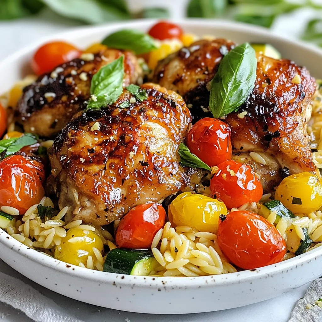 Um ein köstliches Ein-Pfanne Balsamico-Hühnchen mit Orzo zu machen, brauchen Sie: - 2 Esslöffel Olivenöl - 4 entbeinte, hautlose Hähnchenschenkel - Salz und Pfeffer nach Geschmack - 1 Teelöffel Knoblauchpulver - 1 Teelöffel getrockneter Oregano - 1 Tasse Orzo-Pasta - 1 Tasse Kirschtomaten, halbiert - 1 mittlere Zucchini, gewürfelt - 1/2 Tasse Balsamico-Essig - 2 Tassen Hühnerbrühe - Frische Basilikumblätter zum Garnieren - Geriebener Parmesan (optional) Diese Zutaten geben dem Gericht Geschmack und Farbe. Das Hähnchen wird zart, und die Orzo-Pasta nimmt die Aromen gut auf. Falls Sie einige Zutaten nicht haben, hier sind einige Alternativen: - Verwenden Sie Rapsöl anstelle von Olivenöl. - Statt Hähnchenschenkeln können Sie Hähnchenbrust verwenden. - Für einen milderen Geschmack können Sie das Knoblauchpulver weglassen. - Wenn Sie keine Zucchini haben, nehmen Sie Paprika oder Karotten. - Weißweinessig kann den Balsamico-Essig ersetzen. - Gemüsebrühe funktioniert auch gut anstelle von Hühnerbrühe. Diese Alternativen helfen, das Gericht anzupassen und dennoch köstlich zu halten. Für die Zubereitung benötigen Sie einige einfache Küchenutensilien: - Eine große Pfanne - Ein Holzlöffel oder Spatel - Ein Messer und Schneidebrett - Eine Tasse zum Abmessen - Eine Schüssel für die Zutaten Diese Utensilien machen die Zubereitung einfach und schnell. Mit diesen Werkzeugen sind Sie bereit, das Gericht zuzubereiten. {{ingredient_image_2}} Zuerst erhitzt du das Olivenöl in einer großen Pfanne. Stelle die Hitze auf mittel bis hoch. Während das Öl heiß wird, würze die Hähnchenschenkel mit Salz, Pfeffer, Knoblauchpulver und Oregano. Das gibt dem Hähnchen einen tollen Geschmack. Lege die Hähnchenschenkel in die Pfanne. Brate sie etwa 6 bis 7 Minuten pro Seite an. Sie sollten goldbraun und durchgegart sein. Nimm das Hähnchen aus der Pfanne und lege es beiseite. In der gleichen Pfanne fügst du die halbierten Kirschtomaten und die gewürfelte Zucchini hinzu. Dünste das Gemüse etwa 3 bis 4 Minuten. Es sollte leicht weich werden, aber nicht matschig. Diese Schritte bringen frische Aromen in dein Gericht. Das Gemüse wird später mit dem Hähnchen und der Orzo-Pasta kombiniert. Jetzt ist es Zeit für die Orzo-Pasta. Rühre die Orzo-Pasta in die Pfanne und lasse sie eine Minute anrösten. Das gibt der Pasta mehr Geschmack. Gieße dann den Balsamico-Essig und die Hühnerbrühe dazu. Mische alles gut durch. Lege die Hähnchenschenkel wieder in die Pfanne. Drücke sie leicht in die Orzo-Mischung. Bringe das Ganze zum Köcheln und decke die Pfanne ab. Lasse es 10 bis 12 Minuten kochen, bis die Orzo-Pasta al dente ist. Nach dem Kochen lasse das Gericht kurz ruhen. Lockere die Orzo-Pasta mit einer Gabel auf und garniere sie mit frischen Basilikumblättern. Geriebener Parmesan ist eine leckere Option. Um das Hähnchen zart und saftig zu machen, gibt es einige einfache Tricks. Erstens, braten Sie das Hähnchen bei mittlerer Hitze. Hohe Hitze kann das Fleisch austrocknen. Zweitens, würzen Sie es gut mit Salz und Pfeffer. Dies hilft, den Geschmack zu verstärken. Drittens, lassen Sie das Hähnchen nach dem Kochen ruhen. Dies gibt dem Saft Zeit, sich im Fleisch zu verteilen. Die Orzo-Pasta sollte al dente sein. Das bedeutet, sie hat einen leichten Biss. Kochen Sie die Orzo für etwa 10 Minuten in der Hühnerbrühe. Rühren Sie gut um, damit sie nicht klebt. Wenn die Flüssigkeit fast weg ist, nehmen Sie die Pfanne vom Herd. Lassen Sie die Orzo noch ein paar Minuten ruhen. So wird sie perfekt. Um den Geschmack zu verbessern, können Sie frische Kräuter nutzen. Basilikum passt sehr gut zu diesem Gericht. Fügen Sie auch etwas Zitrone hinzu. Der Saft bringt Frische und Tiefe. Wenn Sie es würziger mögen, probieren Sie rote Paprika oder Chili-Flocken. Diese geben dem Gericht einen schönen Kick. Auch geriebener Parmesan verleiht zusätzliche Cremigkeit. Pro Tipps Hähnchen marinieren: Marinieren Sie das Hähnchen einige Stunden oder über Nacht im Balsamico-Essig, um noch mehr Geschmack zu erzielen. Orzo nicht überkochen: Achten Sie darauf, die Orzo-Pasta al dente zu kochen, damit sie die perfekte Textur behält. Gemüse variieren: Experimentieren Sie mit verschiedenen Gemüsesorten wie Paprika oder Spinat, um zusätzliche Aromen und Farben hinzuzufügen. Parmesan hinzufügen: Für einen extra cremigen Geschmack können Sie den geriebenen Parmesan direkt in die Pfanne geben, bevor Sie das Gericht servieren. {{image_4}} Wenn Sie eine vegetarische Variante von Ein-Pfanne Balsamico-Hühnchen Orzo ausprobieren möchten, können Sie Tofu verwenden. Schneiden Sie den Tofu in Würfel und braten Sie ihn in Olivenöl an, bis er goldbraun ist. Sie können auch Blattgemüse wie Spinat oder Grünkohl hinzufügen. Fügen Sie das Gemüse nach dem Anbraten des Tofus hinzu, damit es weich wird und die Aromen aufnimmt. Um das Gericht noch leckerer zu machen, können Sie Feta oder Oliven hinzufügen. Feta bringt eine cremige Textur und einen salzigen Geschmack. Fügen Sie ihn einfach kurz vor dem Servieren hinzu. Oliven, zum Beispiel Kalamata, sorgen für einen herzhaften Kick. Schneiden Sie die Oliven in Scheiben und mischen Sie sie am Ende unter die Orzo-Pasta. Experimentieren Sie mit verschiedenen Gewürzen und Kräutern. Frisches Basilikum ist ein Muss, aber Sie können auch Thymian oder Rosmarin nutzen. Diese Kräuter geben dem Gericht einen frischen und aromatischen Geschmack. Für mehr Schärfe können Sie rote Pfefferflocken hinzufügen. Diese kleinen Anpassungen können Ihr Gericht auf ein neues Level heben! Um Ein-Pfanne Balsamico-Hühnchen mit Orzo frisch zu halten, lassen Sie das Gericht zuerst abkühlen. Teilen Sie die Reste in luftdichte Behälter auf. Sie können es auch in einem großen Behälter aufbewahren. Stellen Sie sicher, dass die Behälter gut verschlossen sind. So bleibt der Geschmack erhalten. Wenn Sie das Gericht länger aufbewahren möchten, können Sie es einfrieren. Achten Sie darauf, das Gericht in Portionen zu verpacken. So können Sie es leicht auftauen und aufwärmen. Im Kühlschrank hält sich das Gericht etwa drei bis vier Tage. Überprüfen Sie die Reste vor dem Essen. Wenn es seltsam riecht oder die Farbe sich verändert hat, entsorgen Sie es. Es ist wichtig, auf die Frische zu achten. So genießen Sie das Beste aus Ihrem Balsamico-Hühnchen mit Orzo. Zum Aufwärmen können Sie eine Pfanne verwenden. Geben Sie etwas Wasser oder Brühe dazu. So bleibt das Gericht saftig. Erwärmen Sie es bei mittlerer Hitze. Rühren Sie oft um, damit alles gleichmäßig warm wird. Alternativ können Sie die Reste in der Mikrowelle aufwärmen. Decken Sie den Behälter mit einem mikrowellengeeigneten Deckel ab. So trocknet das Essen nicht aus. Genießen Sie Ihr leckeres Balsamico-Hühnchen mit Orzo wieder warm! Die Zubereitung des Ein-Pfanne Balsamico-Hühnchens dauert insgesamt nur 30 Minuten. Davon sind 10 Minuten für die Vorbereitung und 20 Minuten für das Kochen. So schnell kannst du ein leckeres Gericht zaubern. Ja, du kannst andere Nudelsorten verwenden. Wenn du keine Orzo-Pasta hast, probiere kleine Fusilli oder Penne. Achte darauf, die Kochzeit anzupassen. Die Alternativen müssen gut in der Pfanne mit dem Hähnchen und dem Gemüse kochen. Das Gericht ist schon sehr reichhaltig. Ein frischer grüner Salat passt gut dazu. Auch knuspriges Brot ist eine tolle Wahl. Es hilft, die köstliche Balsamico-Sauce aufzunehmen. Du kannst auch gedünstetes Gemüse als Beilage servieren. In diesem Artikel haben wir die wichtigen Zutaten für Ein-Pfanne Balsamico-Hühnchen mit Orzo besprochen. Ich habe Alternativen und Küchengeräte vorgestellt. Die Schritt-für-Schritt-Anleitung zeigt, wie du das Gericht zubereitest. Tipps helfen dir, zartes Hähnchen und perfekte Orzo-Pasta zu erreichen. Wir haben auch interessante Variationen und Lagerungshinweise geteilt. Probiere verschiedene Ideen aus und entdecke deine Lieblingsversion. Viel Spaß beim Kochen und Genießen!