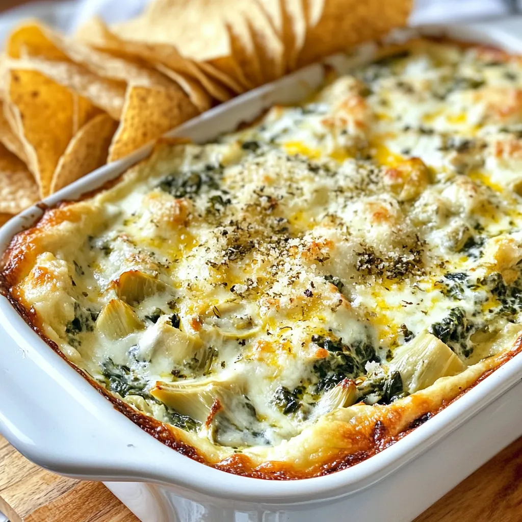 Für meinen cremigen Spinach Artichoke Dip brauchst du folgende Zutaten: - 1 Tasse frischer Spinat, grob gehackt - 1 Tasse Artischockenherzen aus der Dose, abgetropft und grob gehackt - 120 g Frischkäse, zimmerwarm - 120 g Sauerrahm - 120 g Mayonnaise - 1 Tasse geriebener Mozzarella-Käse - 50 g geriebener Parmesan-Käse - 1 Knoblauchzehe, fein gehackt - 1/2 Teelöffel Zwiebelpulver - 1/2 Teelöffel Paprika - Salz und Pfeffer nach Geschmack - Tortilla-Chips oder geschnittenes Baguette zum Servieren Frische Zutaten bringen viel Geschmack. Du kannst frischen Spinat statt Dosen-Spinat verwenden. Frischer Spinat hat eine tolle Textur und Nährstoffe. Bei den Artischocken empfehle ich, Dosenprodukte zu nutzen. Sie sind leicht zu finden und sparen Zeit. Wenn du frische Artischocken verwendest, musst du sie jedoch vorbereiten und kochen. Das kann mehr Zeit kosten. Käse macht den Dip besonders cremig und lecker. Wähle einen hochwertigen Mozzarella. Er sollte frisch und gut schmelzbar sein. Parmesan verleiht dem Dip einen besonderen Geschmack. Achte darauf, geriebenen Parmesan zu verwenden. So löst er sich besser im Dip auf. Du kannst auch andere Käsesorten ausprobieren, wie Cheddar oder Gouda. Experimentiere mit verschiedenen Käsesorten für neue Geschmäcker! {{ingredient_image_2}} Heizen Sie Ihren Ofen auf 190°C vor. Dies sorgt dafür, dass der Dip gleichmäßig gart. Nehmen Sie alle Zutaten aus der Liste bereit. Das macht das Mischen einfacher und schneller. Sie benötigen frischen Spinat und Artischockenherzen aus der Dose. Diese geben dem Dip einen tollen Geschmack und Textur. In einer großen Rührschüssel geben Sie den Frischkäse, Sauerrahm und Mayonnaise. Mischen Sie alles gut, bis es glatt ist. Fügen Sie dann den gehackten Spinat und die Artischocken hinzu. Geben Sie den geriebenen Mozzarella und die Hälfte des Parmesan dazu. Rühren Sie alles gut durch, damit sich die Aromen verbinden. Jetzt kommt der Knoblauch ins Spiel! Fügen Sie den fein gehackten Knoblauch hinzu. Zudem kommen Zwiebelpulver, Paprika, Salz und Pfeffer nach Geschmack. Rühren Sie, bis alles gut vermischt ist. Diese Mischung ist der Schlüssel zu einem leckeren Dip. Geben Sie die gesamte Mischung in eine Auflaufform. Verteilen Sie sie gleichmäßig. Streuen Sie den restlichen Parmesan-Käse darüber. Das sorgt für eine goldene Kruste beim Backen. Backen Sie alles im vorgeheizten Ofen für 25-30 Minuten. Der Dip ist fertig, wenn er sprudelnd und goldbraun ist. Lassen Sie ihn nach dem Backen ein paar Minuten abkühlen. Servieren Sie den Dip warm mit Tortilla-Chips oder geschnittenem Baguette. Optional können Sie frische Petersilie darüber streuen. Diese sorgt für Farbe und Frische. Genießen Sie Ihren köstlichen Dip! Um die perfekte Konsistenz des Dips zu erzielen, sollten Sie die Zutaten gut mischen. Der Frischkäse muss zimmerwarm sein. Das hilft, ihn leichter zu vermengen. Verwenden Sie einen Handmixer, um eine glatte Masse zu erhalten. Achten Sie darauf, dass der Spinat und die Artischocken gut gehackt sind. So wird der Dip gleichmäßig cremig. Wenn Sie eine festere Textur möchten, fügen Sie etwas weniger Sauerrahm hinzu. Um Zeit zu sparen, bereiten Sie die Zutaten im Voraus vor. Hacken Sie den Spinat und die Artischockenherzen am Morgen oder am Vorabend. Lagern Sie sie in einem luftdichten Behälter im Kühlschrank. Messen Sie auch den Käse und die Gewürze vorab ab. So müssen Sie beim Mixen weniger Zeit aufwenden. Sie können den Dip auch schon einen Tag vorher zubereiten und einfach im Kühlschrank aufbewahren. Ein häufiger Fehler ist, die Mischung nicht gut genug zu vermengen. Das führt zu einer ungleichmäßigen Textur. Achten Sie darauf, alle Zutaten gründlich zu vermischen. Ein anderer Fehler ist, den Dip zu lange zu backen. Überwachen Sie den Ofen, um ein Anbrennen zu vermeiden. Wenn der Dip sprudelnd und goldbraun ist, ist er fertig. Lassen Sie ihn nach dem Backen kurz abkühlen, bevor Sie ihn servieren. Pro Tips Frischkäse richtig vorbereiten: Stellen Sie sicher, dass der Frischkäse zimmerwarm ist, damit er sich besser mit den anderen Zutaten vermischen lässt und eine glatte Textur entsteht. Spinat und Artischocken abtropfen: Achten Sie darauf, die Artischockenherzen gut abzutropfen und den Spinat auszudrücken, um überschüssige Flüssigkeit zu entfernen, damit der Dip nicht wässrig wird. Variationen beim Käse: Experimentieren Sie mit verschiedenen Käsesorten wie Gouda oder Cheddar, um dem Dip eine individuelle Note zu verleihen und den Geschmack zu variieren. Vorbereitung im Voraus: Bereiten Sie den Dip im Voraus zu und lagern Sie ihn im Kühlschrank. Backen Sie ihn kurz vor dem Servieren für ein frisch zubereitetes Ergebnis. {{image_4}} Wenn Sie eine vegetarische oder vegane Variante des Dips möchten, gibt es einfache Wege. Ersetzen Sie den Frischkäse durch einen veganen Frischkäse. Verwenden Sie pflanzliche Sauerrahm und Mayonnaise, um die Cremigkeit zu erhalten. Viele Marken bieten leckere Alternativen an, die gut schmecken. Sie können auch Nüsse oder Cashew-Creme verwenden, um einen nussigen Geschmack zu bekommen. Frischer Spinat bleibt eine tolle Zutat. Die Gewürze machen den Dip besonders. Fügen Sie mehr Knoblauch oder etwas Chili für Schärfe hinzu. Experimentieren Sie mit verschiedenen Käsesorten. Feta oder Gouda verleihen dem Dip einen neuen Geschmack. Sie können auch geräucherten Käse verwenden, um eine rauchige Note hinzuzufügen. Der Parmesan sorgt für einen tollen Umami-Geschmack, also lassen Sie ihn nicht weg. Wenn Sie mehr Proteine wollen, gibt es viele Optionen. Fügen Sie gekochte Hähnchenbrust oder Schinken hinzu. Diese Zutaten machen den Dip herzhaft. Für eine vegetarische Option können Sie Kichererbsen oder Linsen verwenden. Das gibt dem Dip auch mehr Textur. Mischen Sie diese Zutaten gut unter, um einen vollmundigen Geschmack zu erreichen. Um deinen cremigen Spinach Artichoke Dip frisch zu halten, verwende einen luftdichten Behälter. Stelle sicher, dass der Dip vollständig abgekühlt ist, bevor du ihn lagerst. So vermeidest du, dass sich Kondenswasser bildet, welches die Textur verändert. Lagere den Dip im Kühlschrank. Er bleibt dort bis zu fünf Tage frisch. Wenn du ihn länger aufbewahren möchtest, kannst du ihn auch einfrieren. Achte darauf, ihn in einem gefriergeeigneten Behälter zu verstauen. Wenn du den Dip aufwärmen möchtest, heize deinen Ofen auf 175°C vor. Gib den Dip in eine Auflaufform. Decke die Form mit Alufolie ab, damit der Dip nicht austrocknet. Erwärme ihn etwa 15 bis 20 Minuten. Wenn die Mitte heiß ist, ist der Dip fertig. Du kannst auch die Mikrowelle nutzen. Stelle den Dip in eine mikrowellengeeignete Schüssel und wärme ihn in kurzen Intervallen von 30 Sekunden auf. Rühre zwischendurch, bis der Dip gleichmäßig heiß ist. Resten von deinem Spinach Artichoke Dip sind sehr vielseitig. Du kannst ihn als Füllung für Geflügel oder Fisch verwenden. Auch in Pasta-Gerichten macht er sich gut. Einfach unter die gekochte Pasta mischen. Eine weitere Idee ist, ihn auf Sandwiches oder in Wraps zu verwenden. So gibst du deinem Essen eine cremige Note. Seien es Snacks oder Hauptgerichte, die Verwendung von Resten macht das Kochen einfach und lecker. Ja, du kannst den Dip im Voraus zubereiten. Mische alle Zutaten und lege sie in den Kühlschrank. So bleibt alles frisch. Backe den Dip dann kurz vor dem Servieren. Dies spart Zeit und macht deine Party stressfreier. Ja, du kannst den Dip einfrieren. Stelle sicher, dass er gut verpackt ist. Nutze einen luftdichten Behälter oder einen Gefrierbeutel. So bleibt der Dip bis zu drei Monate haltbar. Wenn du ihn verwenden willst, tau ihn einfach im Kühlschrank auf und backe ihn erneut. Tortilla-Chips sind eine tolle Wahl. Sie sind knusprig und passen gut zum Dip. Geschnittenes Baguette ist auch lecker. Du kannst auch Gemüsesticks wie Karotten oder Sellerie verwenden. Diese bringen Frische und einen knackigen Biss. In diesem Artikel haben wir die besten Zutaten für deinen Dip genau betrachtet. Du hast gelernt, wie du frische und konservierte Zutaten auswählst. Die Schritt-für-Schritt-Anleitung zeigt, wie du einfach einen leckeren Dip machst. Ich habe dir zudem Tipps gegeben, um die perfekte Konsistenz zu erreichen. Denke daran, dass es viele Variationen gibt, die du ausprobieren kannst. Mit der richtigen Lagerung bleibt dein Dip frisch und lecker. Nutze die FAQs, um häufige Fragen zu klären. Jetzt bist du bereit, einen tollen Dip zu zaubern!