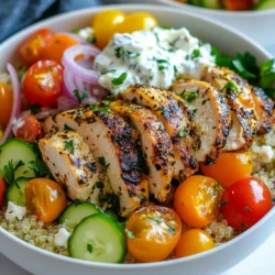 Für diese leckeren Schalen benötigen wir: - 450 g knochenlose Hähnchenschenkel ohne Haut - 240 ml gekochter Quinoa oder Reis - 240 g Kirschtomaten, halbiert - 1 Gurke, gewürfelt - 1/2 rote Zwiebel, dünn geschnitten - 120 g Feta-Käse, zerkrümelt - 240 ml Tzatziki-Sauce (gekauft oder selbstgemacht) - Frische Petersilie, gehackt (zum Garnieren) Diese Zutaten bilden die Basis für unsere köstlichen Gyro-Schalen. Die richtigen Gewürze machen den Unterschied. Wir verwenden: - 3 Esslöffel Olivenöl - 2 Teelöffel getrockneter Oregano - 1 Teelöffel Knoblauchpulver - 1 Teelöffel Zwiebelpulver - 1/2 Teelöffel Paprika - Salz und Pfeffer nach Geschmack Das Olivenöl sorgt für Geschmack und hilft den Gewürzen, sich gut zu verbinden. Oregano ist der Klassiker in der griechischen Küche. Die Schalen lassen sich ganz nach Ihrem Geschmack anpassen. Fügen Sie hinzu: - Avocado für Cremigkeit - Oliven für einen salzigen Kick - Paprika für Farbe und Crunch Für eine besondere Note können Sie eine Zitronenscheibe dazugeben. So wird jede Schale frisch und einladend. {{ingredient_image_2}} Beginne mit 450 g Hähnchenschenkeln ohne Haut. In einer großen Schüssel vermische 3 Esslöffel Olivenöl, 2 Teelöffel Oregano, 1 Teelöffel Knoblauchpulver, 1 Teelöffel Zwiebelpulver und 1/2 Teelöffel Paprika. Füge Salz und Pfeffer nach Geschmack hinzu. Gib die Hähnchenschenkel in die Schüssel und rühre gut um. Du willst, dass das Hähnchen gleichmäßig mariniert ist. Decke die Schüssel ab. Lass das Fleisch mindestens 30 Minuten marinieren. Für mehr Geschmack, lege es bis zu 2 Stunden in den Kühlschrank. Erhitze eine Grillpfanne oder einen Skillet auf mittelhohe Hitze. Lege die marinierten Hähnchenschenkel in die Pfanne. Grill das Hähnchen für 6-8 Minuten pro Seite. Es sollte goldbraun und ganz durchgegart sein. Nimm das Hähnchen vom Herd und lass es 5 Minuten ruhen. Nach dem Ruhen, schneide das Hähnchen in Streifen. Während das Hähnchen ruht, kannst du die Schalenbasis vorbereiten. Beginne mit 240 ml gekochtem Quinoa oder Reis. Verteile die Körner gleichmäßig in tiefen Schalen. Jetzt füge die frischen Zutaten hinzu. Lege 240 g halbierte Kirschtomaten, 1 gewürfelte Gurke und 1/2 dünn geschnittene rote Zwiebel auf die Quinoa oder den Reis. Schneide das gegrillte Hähnchen in Streifen. Verteile die Hähnchenstreifen gleichmäßig auf die frischen Zutaten. Streue 120 g zerkrümelten Feta-Käse darüber. Gib 240 ml Tzatziki-Sauce großzügig darauf. Zum Schluss garniere die Schalen mit frisch gehackter Petersilie. Die Marinierzeit ist wichtig für den Geschmack. Ich empfehle, das Hähnchen mindestens 30 Minuten zu marinieren. Für intensiveren Geschmack lasse ich es bis zu 2 Stunden im Kühlschrank. So zieht das Olivenöl und die Gewürze gut ein. Du kannst die Marinade auch am Vorabend zubereiten. So sparst du Zeit am Kochtag. Das Grillen erfordert etwas Übung, aber es ist einfach. Ich heize die Grillpfanne auf mittelhohe Hitze vor. So wird das Hähnchen schön goldbraun. Ich grille die Hähnchenschenkel etwa 6 bis 8 Minuten pro Seite. Die Innentemperatur sollte 75 Grad Celsius erreichen. Nach dem Grillen lasse ich das Hähnchen fünf Minuten ruhen. Das sorgt dafür, dass die Säfte bleiben. Die Präsentation macht viel aus. Ich serviere die Gyro-Schalen in tiefen Schalen oder Tellern. So kommen die Farben hervor. Ich streue eine Prise Paprika über das Tzatziki für einen schönen Farbkontrast. Eine Zitronenscheibe dazu gibt einen frischen Akzent. Du kannst auch frische Petersilie oben drauf geben. Das sieht toll aus und schmeckt frisch. Pro Tipps Hähnchen marinieren: Für den besten Geschmack das Hähnchen mindestens 30 Minuten, idealerweise jedoch bis zu 2 Stunden im Kühlschrank marinieren lassen. Grillen bei mittlerer Hitze: Die Grillpfanne oder den Skillet immer vorheizen, damit das Hähnchen gleichmäßig gart und eine schöne Kruste bekommt. Frische Zutaten: Verwenden Sie frisches Gemüse für die besten Aromen und Texturen – wählen Sie reife Kirschtomaten und knackige Gurken. Tzatziki selbst machen: Für einen intensiveren Geschmack empfehle ich, die Tzatziki-Sauce selbst zuzubereiten, indem Sie frischen Joghurt, geriebenen Gurken und Knoblauch verwenden. {{image_4}} Du kannst die Hähnchen-Gyro-Schalen leicht vegetarisch gestalten. Verwende stattdessen Kichererbsen oder gebratene Auberginen. Diese Zutaten bringen einen tollen Geschmack und eine angenehme Textur. Du kannst auch Halloumi-Käse grillen. Er ist lecker und passt perfekt zu den frischen Zutaten. Die Basis der Schalen kann einfach glutenfrei sein. Nutze Quinoa oder Reis, die beide glutenfrei sind. Achte darauf, dass die Tzatziki-Sauce keine glutenhaltigen Zutaten enthält. Frische Gemüse und Feta-Käse sind ebenfalls glutenfrei. So bleibt dein Gericht leicht und gesund. Es gibt viele Beilagen, die gut zu Gyro-Schalen passen. - Gegrilltes Gemüse wie Zucchini und Paprika sind eine gute Wahl. - Ein einfacher griechischer Salat bringt frische und Knackigkeit. - Oliven und Artischocken können ebenfalls einen tollen Geschmack hinzufügen. - Serviere etwas Fladenbrot dazu, um die Schalen abzurunden. Diese Variationen machen deine griechischen Hähnchen-Gyro-Schalen vielseitig und spannend. Wenn du Reste von den griechischen Hähnchen-Gyro-Schalen hast, lagere sie in einem luftdichten Behälter. Du solltest die Schalen innerhalb von zwei Stunden nach dem Servieren kühlen. Achte darauf, das Hähnchen und die Gemüsesorten getrennt vom Quinoa oder Reis aufzubewahren. So bleibt alles frisch und lecker. Die Lagerzeit für die Schalen beträgt etwa drei bis vier Tage im Kühlschrank. Nach dieser Zeit könnte das Hähnchen an Geschmack verlieren und das Gemüse kann weich werden. Achte darauf, beim Aufbewahren das Datum auf dem Behälter zu notieren. So behältst du den Überblick. Um die Reste aufzuwärmen, ist es am besten, die Schalen im Ofen zu erhitzen. Stelle den Ofen auf 180 Grad Celsius ein. Lege die Schalen auf ein Backblech und erwärme sie für etwa 10 bis 15 Minuten. So bleibt das Hähnchen saftig und das Gemüse knusprig. Du kannst auch die Mikrowelle verwenden, aber achte darauf, alles gleichmäßig zu erhitzen, damit nichts austrocknet. Gyro-Schalen sind eine moderne Variante des traditionellen Gyros. Ursprünglich kommt Gyros aus Griechenland. Das Gericht besteht aus mariniertem Fleisch, meist Schwein oder Hähnchen, das gegrillt wird. In einer Schale kombiniere ich das Fleisch mit frischen Zutaten. Das macht es gesund und lecker. Gyro-Schalen sind auch vielseitig und lassen sich leicht anpassen. Du kannst sie mit verschiedenen Zutaten und Saucen anrichten. Ja, die Tzatziki-Sauce kann leicht selbst gemacht werden. Du brauchst nur einige Zutaten. Hier ist ein einfaches Rezept: - 240 ml griechischer Joghurt - 1/2 Gurke, gerieben und entwässert - 1-2 Knoblauchzehen, fein gehackt - 1 Esslöffel Olivenöl - Saft einer halben Zitrone - Salz und Pfeffer nach Geschmack Mische einfach alle Zutaten in einer Schüssel. Lass die Sauce für mindestens 30 Minuten im Kühlschrank. So entwickelt sie einen tollen Geschmack. Die Schalen sind sehr anpassbar. Du kannst verschiedene Proteinquellen verwenden. Probiere Lamm, Rind oder sogar Falafel. Auch die Basis kannst du ändern. Reis, Quinoa oder sogar einen Salat sind möglich. Für die Toppings sind deiner Fantasie keine Grenzen gesetzt. Füge Avocado, Oliven oder frische Kräuter hinzu. Das macht deine Gyro-Schalen einzigartig und lecker. Griechische Hähnchen-Gyro-Schalen sind einfach und lecker. Wir haben die Hauptzutaten betrachtet, wie das marinierte Hähnchen und die besten Gewürze. Du hast gelernt, wie man die Schalen schichtet und das Hähnchen perfekt gart. Tipps zur Präsentation und Variationen helfen dir, kreativ zu sein. Ich hoffe, diese Anleitung inspiriert dich, selbst zu kochen. Das Ergebnis wird lecker sein, egal ob mit Hähnchen oder Gemüse. Viel Spaß beim Ausprobieren und Genießen deiner Gyro-Schalen!