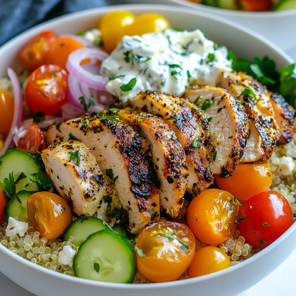 Für diese leckeren Schalen benötigen wir: - 450 g knochenlose Hähnchenschenkel ohne Haut - 240 ml gekochter Quinoa oder Reis - 240 g Kirschtomaten, halbiert - 1 Gurke, gewürfelt - 1/2 rote Zwiebel, dünn geschnitten - 120 g Feta-Käse, zerkrümelt - 240 ml Tzatziki-Sauce (gekauft oder selbstgemacht) - Frische Petersilie, gehackt (zum Garnieren) Diese Zutaten bilden die Basis für unsere köstlichen Gyro-Schalen. Die richtigen Gewürze machen den Unterschied. Wir verwenden: - 3 Esslöffel Olivenöl - 2 Teelöffel getrockneter Oregano - 1 Teelöffel Knoblauchpulver - 1 Teelöffel Zwiebelpulver - 1/2 Teelöffel Paprika - Salz und Pfeffer nach Geschmack Das Olivenöl sorgt für Geschmack und hilft den Gewürzen, sich gut zu verbinden. Oregano ist der Klassiker in der griechischen Küche. Die Schalen lassen sich ganz nach Ihrem Geschmack anpassen. Fügen Sie hinzu: - Avocado für Cremigkeit - Oliven für einen salzigen Kick - Paprika für Farbe und Crunch Für eine besondere Note können Sie eine Zitronenscheibe dazugeben. So wird jede Schale frisch und einladend. {{ingredient_image_2}} Beginne mit 450 g Hähnchenschenkeln ohne Haut. In einer großen Schüssel vermische 3 Esslöffel Olivenöl, 2 Teelöffel Oregano, 1 Teelöffel Knoblauchpulver, 1 Teelöffel Zwiebelpulver und 1/2 Teelöffel Paprika. Füge Salz und Pfeffer nach Geschmack hinzu. Gib die Hähnchenschenkel in die Schüssel und rühre gut um. Du willst, dass das Hähnchen gleichmäßig mariniert ist. Decke die Schüssel ab. Lass das Fleisch mindestens 30 Minuten marinieren. Für mehr Geschmack, lege es bis zu 2 Stunden in den Kühlschrank. Erhitze eine Grillpfanne oder einen Skillet auf mittelhohe Hitze. Lege die marinierten Hähnchenschenkel in die Pfanne. Grill das Hähnchen für 6-8 Minuten pro Seite. Es sollte goldbraun und ganz durchgegart sein. Nimm das Hähnchen vom Herd und lass es 5 Minuten ruhen. Nach dem Ruhen, schneide das Hähnchen in Streifen. Während das Hähnchen ruht, kannst du die Schalenbasis vorbereiten. Beginne mit 240 ml gekochtem Quinoa oder Reis. Verteile die Körner gleichmäßig in tiefen Schalen. Jetzt füge die frischen Zutaten hinzu. Lege 240 g halbierte Kirschtomaten, 1 gewürfelte Gurke und 1/2 dünn geschnittene rote Zwiebel auf die Quinoa oder den Reis. Schneide das gegrillte Hähnchen in Streifen. Verteile die Hähnchenstreifen gleichmäßig auf die frischen Zutaten. Streue 120 g zerkrümelten Feta-Käse darüber. Gib 240 ml Tzatziki-Sauce großzügig darauf. Zum Schluss garniere die Schalen mit frisch gehackter Petersilie. Die Marinierzeit ist wichtig für den Geschmack. Ich empfehle, das Hähnchen mindestens 30 Minuten zu marinieren. Für intensiveren Geschmack lasse ich es bis zu 2 Stunden im Kühlschrank. So zieht das Olivenöl und die Gewürze gut ein. Du kannst die Marinade auch am Vorabend zubereiten. So sparst du Zeit am Kochtag. Das Grillen erfordert etwas Übung, aber es ist einfach. Ich heize die Grillpfanne auf mittelhohe Hitze vor. So wird das Hähnchen schön goldbraun. Ich grille die Hähnchenschenkel etwa 6 bis 8 Minuten pro Seite. Die Innentemperatur sollte 75 Grad Celsius erreichen. Nach dem Grillen lasse ich das Hähnchen fünf Minuten ruhen. Das sorgt dafür, dass die Säfte bleiben. Die Präsentation macht viel aus. Ich serviere die Gyro-Schalen in tiefen Schalen oder Tellern. So kommen die Farben hervor. Ich streue eine Prise Paprika über das Tzatziki für einen schönen Farbkontrast. Eine Zitronenscheibe dazu gibt einen frischen Akzent. Du kannst auch frische Petersilie oben drauf geben. Das sieht toll aus und schmeckt frisch. Pro Tipps Hähnchen marinieren: Für den besten Geschmack das Hähnchen mindestens 30 Minuten, idealerweise jedoch bis zu 2 Stunden im Kühlschrank marinieren lassen. Grillen bei mittlerer Hitze: Die Grillpfanne oder den Skillet immer vorheizen, damit das Hähnchen gleichmäßig gart und eine schöne Kruste bekommt. Frische Zutaten: Verwenden Sie frisches Gemüse für die besten Aromen und Texturen – wählen Sie reife Kirschtomaten und knackige Gurken. Tzatziki selbst machen: Für einen intensiveren Geschmack empfehle ich, die Tzatziki-Sauce selbst zuzubereiten, indem Sie frischen Joghurt, geriebenen Gurken und Knoblauch verwenden. {{image_4}} Du kannst die Hähnchen-Gyro-Schalen leicht vegetarisch gestalten. Verwende stattdessen Kichererbsen oder gebratene Auberginen. Diese Zutaten bringen einen tollen Geschmack und eine angenehme Textur. Du kannst auch Halloumi-Käse grillen. Er ist lecker und passt perfekt zu den frischen Zutaten. Die Basis der Schalen kann einfach glutenfrei sein. Nutze Quinoa oder Reis, die beide glutenfrei sind. Achte darauf, dass die Tzatziki-Sauce keine glutenhaltigen Zutaten enthält. Frische Gemüse und Feta-Käse sind ebenfalls glutenfrei. So bleibt dein Gericht leicht und gesund. Es gibt viele Beilagen, die gut zu Gyro-Schalen passen. - Gegrilltes Gemüse wie Zucchini und Paprika sind eine gute Wahl. - Ein einfacher griechischer Salat bringt frische und Knackigkeit. - Oliven und Artischocken können ebenfalls einen tollen Geschmack hinzufügen. - Serviere etwas Fladenbrot dazu, um die Schalen abzurunden. Diese Variationen machen deine griechischen Hähnchen-Gyro-Schalen vielseitig und spannend. Wenn du Reste von den griechischen Hähnchen-Gyro-Schalen hast, lagere sie in einem luftdichten Behälter. Du solltest die Schalen innerhalb von zwei Stunden nach dem Servieren kühlen. Achte darauf, das Hähnchen und die Gemüsesorten getrennt vom Quinoa oder Reis aufzubewahren. So bleibt alles frisch und lecker. Die Lagerzeit für die Schalen beträgt etwa drei bis vier Tage im Kühlschrank. Nach dieser Zeit könnte das Hähnchen an Geschmack verlieren und das Gemüse kann weich werden. Achte darauf, beim Aufbewahren das Datum auf dem Behälter zu notieren. So behältst du den Überblick. Um die Reste aufzuwärmen, ist es am besten, die Schalen im Ofen zu erhitzen. Stelle den Ofen auf 180 Grad Celsius ein. Lege die Schalen auf ein Backblech und erwärme sie für etwa 10 bis 15 Minuten. So bleibt das Hähnchen saftig und das Gemüse knusprig. Du kannst auch die Mikrowelle verwenden, aber achte darauf, alles gleichmäßig zu erhitzen, damit nichts austrocknet. Gyro-Schalen sind eine moderne Variante des traditionellen Gyros. Ursprünglich kommt Gyros aus Griechenland. Das Gericht besteht aus mariniertem Fleisch, meist Schwein oder Hähnchen, das gegrillt wird. In einer Schale kombiniere ich das Fleisch mit frischen Zutaten. Das macht es gesund und lecker. Gyro-Schalen sind auch vielseitig und lassen sich leicht anpassen. Du kannst sie mit verschiedenen Zutaten und Saucen anrichten. Ja, die Tzatziki-Sauce kann leicht selbst gemacht werden. Du brauchst nur einige Zutaten. Hier ist ein einfaches Rezept: - 240 ml griechischer Joghurt - 1/2 Gurke, gerieben und entwässert - 1-2 Knoblauchzehen, fein gehackt - 1 Esslöffel Olivenöl - Saft einer halben Zitrone - Salz und Pfeffer nach Geschmack Mische einfach alle Zutaten in einer Schüssel. Lass die Sauce für mindestens 30 Minuten im Kühlschrank. So entwickelt sie einen tollen Geschmack. Die Schalen sind sehr anpassbar. Du kannst verschiedene Proteinquellen verwenden. Probiere Lamm, Rind oder sogar Falafel. Auch die Basis kannst du ändern. Reis, Quinoa oder sogar einen Salat sind möglich. Für die Toppings sind deiner Fantasie keine Grenzen gesetzt. Füge Avocado, Oliven oder frische Kräuter hinzu. Das macht deine Gyro-Schalen einzigartig und lecker. Griechische Hähnchen-Gyro-Schalen sind einfach und lecker. Wir haben die Hauptzutaten betrachtet, wie das marinierte Hähnchen und die besten Gewürze. Du hast gelernt, wie man die Schalen schichtet und das Hähnchen perfekt gart. Tipps zur Präsentation und Variationen helfen dir, kreativ zu sein. Ich hoffe, diese Anleitung inspiriert dich, selbst zu kochen. Das Ergebnis wird lecker sein, egal ob mit Hähnchen oder Gemüse. Viel Spaß beim Ausprobieren und Genießen deiner Gyro-Schalen!