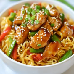 Die Hauptzutaten für dieses Gericht sind einfach und frisch. Hier ist, was du brauchst: - 400 g Hähnchenbrust, dünn geschnitten - 200 g Eiernudeln - 4 Esslöffel Sojasauce - 2 Esslöffel Honig - 4 Knoblauchzehen, fein gehackt - 1 Esslöffel frisch geriebener Ingwer Diese Zutaten bilden die Basis für die köstlichen Aromen in deinem Gericht. Die richtigen Gewürze und Öle machen den Unterschied. Für dieses Rezept benötigst du: - 1 Esslöffel Olivenöl - 1 Esslöffel Sesamöl - Salz und Pfeffer nach Geschmack Olivenöl bringt eine helle Note, während Sesamöl einen nussigen Geschmack hinzufügt. Die Gewürze fügen Tiefe hinzu. Frisches Gemüse gibt dem Gericht Farbe und Textur. Hier sind die Zutaten: - 1 rote Paprika, dünn geschnitten - 1 Tasse Zuckerschoten oder grüne Bohnen - 3 Frühlingszwiebeln, gehackt - Sesamsamen zum Garnieren Das Gemüse macht die Mahlzeit gesund und bunt. Die Frühlingszwiebeln und Sesamsamen sind perfekt zum Garnieren. {{ingredient_image_2}} Kochen Sie zuerst die Eiernudeln. Füllen Sie einen großen Topf mit Wasser und bringen Sie es zum Kochen. Fügen Sie die Nudeln hinzu und kochen Sie sie gemäß der Verpackungsanleitung. Rühren Sie gelegentlich um, damit sie nicht kleben. Nach dem Kochen gießen Sie die Nudeln ab und stellen Sie sie beiseite. Für das Hähnchen nehmen Sie eine große Schüssel. Mischen Sie die geschnittene Hähnchenbrust mit 2 Esslöffeln Sojasauce, Honig, gehacktem Knoblauch und geriebenem Ingwer. Lassen Sie das Hähnchen mindestens 15 Minuten marinieren. Diese Zeit hilft, den Geschmack zu intensivieren. Erhitzen Sie dann Olivenöl in einer großen Pfanne bei mittlerer Hitze. Geben Sie das marinierte Hähnchen in die Pfanne und braten Sie es 5-7 Minuten an, bis es durch ist und eine schöne Farbe hat. Jetzt kommt das Gemüse. Schneiden Sie die rote Paprika in dünne Streifen und bereiten Sie die Zuckerschoten oder grünen Bohnen vor. Geben Sie das Gemüse in die Pfanne mit dem Hähnchen. Braten Sie alles 3-5 Minuten lang, bis das Gemüse zart, aber noch knackig ist. Das gibt einen schönen Kontrast zu dem zarten Hähnchen. Jetzt sind die Nudeln dran! Geben Sie die gekochten Nudeln in die Pfanne mit dem Hähnchen und dem Gemüse. Fügen Sie die restlichen 2 Esslöffel Sojasauce und das Sesamöl hinzu. Mischen Sie alles gut, damit die Nudeln die Sauce aufnehmen. Würzen Sie nach Geschmack mit Salz und Pfeffer. Vor dem Servieren garnieren Sie die Nudeln mit gehackten Frühlingszwiebeln und Sesamsamen. So wird das Gericht noch ansprechender! Um das Hähnchen perfekt zu marinieren, mische die geschnittene Hähnchenbrust mit Sojasauce, Honig, Knoblauch und Ingwer. Diese Mischung gibt dem Fleisch einen tollen Geschmack. Lasse das Hähnchen mindestens 15 Minuten marinieren. Du kannst auch länger marinieren, wenn du mehr Zeit hast. Je länger die Marinade einzieht, desto besser wird der Geschmack. Für Klebrige Knoblauch-Hähnchen-Nudeln empfehle ich Eiernudeln. Sie sind weich und nehmen die Sauce gut auf. Du kannst auch andere Nudeln wie Reisnudeln verwenden. Achte darauf, die Nudeln nicht zu lange zu kochen. Sie sollten bissfest sein, damit sie beim Braten nicht matschig werden. Serviere die Nudeln in tiefen Schalen. Das macht das Gericht ansprechender. Dekoriere jede Portion mit Frühlingszwiebeln und Sesamsamen. Diese Zutaten geben einen schönen Farbkontrast. Du kannst auch frisches Gemüse als Beilage anrichten. Das bringt noch mehr Farbe und Frische auf den Tisch. Pro Tipps Marinierzeit verlängern: Lassen Sie das Hähnchen länger als 15 Minuten marinieren, um die Aromen noch intensiver werden zu lassen. Gemüse variieren: Experimentieren Sie mit verschiedenen Gemüsesorten wie Brokkoli oder Karotten, um mehr Farbe und Geschmack in Ihr Gericht zu bringen. Schärfe hinzufügen: Fügen Sie eine Prise Chilipulver oder einige frische Chilischoten hinzu, um dem Gericht eine scharfe Note zu verleihen. Resteverwertung: Verwenden Sie übrig gebliebene Nudeln oder Hähnchen in einem Salat oder Wrap für eine schnelle und köstliche Mahlzeit am nächsten Tag. {{image_4}} Wenn du eine vegetarische Option suchst, ersetze das Hähnchen durch Tofu. Tofu nimmt die Aromen gut auf. Du kannst auch Tempeh verwenden, das einen nussigen Geschmack hat. Schneide den Tofu in kleine Würfel. Brate ihn bis er goldbraun ist. Mische ihn dann mit der Marinade wie im Rezept. Für mehr Abwechslung kannst du verschiedene Gemüse verwenden. Brokkoli, Karotten oder Spinat passen gut. Diese Gemüsesorten geben Farbe und Nährstoffe. Schneide das Gemüse klein, damit es schnell kocht. Füge es in der gleichen Phase wie die Paprika hinzu. So bleibt alles knackig und frisch. Wenn du es schärfer magst, füge rote Chiliflocken hinzu. Ein Teelöffel reicht für einen guten Kick. Du kannst auch frische Chilis in Scheiben schneiden. Gib sie zusammen mit dem Gemüse in die Pfanne. Diese Schärfe bringt deine Knoblauch-Nudeln auf ein neues Level. Um die Reste von Klebrigen Knoblauch-Hähnchen-Nudeln zu lagern, benutze einen luftdichten Behälter. Stelle sicher, dass die Nudeln und das Hähnchen gut abgekühlt sind, bevor du sie lagerst. So vermeidest du, dass sie matschig werden. Du kannst auch die Nudeln und das Gemüse getrennt aufbewahren. Die Reste bleiben im Kühlschrank bis zu drei Tage frisch. Achte darauf, dass der Behälter gut verschlossen ist. So bleibt der Geschmack erhalten. Wenn die Nudeln anfangen, komisch zu riechen oder ihre Farbe ändern, solltest du sie entsorgen. Um die Nudeln wieder aufzuwärmen, kannst du die Mikrowelle oder einen Wok verwenden. Wenn du die Mikrowelle nutzt, gib etwas Wasser oder Öl dazu, damit die Nudeln nicht trocken werden. In einem Wok, erhitze etwas Öl und füge die Nudeln hinzu. Rühre sie gut um, bis sie heiß sind. So bleiben sie klebrig und lecker. Die Zubereitung der Klebrigen Knoblauch-Hähnchen-Nudeln dauert etwa 35 Minuten. Davon sind 20 Minuten für die Vorbereitung und 15 Minuten für das Kochen. Diese Zeit ist ideal für eine schnelle und leckere Mahlzeit. Ja, du kannst die Sojasauce durch Tamari oder Kokosaminos ersetzen. Tamari ist eine glutenfreie Option. Kokosaminos haben einen milderen Geschmack und sind ebenfalls glutenfrei. Beide Alternativen passen gut zu diesem Rezept. Zu Klebrigen Knoblauch-Hähnchen-Nudeln passen verschiedene Beilagen. Hier ein paar Ideen: - Gedämpftes Gemüse - Frischer Salat - Frühlingsrollen - Gebratene Tofu-Würfel Diese Beilagen ergänzen die Aromen der Nudeln perfekt. Das Rezept ist nicht glutenfrei, da die Eiernudeln und Sojasauce Gluten enthalten. Du kannst jedoch glutenfreie Nudeln verwenden, um es anzupassen. Achte darauf, glutenfreie Sojasauce oder Tamari zu verwenden. So bleibt der Geschmack erhalten und das Gericht wird glutenfrei. Klebrige Knoblauch-Hähnchen-Nudeln sind einfach und lecker. Wir haben die besten Zutaten ausgewählt, um Aromen zu vereinen. Die Schritt-für-Schritt-Anleitung hilft dir, alles richtig zu machen. Tipps und Tricks zeigen dir, wie du das Hähnchen perfekt marinierst und die besten Nudeln wählst. Experimentiere mit Variationen und genieße neue Geschmäcker. Denke auch an die richtige Lagerung deiner Reste, um den Geschmack zu erhalten. Mit diesem Rezept kannst du schnell ein tolles Gericht zaubern. Viel Spaß beim Kochen!