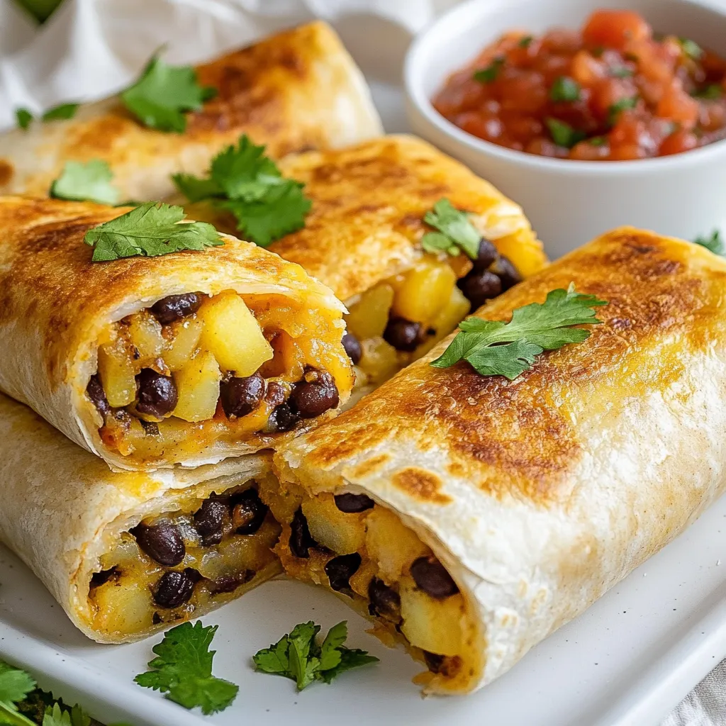 Die Hauptzutaten für unsere Käse-Kartoffel-Burritos sind einfach und lecker. Sie brauchen: - 4 mittelgroße Kartoffeln, geschält und gewürfelt - 1 Tasse geriebener Cheddar-Käse - 1 Tasse schwarze Bohnen, abgespült und abgetropft - 4 große Weizentortillas Diese Zutaten bilden die Basis für die Burritos. Die Kartoffeln bringen eine cremige Textur. Der Käse sorgt für den herzhaften Geschmack. Die schwarzen Bohnen fügen Protein hinzu und machen das Gericht nahrhaft. Die Gewürze und zusätzlichen Zutaten sind wichtig für den Geschmack. Sie benötigen: - 1/2 Tasse saure Sahne - 1/2 Teelöffel Knoblauchpulver - 1/2 Teelöffel Zwiebelpulver - 1 Teelöffel geräuchertes Paprikapulver - Salz und Pfeffer nach Geschmack - Frischer Koriander, gehackt (zum Garnieren) - Salsa (zum Servieren) Diese Gewürze bringen Tiefe und Aroma in die Füllung. Die saure Sahne macht die Mischung cremig und lecker. Frischer Koriander gibt einen frischen Kick. Salsa passt perfekt dazu. Die richtigen Beilagen machen das Essen noch besser. Ich empfehle: - Guacamole - Nachos - Ein einfacher grüner Salat Guacamole ergänzt die Burritos gut mit Frische. Nachos bringen einen tollen Crunch. Ein Salat sorgt für eine leichte Note. Diese Beilagen machen Ihre Mahlzeit komplett und lecker! {{ingredient_image_2}} Beginne mit 4 mittelgroßen Kartoffeln. Schäle sie und schneide sie in kleine Würfel. Nimm einen großen Topf und fülle ihn mit gesalzenem Wasser. Bring das Wasser zum Kochen. Gib die Kartoffelwürfel hinein und koche sie für etwa 15 Minuten. Die Kartoffeln sollten weich sein, wenn du sie mit einer Gabel anstichst. Gieße das Wasser ab und stelle die Kartoffeln beiseite. Nimm eine große Rührschüssel. Füge die gekochten Kartoffeln hinzu. Gib 1 Tasse schwarze Bohnen dazu. Diese sollten gut abgespült und abgetropft sein. Jetzt kommt 1/2 Tasse saure Sahne und 1 Tasse geriebener Cheddar-Käse dazu. Würze die Mischung mit 1/2 Teelöffel Knoblauchpulver, 1/2 Teelöffel Zwiebelpulver und 1 Teelöffel geräuchertem Paprikapulver. Salze und pfeffere nach Geschmack. Mische alles mit einer Gabel. Zerdrücke die Mischung leicht, damit sie gut vermischt ist, aber noch stückig bleibt. Lege 4 große Weizentortillas auf eine saubere Arbeitsfläche. Nimm etwa 1/4 der Kartoffelmischung und platziere sie in der Mitte jeder Tortilla. Klappe die Seiten der Tortilla ein und rolle sie von unten nach oben auf. Achte darauf, dass die Füllung fest bleibt. Erhitze eine antihaftbeschichtete Pfanne bei mittlerer Hitze. Lege die Burritos mit der Naht nach unten in die Pfanne. Brate die Burritos 3-4 Minuten auf jeder Seite, bis sie goldbraun und knusprig sind. Nimm sie aus der Pfanne und lass sie etwas abkühlen. Schneide die Burritos diagonal in der Mitte durch. Garnier sie mit frischem, gehacktem Koriander und serviere sie mit Salsa. Um die beste Füllung zu bekommen, koche die Kartoffeln gut. Sie sollten weich sein. Zerdrücke die Mischung leicht mit einer Gabel. So bleiben Stücke übrig. Das gibt der Füllung Textur. Füge die Bohnen und Käse hinzu, um Geschmack und Cremigkeit zu erhöhen. Die Gewürze bringen zusätzlichen Geschmack. Achte darauf, nicht zu viel zu pürieren. Wähle große Weizentortillas für deine Burritos. Sie sind stark und halten die Füllung gut. Erwärme die Tortillas kurz in einer Pfanne. So werden sie weich und leicht zu rollen. Achte darauf, die Tortillas nicht zu überhitzen. Sie sollten warm, nicht knusprig sein. Wenn du Vollkorn-Tortillas bevorzugst, sind die auch eine gute Wahl. Ein großer Topf ist wichtig für die Kartoffeln. Du brauchst auch eine große Rührschüssel. Eine Gabel hilft beim Zerdrücken der Füllung. Eine antihaftbeschichtete Pfanne ist ideal zum Braten der Burritos. Du kannst auch einen Spatel verwenden, um sie zu wenden. Halte ein scharfes Messer bereit, um die Burritos zu schneiden. Das macht das Servieren einfacher. Pro Tipps Die richtige Kartoffelsorte wählen: Für die beste Textur und den besten Geschmack verwenden Sie mehlige Kartoffeln, da sie beim Kochen schön cremig werden. Würzen Sie die Füllung: Experimentieren Sie mit zusätzlichen Gewürzen wie Kreuzkümmel oder Chili-Pulver, um der Füllung mehr Tiefe und Geschmack zu verleihen. Burritos richtig rollen: Achten Sie darauf, die Tortilla nicht zu überfüllen, um ein einfaches Rollen zu ermöglichen und das Auslaufen der Füllung zu verhindern. Für extra Knusprigkeit: Braten Sie die Burritos in etwas Olivenöl oder Butter, um eine goldene, knusprige Oberfläche zu erhalten. {{image_4}} Vegane Käse-Kartoffel-Burritos sind einfach und lecker. Ersetze den Cheddar-Käse durch veganen Käse. Du kannst auch pflanzliche saure Sahne verwenden. Die Füllung bleibt cremig und schmackhaft. Benutze die gleichen Gewürze für den vollen Geschmack. Diese Variante ist perfekt für Veganer und alle, die pflanzliche Optionen suchen. Wenn du mehr Protein willst, füge Fleisch oder Tofu hinzu. Gegrilltes Hähnchen passt gut zu den Kartoffeln. Tofu ist auch eine tolle Wahl. Schneide ihn in kleine Stücke und brate ihn an. Mische das Protein in die Füllung. So wird dein Burrito noch herzhafter und sättigender. Die Füllung ist sehr anpassbar. Probiere Gemüse wie Paprika oder Zucchini. Diese geben extra Farbe und Frische. Auch Mais oder Spinat sind gute Optionen. Du kannst auch verschiedene Käsesorten verwenden. Gouda oder Monterey Jack bringen neue Geschmäcker. Sei kreativ und finde deine Lieblingskombination! Wenn Sie Burritos übrig haben, lagern Sie sie in einer luftdichten Box. Wickeln Sie sie zuerst in Frischhaltefolie. Diese Methode hält die Burritos frisch. Achten Sie darauf, die Box im Kühlschrank zu stellen. So bleiben die Aromen erhalten und die Burritos bleiben lecker. Um die Burritos aufzuwärmen, nutzen Sie eine Pfanne. Erhitzen Sie die Pfanne bei mittlerer Hitze. Legen Sie die Burritos hinein und braten Sie sie 3 bis 4 Minuten auf jeder Seite. Diese Methode sorgt für eine knusprige Textur. Alternativ können Sie auch eine Mikrowelle verwenden, wenn es schnell gehen muss. Wickeln Sie den Burrito in ein feuchtes Küchentuch, um ihn saftig zu halten. Im Kühlschrank halten die Burritos etwa 3 bis 4 Tage frisch. Wenn Sie sie länger speichern möchten, frieren Sie sie ein. Eingewickelt in Folie oder in einem Gefrierbeutel bleiben sie bis zu 3 Monate haltbar. Denken Sie daran, sie gut zu beschriften, damit Sie wissen, wann Sie sie gemacht haben. Um die Burritos gesünder zu machen, können Sie verschiedene Tipps befolgen: - Verwenden Sie Süßkartoffeln anstelle von normalen Kartoffeln. - Fügen Sie mehr Gemüse hinzu, wie Spinat oder Paprika. - Nutzen Sie fettarmen Käse oder griechischen Joghurt statt saurer Sahne. - Ersetzen Sie Weizentortillas durch Vollkorn- oder Blumenkohl-Tortillas. Diese Optionen machen die Burritos nahrhafter und lecker. Ja, Sie können die Burritos im Voraus zubereiten. Das ist einfach: - Bereiten Sie die Füllung vor und füllen Sie die Tortillas. - Wickeln Sie die Burritos fest in Frischhaltefolie. - Lagern Sie sie im Kühlschrank für bis zu drei Tage. Wenn Sie bereit sind zu essen, braten Sie die Burritos einfach. So sparen Sie Zeit, wenn Sie Hunger haben. Zu Käse-Kartoffel-Burritos passen viele Saucen gut. Hier sind einige Vorschläge: - Salsa: Frisch und würzig. - Guacamole: Cremig und lecker. - Sour Cream: Für einen milden Geschmack. - Chipotle-Sauce: Für etwas Schärfe. Diese Saucen bringen zusätzlichen Geschmack und Frische. Diese Käse-Kartoffel-Burritos sind einfach zuzubereiten und sehr lecker. Wir haben die besten Zutaten, Schritt-für-Schritt-Anleitungen, und nützliche Tipps behandelt. Variationen wie vegane Versionen und proteinreiche Optionen machen sie noch spannender. Die Aufbewahrung ist unkompliziert, sodass Sie immer etwas Leckeres zur Hand haben. Experimentieren Sie mit Beilagen und Saucen, um Ihr Gericht zu personalisieren. Genießen Sie die Vielseitigkeit und den Geschmack dieser Burritos in Ihrer Küche!