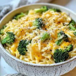 Für dieses leckere Gericht brauchst du: - 1 Tasse Orzo-Nudeln - 2 Tassen Brokkoli-Röschen - 1 Tasse scharfer Cheddar-Käse, gerieben - 1 Tasse Gemüsebrühe - 1 Tasse Milch - 1 Esslöffel Olivenöl - 1 Knoblauchzehe, fein gehackt - 1/2 Teelöffel Salz - 1/4 Teelöffel schwarzer Pfeffer - 1/4 Teelöffel zerstoßene rote Pfefferflocken (optional) - 1/4 Tasse geriebener Parmesan (optional zum Bestreuen) Diese Zutaten sind einfach zu finden. Sie machen das Gericht sehr nahrhaft und lecker. Die Gewürze bringen den Geschmack zum Leben. Du kannst die roten Pfefferflocken hinzufügen, wenn du es scharf magst. Parmesan ist eine tolle Option für einen zusätzlichen Käsegeschmack. Du kannst auch Kräuter wie Petersilie verwenden. Sie verleihen dem Gericht Farbe und Frische. Dieses Gericht enthält viele Nährstoffe. Brokkoli ist reich an Vitaminen. Er liefert Ballaststoffe, die gut für die Verdauung sind. Orzo gibt dir Energie durch Kohlenhydrate. Wenn du eine glutenfreie Option möchtest, kannst du glutenfreie Pasta verwenden. Für eine vegane Version ersetze die Milch und den Käse durch pflanzliche Alternativen. {{ingredient_image_2}} Um das Knoblauchöl zu machen, erhitze ich 1 Esslöffel Olivenöl in einem großen Topf. Ich stelle die Hitze auf mittlere Stufe. Dann füge ich 1 fein gehackte Knoblauchzehe hinzu. Nach etwa 1 Minute riecht der Knoblauch gut. Ich achte darauf, dass er nicht verbrennt, denn dann wird er bitter. Jetzt gebe ich 1 Tasse Orzo-Nudeln in den Topf. Ich röste die Nudeln im Knoblauchöl für etwa 2 Minuten. Dabei rühre ich regelmäßig um. Die Nudeln sollen leicht bräunen, das gibt mehr Geschmack. Als nächstes füge ich 1 Tasse Gemüsebrühe hinzu und bringe alles zum Kochen. Ich reduziere die Hitze und decke den Topf ab. Jetzt lasse ich es etwa 5 Minuten köcheln. Dann gebe ich 2 Tassen Brokkoli-Röschen in den Topf. Ich lasse alles 4-5 Minuten weiter köcheln. Jetzt ist es Zeit für die cremige Sauce. Ich reduziere die Hitze auf mittlere bis niedrige Stufe. Ich füge 1 Tasse Milch und 1 Tasse geriebenen Cheddar-Käse hinzu. Auch 1/2 Teelöffel Salz und 1/4 Teelöffel schwarzen Pfeffer kommen dazu. Wenn ich es scharf mag, gebe ich 1/4 Teelöffel zerstoßene rote Pfefferflocken hinzu. Ich rühre alles gut um, bis der Käse schmilzt und die Sauce cremig wird. Ich schmecke ab und passe die Würze nach Bedarf an. Wenn ich es cremiger mag, füge ich mehr Milch hinzu. Jetzt ist mein Broccoli Cheddar Orzo fertig zum Servieren! Um die beste Konsistenz zu erreichen, achte auf die Kochzeit der Orzo-Nudeln. Diese sollten weich, aber nicht matschig sein. Koche sie im Gemüsebrühe, damit sie Geschmack aufnehmen. Wenn das Gericht zu trocken erscheint, füge mehr Milch hinzu. So wird die Sauce schön cremig. Ein häufiger Fehler ist, den Knoblauch zu lange zu braten. Er sollte nur kurz anschwitzen, sonst wird er bitter. Achte auch darauf, die Brokkoli-Röschen nicht zu lange zu kochen. Sie sollen knackig bleiben. Wenn du die Orzo-Nudeln nicht regelmäßig umrührst, können sie am Boden festkleben. Serviere den Käse-Brokkoli-Orzo in schönen Schalen. Garniere ihn mit zusätzlichem Cheddar-Käse und frisch gemahlenem schwarzen Pfeffer. Ein Zweig frische Petersilie bringt Farbe auf den Teller. Diese kleinen Details machen dein Gericht ansprechend und lecker. Pro Tipps Orzo richtig rösten: Rösten Sie die Orzo-Nudeln im Olivenöl, bis sie leicht goldbraun sind, um einen nussigen Geschmack zu entwickeln. Brokkoli richtig garen: Fügen Sie die Brokkoli-Röschen erst zum Ende der Kochzeit hinzu, um sicherzustellen, dass sie knackig bleiben und ihre Farbe behalten. Käseauswahl: Experimentieren Sie mit verschiedenen Käsesorten wie Gouda oder Gruyère für eine andere Geschmacksnote. Für extra Cremigkeit: Fügen Sie einen Esslöffel Frischkäse oder Crème fraîche hinzu, um die Sauce noch cremiger zu machen. {{image_4}} Wenn Sie eine vegetarische Option suchen, können Sie den Käse ersetzen. Statt Cheddar können Sie auch Gouda oder Mozzarella verwenden. Diese Käsesorten schmelzen gut und geben dem Gericht eine cremige Textur. Wenn Sie den Geschmack von Gemüse intensivieren möchten, fügen Sie zusätzlich Spinat oder Erbsen hinzu. Sie passen perfekt zu Brokkoli und bringen Farbe auf den Teller. Um mehr Eiweiß hinzuzufügen, sind Kichererbsen eine tolle Wahl. Sie sind nahrhaft und passen gut zum Gericht. Eine andere Option sind gewürfelte Tofu-Stücke. Diese können Sie vor dem Hinzufügen anbraten, um einen knusprigen Effekt zu erzielen. Auch gekochtes Hühnchen ist eine gute Ergänzung, wenn Sie Fleisch mögen. Einfach in kleine Stücke schneiden und unterrühren. Käse ist der Star dieses Gerichts. Sie können verschiedene Käsesorten ausprobieren, um neue Geschmäcker zu entdecken. Feta bringt eine salzige Note, während Blauschimmelkäse eine kräftige Würze hinzufügt. Für eine mildere Option verwenden Sie Ricotta oder Frischkäse. Diese Käsesorten machen das Gericht besonders cremig und lecker. Experimentieren Sie mit der Menge, um den perfekten Geschmack zu finden. Um die Reste von Broccoli Cheddar Orzo gut zu lagern, lassen Sie das Gericht zuerst abkühlen. Dann füllen Sie es in einen luftdichten Behälter. So bleibt der Geschmack frisch. Sie können die Reste bis zu drei Tage im Kühlschrank aufbewahren. Wenn Sie das Gericht länger aufbewahren möchten, können Sie es einfrieren. Füllen Sie den Orzo in gefriergeeignete Behälter oder Beutel. So bleibt er bis zu drei Monate haltbar. Achten Sie darauf, die Luft so gut wie möglich herauszudrücken, um Gefrierbrand zu vermeiden. Um die Reste aufzuwärmen, geben Sie sie in einen Topf. Fügen Sie einen Schuss Milch hinzu, um die Cremigkeit zu erhalten. Erhitzen Sie das Gericht bei mittlerer Hitze und rühren Sie dabei gut um. Sie können auch die Mikrowelle verwenden. Erwärmen Sie es in kurzen Intervallen und rühren Sie zwischendurch um. So wird der Orzo gleichmäßig warm und bleibt lecker. Die Zubereitung von Broccoli Cheddar Orzo dauert insgesamt nur 20 Minuten. Die Vorbereitungszeit ist schnell. Sie brauchen etwa 10 Minuten, um die Zutaten vorzubereiten. Kochen Sie dann für etwa 10 Minuten. In dieser kurzen Zeit haben Sie ein leckeres Gericht auf dem Tisch. Ja, Sie können gefrorenen Brokkoli verwenden. Er ist eine praktische Option und spart Zeit. Fügen Sie den gefrorenen Brokkoli einfach in den Topf, wenn Sie die Orzo-Nudeln hinzufügen. Er wird in der gleichen Zeit gar. Achten Sie darauf, ihn gut zu vermischen, damit er gleichmäßig erhitzt wird. Um das Rezept einfacher zu machen, können Sie einige Schritte überspringen. Verwenden Sie zum Beispiel bereits gehackten Knoblauch aus dem Glas. Das spart Zeit. Sie können auch vorgekochte Orzo-Nudeln verwenden. Einfach die Brühe und Milch in den Topf geben und die Nudeln hinzufügen. So haben Sie ein schnelles und einfaches Gericht. Käse-Brokkoli-Orzo ist eine leckere und nahrhafte Mahlzeit. Wir haben die Hauptzutaten, Gewürze und Nährstoffe, die für den Geschmack wichtig sind, behandelt. Ich habe gezeigt, wie man Knoblauchöl zubereitet, Orzo röstet und alles vermengt. Tipps helfen dir, Missgeschicke zu vermeiden und das Gericht gut zu servieren. Du kannst Variationen des Rezepts ausprobieren, um neue Geschmäcker zu entdecken. Mit den Lagerinformationen bleibt dein Orzo frisch. Nutze die FAQs, um deine Fragen zu klären. Probiere dieses Rezept aus und genieße die Vielfalt!