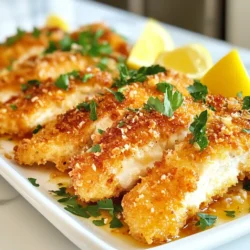 - 4 Hähnchenbrustfilets, ohne Haut und Knochen - 240 ml Buttermilch - 100 g Panko Semmelbrösel - 100 g geriebener Parmesan Die Hauptzutaten für das Rezept sind einfach zu finden. Hähnchenbrustfilets sind zart und saftig. Buttermilch macht das Fleisch noch besser. Panko Semmelbrösel sorgen für extra Knusprigkeit. Parmesan gibt viel Geschmack. - 1 Teelöffel Knoblauchpulver - 1 Teelöffel Zwiebelpulver - 1/2 Teelöffel geräuchertes Paprikapulver - 60 ml Olivenöl - 1 Esslöffel Zitronensaft Die Gewürze sind wichtig für den Geschmack. Knoblauchpulver bringt eine schöne Note. Zwiebelpulver ergänzt das Aroma. Geräuchertes Paprikapulver gibt eine leichte Schärfe. Olivenöl sorgt für das Braten, und Zitronensaft bringt Frische. - Frische Petersilie, gehackt - Salz und Pfeffer nach Geschmack Die Garnierung macht das Gericht lebendig. Frische Petersilie gibt Farbe und Geschmack. Salz und Pfeffer helfen, die Aromen zu betonen. Du kannst die Menge nach deinem Geschmack anpassen. {{ingredient_image_2}} Marinieren Sie die Hähnchenbrustfilets mindestens 30 Minuten in Buttermilch. Diese Zeit macht das Fleisch zart. Die Buttermilch hilft, die Feuchtigkeit zu halten. Sie sorgt auch für einen tollen Geschmack. Dies ist ein wichtiger Schritt, den Sie nicht auslassen sollten. Heizen Sie den Ofen auf 200°C vor. Legen Sie ein Backblech mit Backpapier aus. So bleibt das Hähnchen knusprig und wird nicht anbrennen. Bereiten Sie die Paniermasse vor, während der Ofen heizt. Dies spart Zeit und macht den Prozess einfacher. Wenden Sie das Hähnchen zuerst in Mehl. Klopfen Sie das überschüssige Mehl ab. Tauchen Sie das Hähnchen dann in die Paniermehlmischung. Drücken Sie fest, damit die Panade gut haftet. Erhitzen Sie Olivenöl in einer großen Pfanne. Braten Sie die panierten Hähnchenbrustfilets 3-4 Minuten pro Seite. Sie sollen goldbraun werden. Stellen Sie die Pfanne nach dem Braten in den Ofen. Backen Sie das Hähnchen 15-20 Minuten lang. Überprüfen Sie die Innentemperatur. Sie sollte 75°C betragen. In der Zwischenzeit bereiten Sie die Knoblauchsauce vor. Erhitzen Sie etwas Olivenöl in einem kleinen Topf. Fügen Sie den gehackten Knoblauch hinzu und braten Sie ihn 1-2 Minuten. Rühren Sie dann Zitronensaft unter. Dies wird die Sauce frisch und lecker machen. Verwenden Sie Panko für extra Knusprigkeit. Panko sind grobe Semmelbrösel aus Japan. Sie machen das Hähnchen besonders knusprig. Wenn Sie Panko verwenden, bleibt das Hähnchen außen schön knusprig und innen saftig. Mischen Sie Panko mit Parmesan für den besten Geschmack. Eine längere Marinierzeit kann das Hähnchen zarter machen. Wenn Sie das Hähnchen 2 bis 4 Stunden in der Buttermilch lassen, zieht der Geschmack besser ein. Allerdings kann das Hähnchen auch zu weich werden, wenn es zu lange mariniert. 30 Minuten sind das Minimum, aber 2 Stunden sind ideal. Die Innentemperatur ist wichtig für die Sicherheit. Verwenden Sie ein Fleischthermometer, um 75°C zu erreichen. Stechen Sie in die dickste Stelle des Hähnchens. Eine genaue Temperatur sorgt dafür, dass das Hähnchen durchgegart ist, aber nicht trocken wird. Wenn Sie kein Thermometer haben, schneiden Sie das Hähnchen an; der Saft sollte klar sein, nicht rosa. Pro Tipps Hähnchen marinieren: Lassen Sie das Hähnchen mindestens 30 Minuten in der Buttermilch marinieren, um es zart und saftig zu machen. Panko verwenden: Verwenden Sie Panko-Semmelbrösel für eine extra knusprige Panade, die das Hähnchen noch schmackhafter macht. Ofen vorheizen: Stellen Sie sicher, dass der Ofen vor dem Backen auf die richtige Temperatur vorgeheizt ist, um ein gleichmäßiges Garen zu gewährleisten. Knoblauchsauce anpassen: Passen Sie die Knoblauchsauce nach Ihrem Geschmack an, indem Sie mehr oder weniger Knoblauch hinzufügen, je nach Vorliebe für den Geschmack. {{image_4}} Für mehr Geschmack kann man andere Kräuter und Gewürze verwenden. Zum Beispiel, Rosmarin und Thymian passen gut. Auch Oregano gibt einen tollen Geschmack. Eine Mischung aus italienischen Kräutern macht das Hähnchen besonders aromatisch. Experimentiere mit Curry oder Chili für einen scharfen Kick. Das Crispy Parmesan Chicken lässt sich gut mit saisonalem Gemüse servieren. Gegrillte Zucchini, Paprika oder Spargel ergänzen das Gericht perfekt. Du kannst auch einen frischen Salat dazugeben. Das bringt Farbe auf den Teller und macht das Essen noch gesünder. Denke daran, das Gemüse leicht zu würzen, damit es die Aromen des Hähnchens ergänzt. Wenn du eine vegetarische Option möchtest, tausche das Hähnchen gegen Tofu oder Blumenkohl aus. Tofu nimmt die Marinade gut auf und wird schön knusprig. Blumenkohl kann in Röschen geteilt und ebenfalls paniert werden. Beide Optionen sind lecker und sättigend. So hat jeder etwas davon! Um übrig gebliebenes Hähnchen richtig zu lagern, lege es in einen luftdichten Behälter. Stelle sicher, dass das Hähnchen vollständig abgekühlt ist, bevor du es verpackst. So bleibt die Knusprigkeit besser erhalten. Du kannst das Hähnchen bis zu drei Tage im Kühlschrank aufbewahren. Falls du mehr Zeit brauchst, friere die Reste ein. Achte darauf, das Hähnchen gut einzuwickeln, um Gefrierbrand zu vermeiden. Um das Hähnchen wieder knusprig zu machen, verwende den Ofen. Heize den Ofen auf 180°C vor. Lege das Hähnchen auf ein Backblech und backe es 10-15 Minuten. So bleibt es saftig und wird wieder knusprig. Du kannst auch eine Pfanne benutzen. Wärme etwas Öl in der Pfanne und brate das Hähnchen für einige Minuten, bis es heiß ist. Vermeide die Mikrowelle, denn das macht das Hähnchen weich. Im Kühlschrank bleibt das Hähnchen bis zu drei Tage frisch. Achte darauf, es schnell zu verzehren, um die beste Qualität zu gewährleisten. Wenn du das Hähnchen einfrierst, kann es bis zu drei Monate haltbar sein. Beschrifte die Verpackung mit dem Datum, damit du weißt, wann du es eingefroren hast. So vermeidest du, dass es zu lange bleibt. - Empfohlene Marinierzeit: Ich empfehle, das Hähnchen mindestens 30 Minuten in Buttermilch zu marinieren. Dies macht das Fleisch zart und saftig. Für noch bessere Ergebnisse, marinieren Sie es bis zu 2 Stunden. - Möglichkeiten zur Vorbereitung und Aufbewahrung: Ja, Sie können das Hähnchen im Voraus zubereiten. Marinieren Sie das Hähnchen und lagern Sie es im Kühlschrank. Sie können die Panade auch vorbereiten und in einem luftdichten Behälter aufbewahren. So sparen Sie Zeit beim Kochen. - Empfohlene Beilagen zu Crispy Parmesan Chicken: Zu Crispy Parmesan Chicken passen viele Beilagen. Ich empfehle einen frischen Salat, geröstetes Gemüse oder Kartoffelpüree. Auch Pasta mit Knoblauchsauce ist eine gute Wahl. - Optionen für glutenfreie Anpassungen: Ja, Sie können das Rezept glutenfrei machen. Verwenden Sie glutenfreie Semmelbrösel statt Panko. Auch das Weizenmehl können Sie durch glutenfreies Mehl ersetzen. So genießen auch glutenempfindliche Menschen das Gericht. Crispy Parmesan Chicken bringt Geschmack und Knusprigkeit auf deinen Teller. Du lernst, wie du Hähnchen perfekt marinierst und backst. Die richtigen Zutaten und Tipps machen den Unterschied. Vergiss nicht, mit frischen Kräutern zu garnieren oder kreative Variationen auszuprobieren. Lagere die Reste richtig und genieße die nächsten Tage schmackhafte Aufwärmmahlzeiten. Viel Spaß beim Kochen und Ausprobieren!