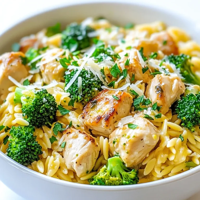 Um One Pot Chicken Broccoli Orzo zu machen, brauchst du folgende Zutaten: - 450g ohne Knochen, ohne Haut Hähnchenbrust, gewürfelt - 1 Esslöffel Olivenöl - 1 Teelöffel Knoblauchpulver - 1 Teelöffel Zwiebelpulver - 1/2 Teelöffel geräuchertes Paprikapulver - Salz und Pfeffer nach Geschmack - 200g Orzo-Nudeln - 950ml Hühnerbrühe - 150g Brokkoliröschen (frisch oder gefroren) - 50g geriebener Parmesan - 1 Esslöffel Zitronensaft - Frische Petersilie, gehackt (zum Garnieren) Falls du einige Zutaten nicht hast, hier sind Alternativen: - Hähnchenbrust: Du kannst auch Hähnchenschenkel verwenden. Sie sind saftiger. - Orzo-Nudeln: Reis oder andere kleine Nudeln sind auch okay. - Hühnerbrühe: Gemüsebrühe ist eine gute Wahl für einen vegetarischen Geschmack. - Parmesan: Feta oder Cheddar geben ebenfalls einen tollen Geschmack. Frische Zutaten machen dein Gericht besser. Hier sind einige Tipps: - Hähnchen: Wähle helles, festes Fleisch ohne Flecken. - Brokkoli: Achte auf leuchtend grüne Röschen und feste Stiele. - Parmesan: Frisch geriebener Käse hat mehr Geschmack als fertiger Käse. - Zitrone: Wähle eine feste Zitrone mit glatter Schale für mehr Saft. Mit diesen Zutaten und Tipps bist du bereit, dein One Pot Chicken Broccoli Orzo zu kochen! {{ingredient_image_2}} Ich beginne mit dem Hähnchen. Zuerst erhitze ich das Olivenöl in einem großen Topf bei mittlerer Hitze. Dann würze ich die gewürfelte Hähnchenbrust mit Salz, Pfeffer, Knoblauchpulver, Zwiebelpulver und geräuchertem Paprikapulver. Ich gebe das Hähnchen in den Topf und brate es etwa 5 bis 7 Minuten an. Es sollte von allen Seiten goldbraun sein. Dies gibt dem Hähnchen einen tollen Geschmack. Sobald das Hähnchen durchgegart ist, füge ich die Orzo-Nudeln hinzu. Es ist wichtig, gut umzurühren, damit alles gut vermengt ist. Danach gieße ich die Hühnerbrühe in den Topf. Ich rühre gründlich um und bringe die Mischung zum Kochen. Wenn es kocht, reduziere ich die Hitze und lasse es sanft simmern. Ich decke den Topf ab und koche für etwa 10 Minuten. Dabei rühre ich gelegentlich um, bis der Orzo fast gar ist. Jetzt füge ich die Brokkoliröschen hinzu. Ich rühre nochmals um und decke den Topf wieder ab. Das Gericht kocht weitere 3 bis 5 Minuten. Der Brokkoli sollte dann zart sein und der Orzo die meisten Flüssigkeiten aufgenommen haben. Ich nehme den Topf vom Herd und rühre den geriebenen Parmesan und den Zitronensaft ein. Das sorgt für einen cremigen Geschmack. Ich probiere das Gericht und passe die Würzung nach Bedarf an. Vor dem Servieren garniere ich es mit frisch gehackter Petersilie. Ein häufiger Fehler ist, das Hähnchen zu lange zu kochen. Achten Sie darauf, dass es schön goldbraun, aber nicht trocken wird. Verwenden Sie frische Gewürze, um den Geschmack zu verbessern. Viele Menschen vergessen die Brühe rechtzeitig hinzuzufügen. Dies kann dazu führen, dass der Orzo nicht richtig kocht. Stellen Sie sicher, dass Sie während des Kochens regelmäßig umrühren. So verhindern Sie, dass der Orzo am Boden des Topfes kleben bleibt. Fügen Sie zusätzliche Gewürze wie italienische Kräuter hinzu. Diese verleihen dem Gericht mehr Tiefe. Vielleicht möchten Sie auch etwas Chili-Flocken hinzufügen, wenn Sie es schärfer mögen. Probieren Sie, geröstete Pinienkerne oder Sonnenblumenkerne hinzuzufügen. Sie bringen einen tollen Crunch und zusätzlichen Geschmack. Wenn Sie etwas mehr Frische möchten, geben Sie kurz vor dem Servieren frische Kräuter wie Basilikum oder Koriander hinzu. Um eine glutenfreie Variante zuzubereiten, verwenden Sie glutenfreie Orzo-Nudeln. Diese sind in vielen Supermärkten erhältlich. Für eine vegetarische Option ersetzen Sie das Hähnchen durch Kichererbsen oder Tofu. Braten Sie diese zuerst an, um Geschmack zu entwickeln. Sie können auch den Parmesan durch einen veganen Käse ersetzen. Achten Sie darauf, die Hühnerbrühe durch Gemüsebrühe zu ersetzen, um den Geschmack zu erhalten. Pro Tipps Hähnchen marinieren: Lassen Sie das gewürfelte Hähnchen mindestens 30 Minuten in einer Mischung aus Olivenöl, Gewürzen und Zitronensaft marinieren, um den Geschmack zu intensivieren. Orzo al dente kochen: Achten Sie darauf, die Orzo-Nudeln nur bis zur al dente Konsistenz zu kochen, da sie weitergaren, wenn Sie die Brühe hinzufügen. Variationen hinzufügen: Experimentieren Sie mit anderen Gemüsearten wie Spinat oder Erbsen, um das Gericht noch bunter und nährstoffreicher zu gestalten. Resteverwertung: Verwenden Sie übrig gebliebenes Hähnchen oder Gemüse, um dieses Gericht schnell und einfach zu einem anderen Zeitpunkt zuzubereiten. {{image_4}} Einer der besten Teile an One Pot Chicken Broccoli Orzo ist die Vielseitigkeit. Du kannst viele Gemüsesorten hinzufügen. Mögen Sie Karotten? Schneide sie klein und füge sie während des Kochens hinzu. Zucchini passt auch gut. Sie macht das Gericht frisch. Erbsen sind eine weitere gute Option. Sie fügen Farbe und Süße hinzu. Du kannst auch Spinat oder grüne Bohnen verwenden. Experimentiere mit deinem Lieblingsgemüse! Die Gewürze machen das Gericht besonders. Neben dem Knoblauch- und Zwiebelpulver kannst du neue Geschmäcker ausprobieren. Füge italienische Kräuter wie Oregano oder Basilikum hinzu. Sie bringen ein tolles Aroma. Für einen scharfen Kick kannst du rote Pfefferflocken verwenden. Wenn du es rauchiger magst, probiere mehr geräuchertes Paprikapulver. So wird dein Gericht noch spannender! Käse bringt Cremigkeit in das Gericht. Parmesan ist klassisch, aber du kannst auch andere Käsesorten verwenden. Feta verleiht einen salzigen Biss. Mozzarella macht das Gericht extra schmelzig. Wenn du etwas kräftigen Geschmack möchtest, probiere Gorgonzola. Du kannst sogar eine Mischung aus verschiedenen Käsesorten verwenden. So wird dein One Pot Chicken Broccoli Orzo noch leckerer! Um One Pot Chicken Broccoli Orzo zu lagern, lassen Sie es zuerst abkühlen. Füllen Sie das Gericht in einen luftdichten Behälter. Lagern Sie es dann im Kühlschrank. So bleibt es frisch. Es hält sich etwa drei bis vier Tage. Wenn Sie es länger aufbewahren möchten, frieren Sie es ein. Achten Sie darauf, dass der Behälter für das Gefrierfach geeignet ist. So bleibt der Geschmack erhalten. Um die Reste aufzuwärmen, nehmen Sie eine Pfanne oder Mikrowelle. Wenn Sie die Pfanne verwenden, fügen Sie etwas Brühe hinzu. Dies hilft, das Gericht feucht zu halten. Erhitzen Sie es bei mittlerer Hitze. Rühren Sie oft um. In der Mikrowelle stellen Sie die Zeit auf zwei bis drei Minuten ein. Überprüfen Sie, ob es gleichmäßig warm ist. Fügen Sie frischen Parmesan hinzu, bevor Sie servieren. Um Austrocknen zu vermeiden, lagern Sie das Gericht immer in einem fest verschlossenen Behälter. Wenn Sie es aufwärmen, verwenden Sie Brühe oder Wasser. So bleibt die cremige Textur. Decken Sie das Gericht beim Erwärmen ab. Dies hilft, die Feuchtigkeit zu bewahren. Wenn Sie es einfrieren, teilen Sie es in Portionen auf. So nehmen Sie nur das heraus, was Sie brauchen. Du kannst One Pot Chicken Broccoli Orzo bis zu drei Tage im Kühlschrank aufbewahren. Stelle sicher, dass das Gericht in einem luftdichten Behälter liegt. So bleibt es frisch und lecker. Wenn du es länger aufbewahren möchtest, friere es ein. Im Gefrierschrank hält es etwa drei Monate. Ja, du kannst das Rezept im Voraus zubereiten. Koche das Gericht und lasse es abkühlen. Danach kannst du es in Portionen aufteilen und im Kühlschrank lagern. Das macht das Abendessen an einem hektischen Tag viel einfacher. Erwärme es einfach in der Mikrowelle oder auf dem Herd. Zu One Pot Chicken Broccoli Orzo passen viele Beilagen gut. Ein frischer grüner Salat bringt eine schöne Frische. Auch knuspriges Brot ist eine tolle Wahl, um die cremige Sauce aufzusaugen. Wenn du etwas mehr Gemüse möchtest, sind gedünstete Karotten oder grüne Bohnen eine gute Idee. Zusammenfassend habe ich die wichtigsten Zutaten und Schritte für das One Pot Chicken Broccoli Orzo Rezept erklärt. Ich habe Tipps gegeben, um frische Zutaten auszuwählen und häufige Fehler zu vermeiden. Variationen und Lagerungshinweise helfen dir, das Gericht nach deinem Geschmack anzupassen und es optimal zu lagern. Denke daran, beim Kochen Spaß zu haben und kreativ zu sein. Mit diesen Informationen wirst du in der Küche mehr Freude haben und köstliche Mahlzeiten zubereiten.