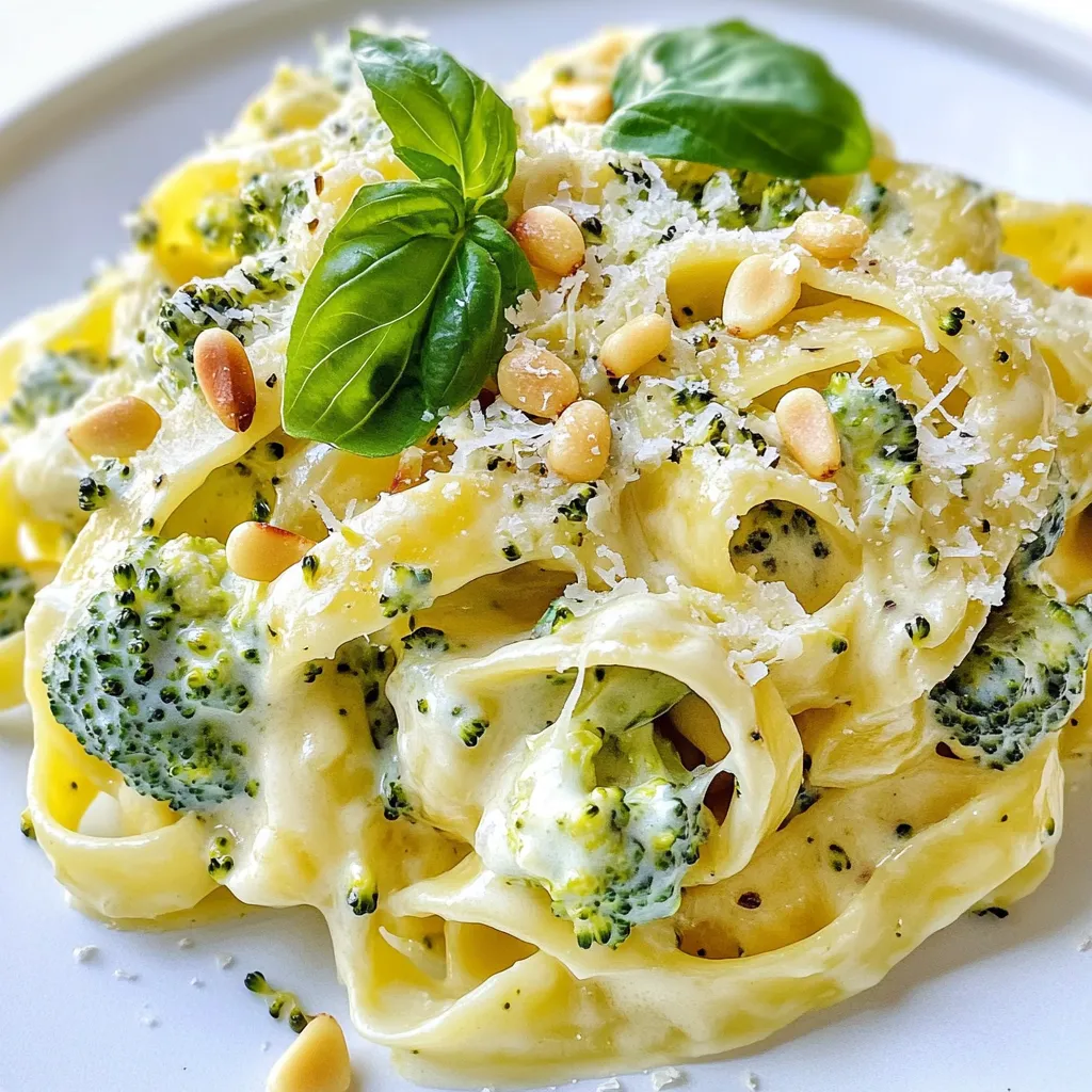 - 340 g Pasta (Fettuccine oder Penne) - 2 Tassen Brokkoliröschen - 240 ml Schlagsahne - 2 Esslöffel Olivenöl - 3 Zehen Knoblauch (gehackt) - 1 Teelöffel Zitronenschale - 100 g Parmesan (gerieben) - ½ Teelöffel rote Pfefferflocken (optional) - Geröstete Pinienkerne und frische Basilikumblätter zur Garnierung Ich liebe es, mit frischen Zutaten zu kochen. Für dieses Gericht wähle ich Fettuccine oder Penne. Diese Pastaformen halten die Soße gut. Der Brokkoli bringt Farbe und Nährstoffe. Schlagsahne sorgt für die cremige Textur. Die Aromen sind wichtig. Ich benutze Olivenöl, um den Knoblauch zu braten. Der Knoblauch gibt einen tollen Duft. Zitronenschale fügt Frische hinzu. Wenn du es scharf magst, nimm die roten Pfefferflocken. Der Parmesan ist ein Muss. Er schmilzt schön und macht die Soße reichhaltig. Du kannst die Pasta mit gerösteten Pinienkernen und frischem Basilikum garnieren. Das gibt einen tollen Crunch und Geschmack. Jede Zutat spielt eine Rolle. Sie macht das Gericht besonders. Frische Zutaten machen den Unterschied. Du wirst diese Kombination lieben! {{ingredient_image_2}} Zuerst bringen Sie in einem großen Topf ausreichend Salzwasser zum Kochen. Fügen Sie dann die Pasta hinzu. Kochen Sie die Pasta gemäß den Anweisungen auf der Verpackung. Achten Sie darauf, sie al dente zu garen. In den letzten 3-4 Minuten der Kochzeit geben Sie die Brokkoliröschen in das Wasser. So bleiben sie knackig und frisch. Während die Pasta kocht, erhitzen Sie in einer großen Pfanne Olivenöl bei mittlerer Hitze. Fügen Sie den fein gehackten Knoblauch hinzu. Braten Sie ihn für 1-2 Minuten an, bis er aromatisch riecht. Achten Sie darauf, dass er nicht braun wird. Reduzieren Sie dann die Hitze und gießen Sie die Schlagsahne hinein. Rühren Sie gut um. Geben Sie die Zitronenschale, rote Pfefferflocken, Salz und Pfeffer dazu. Lassen Sie die Mischung 3-4 Minuten leicht köcheln. Nach dem Köcheln rühren Sie nach und nach den geriebenen Parmesan ein. Warten Sie, bis der Käse schmilzt und die Soße cremig wird. Probieren Sie die Soße und passen Sie die Würze an. Dann gießen Sie die fertige Pasta und den Brokkoli ab. Vermischen Sie alles gut mit der cremigen Soße. So wird jede Pasta gleichmäßig umhüllt. Servieren Sie die Pasta-Brokkoli-Mischung auf Tellern. Garnieren Sie sie mit gerösteten Pinienkernen und frischen Basilikumblättern für zusätzlichen Geschmack und Crunch. - Al dente kochen: So gelingt es Um Pasta perfekt al dente zu kochen, benutze einen großen Topf mit viel Wasser. Bring das Wasser zum Kochen, bevor du die Pasta hinzufügst. Rühre die Pasta gut um, damit sie nicht zusammenklebt. Prüfe die Kochzeit auf der Verpackung und koste sie ein paar Minuten vor Ende. Sie sollte weich, aber noch bissfest sein. - Salzwasser nutzen für mehr Geschmack Füge reichlich Salz ins Wasser hinzu, bevor du die Pasta kochst. Das gibt der Pasta Geschmack. Ein guter Richtwert sind etwa 10 g Salz pro Liter Wasser. Das macht einen großen Unterschied. - Kokosmilch statt Schlagsahne verwenden Für eine leichtere Variante kannst du Kokosmilch anstelle von Schlagsahne nutzen. Das gibt der Soße einen tollen, exotischen Geschmack und macht sie cremig. Die Kombination mit Brokkoli ist einfach köstlich. - Andere Käsesorten ausprobieren Du kannst verschiedene Käsesorten verwenden, um neue Geschmäcker zu entdecken. Brie oder Pecorino geben der Soße einen anderen Charakter. Experimentiere mit deinen Lieblingskäsesorten. - Garnituren effektiv nutzen Nutze frische Kräuter wie Basilikum oder Petersilie, um das Gericht zu garnieren. Das bringt Farbe und zusätzlichen Geschmack. Geröstete Pinienkerne verleihen Crunch und sind eine tolle Ergänzung. - Servierideen für besondere Anlässe Serviere die Pasta in großen Schalen für Familienessen oder in kleinen Tellern für Dinnerpartys. Du kannst auch etwas Zitronensaft darüber träufeln, um Frische hinzuzufügen. Pro Tipps Pasta al dente kochen: Achten Sie darauf, die Pasta genau nach Anweisung zu kochen, um die perfekte Textur zu erreichen. Al dente bedeutet, dass sie beim Bissen noch einen leichten Biss hat. Frische Zutaten verwenden: Für den besten Geschmack und die beste Textur sollten Sie frischen Brokkoli und frische Kräuter wie Basilikum verwenden. Sie bringen die Aromen wirklich zur Geltung. Variationen der Soße: Experimentieren Sie mit der Soße, indem Sie anstelle von Schlagsahne eine pflanzliche Alternative verwenden oder zusätzlich etwas Gemüsebrühe für mehr Geschmack hinzufügen. Pinienkerne rösten: Rösten Sie die Pinienkerne vor dem Garnieren in einer trockenen Pfanne für zusätzlichen Geschmack und Crunch. Achten Sie darauf, sie nicht zu lange zu rösten, da sie schnell verbrennen können. {{image_4}} Sie können dieses Gericht leicht anpassen. Fügen Sie einfach Pilze oder Spinat hinzu. Beide Zutaten bringen neue Aromen. Pilze verleihen einen herzhaften Geschmack. Spinat fügt eine frische Note hinzu. Diese Optionen sind lecker und gesund. Sie machen das Gericht noch bunter. Wenn Sie mehr Protein möchten, integrieren Sie Hähnchen oder Garnelen. Gebratenes Hähnchen passt gut zu den cremigen Aromen. Garnelen bringen eine zarte Süße. Beide Varianten sind schnell zubereitet. Sie können sie einfach in die Soße geben. So wird das Gericht noch sättigender und nahrhafter. Für eine glutenfreie Option nutzen Sie glutenfreie Pasta. Es gibt viele gute Sorten im Handel. Diese Pasta schmeckt oft genauso gut wie die normale. Achten Sie auf die Kochzeit, die kann variieren. Ihre cremige Pasta bleibt so für alle genießbar. Um die Reste der Broccoli Lover’s Creamy Pasta richtig aufzubewahren, lassen Sie die Pasta zuerst abkühlen. Füllen Sie sie dann in einen luftdichten Behälter. Achten Sie darauf, dass der Behälter gut verschlossen ist. Lagern Sie ihn im Kühlschrank. So bleiben die Aromen frisch. Nutzen Sie die Reste innerhalb von drei Tagen. Die beste Methode zum Aufwärmen der Pasta ist, sie in einer Pfanne mit etwas Wasser zu erhitzen. Fügen Sie ein wenig Olivenöl hinzu, um die Soße wieder geschmeidig zu machen. Erhitzen Sie die Mischung bei niedriger Hitze. Rühren Sie häufig, damit nichts anbrennt. Alternativ können Sie die Pasta auch in der Mikrowelle aufwärmen. Decken Sie sie mit einem feuchten Tuch ab, um das Austrocknen zu verhindern. Die Reste der Broccoli Lover’s Creamy Pasta sind im Kühlschrank etwa drei Tage genießbar. Überprüfen Sie immer den Geruch und das Aussehen, bevor Sie sie essen. Wenn die Reste unangenehm riechen oder die Farbe sich verändert hat, entsorgen Sie sie lieber. Die Zubereitungszeit beträgt etwa 10 Minuten. Für die gesamte Zubereitung benötigen Sie rund 20 Minuten. In dieser kurzen Zeit haben Sie ein leckeres Gericht, das die ganze Familie erfreut. Ja, Sie können die Sahne durch pflanzliche Alternativen ersetzen. Ich empfehle Kokosmilch oder Cashew-Creme. Beide geben einen tollen Geschmack. Achten Sie darauf, die Menge ähnlich zu halten. So bleibt die Konsistenz cremig. Fettuccine und Penne sind die besten Optionen für dieses Rezept. Fettuccine hat eine flache Form, die die Soße gut hält. Penne hat eine Röhrenform, die ebenfalls viel Soße aufnimmt. Beide Sorten sind leicht erhältlich und preiswert. Diese Blogpost hat dir gezeigt, wie du eine leckere Brokkoli-Cremepasta zubereitest. Wir haben die Hauptzutaten und die Zubereitungsschritte besprochen. Du kannst mit verschiedenen Soßen und Garnierungen experimentieren. Auch Varianten für Vegetarier und Glutenfreie stoßen auf Interesse. Die Aufbewahrung und das Aufwärmen sind ebenfalls wichtig. Nutze diese Tipps, um das Gericht zu perfektionieren. So gelingt dir ein einfaches, schnelles und schmackhaftes Essen. Viel Spaß beim Kochen und Genießen!