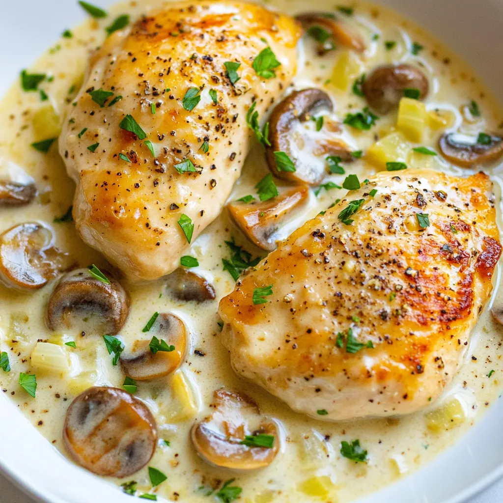 Für eine leckere cremige Pilz-Hähnchen-Pfanne brauchst du folgende Hauptzutaten: - 2 Hähnchenbrustfilets, ohne Knochen und Haut - 1 Tasse Champignons, in Scheiben geschnitten (Cremini oder weiße Champignons) - 1 kleine Zwiebel, fein gehackt - 3 Knoblauchzehen, gehackt - 1 Tasse Sahne - 1 Tasse Hühnerbrühe (mit reduziertem Natriumgehalt) Diese Zutaten bilden die Basis für unseren Geschmack. Das Hähnchen ist zart und die Pilze bringen eine schöne Textur. Die richtigen Gewürze sind wichtig. Sie bringen den Geschmack zur Geltung. Hier sind die Gewürze, die du brauchst: - 1 Teelöffel getrockneter Thymian - 1 Teelöffel Paprika - Salz und Pfeffer nach Geschmack - 2 Esslöffel Olivenöl Thymian gibt ein erdiges Aroma. Paprika fügt eine sanfte Schärfe hinzu. Salz und Pfeffer runden alles ab. Um dein Gericht noch schöner zu machen, kannst du einige Garnierungen hinzufügen: - Frische Petersilie, gehackt (zum Garnieren) Die Petersilie bringt Farbe und Frische. Sie macht das Gericht appetitlicher und gesünder. Experimentiere gerne mit anderen Kräutern, um deinen eigenen Stil zu finden. {{ingredient_image_2}} Zuerst bereiten Sie die Hähnchenbrustfilets vor. Würzen Sie sie gut. Nutzen Sie Salz, Pfeffer, Paprika und getrockneten Thymian. Diese Gewürze machen das Hähnchen lecker. Erhitzen Sie Olivenöl in einer großen Pfanne bei mittlerer bis hoher Hitze. Fügen Sie die Hähnchenbrustfilets hinzu. Braten Sie sie etwa 6-7 Minuten auf jeder Seite. Sie sollten goldbraun und durchgegart sein. Nehmen Sie das Hähnchen aus der Pfanne und legen Sie es beiseite. Geben Sie die gehackte Zwiebel in die gleiche Pfanne. Braten Sie sie 3-4 Minuten, bis sie durchsichtig ist. Dann fügen Sie den gehackten Knoblauch und die geschnittenen Champignons hinzu. Braten Sie alles für 5-6 Minuten, bis die Pilze weich sind und leicht gebräunt. Gießen Sie die Hühnerbrühe in die Pfanne. Rühren Sie gut um, um die Reste vom Boden zu lösen. Lassen Sie die Mischung aufkochen. Reduzieren Sie dann die Hitze und fügen Sie die Sahne hinzu. Rühren Sie alles gut um. Lassen Sie die Soße etwa 3-4 Minuten köcheln, bis sie leicht eindickt. Legen Sie die gekochten Hähnchenbrüste zurück in die Pfanne. Löffeln Sie die cremige Pilzsoße darüber. Lassen Sie das Gericht für 2-3 Minuten erhitzen. Passen Sie die Würze mit Salz und Pfeffer an. Nehmen Sie die Pfanne vom Herd. Bestreuen Sie das Gericht mit frischer, gehackter Petersilie. Servieren Sie das Hähnchen auf einem Teller und gießen Sie die Soße großzügig darüber. Garnieren Sie mit zusätzlichen Petersilienblättern für einen frischen Farbtupfer. Um das Hähnchen perfekt zuzubereiten, wähle frische Brustfilets. Würze sie großzügig mit Salz und Pfeffer, damit sie gut schmecken. Erhitze dein Olivenöl gut, bevor du das Hähnchen hineingibst. Dies sorgt für eine schöne goldene Farbe. Brate das Hähnchen nicht zu lange, damit es saftig bleibt. Überprüfe die Innentemperatur; sie sollte 75 Grad Celsius betragen. Die Soße ist der Schlüssel zu diesem Gericht. Nutze eine gute Hühnerbrühe für den besten Geschmack. Lass die Brühe aufkochen und rühre die Sahne gut ein. Das langsame Köcheln sorgt dafür, dass die Aromen sich verbinden. Wenn die Soße zu dick ist, füge etwas mehr Hühnerbrühe hinzu. Schmecke mit Salz und Pfeffer ab, um die Aromen zu intensivieren. Eine schöne Präsentation macht das Essen noch besser. Serviere das Hähnchen auf einem flachen Teller. Gieße die cremige Soße großzügig darüber. Verwende frische, gehackte Petersilie als Garnierung. Das gibt nicht nur Farbe, sondern auch Frische. Du kannst auch einige gebratene Champignons darauflegen, um das Gericht aufzuwerten. Pro Tipps Hähnchen marinieren: Lassen Sie die Hähnchenbrustfilets vor dem Braten mindestens 30 Minuten marinieren, um den Geschmack zu intensivieren. Pilze richtig anbraten: Stellen Sie sicher, dass die Pfanne heiß genug ist, bevor Sie die Pilze hinzufügen, damit sie schön bräunen und nicht dampfen. Soße anpassen: Experimentieren Sie mit verschiedenen Kräutern wie Rosmarin oder Oregano, um der Soße eine persönliche Note zu verleihen. Resteverwertung: Verwenden Sie die restliche Soße als Dip für frisches Brot oder als Basis für eine andere Pasta-Sauce. {{image_4}} Wenn Sie eine vegetarische Option suchen, probieren Sie Tofu statt Hähnchen. Tofu hat eine tolle Textur und nimmt die Aromen gut auf. Schneiden Sie den Tofu in Würfel und braten Sie ihn bis er goldbraun ist. Verwenden Sie die gleiche Soße aus Pilzen, Sahne und Gewürzen. Das macht das Gericht ebenso cremig und lecker. Pilze sind sehr vielseitig. Sie können verschiedene Sorten nutzen, um neue Geschmäcker zu entdecken. Zum Beispiel, Shiitake oder Portobello sind großartige Alternativen. Sie haben einen intensiven Geschmack und verleihen Ihrem Gericht mehr Tiefe. Mischen Sie verschiedene Pilze, um eine interessante Textur und Farbe zu erhalten. Sie können das Rezept leicht anpassen, um verschiedene Vorlieben zu erfüllen. Fügen Sie frisches Gemüse wie Spinat oder Brokkoli hinzu. Das erhöht den Nährwert und die Farben. Wenn Sie es schärfer mögen, geben Sie etwas Chili oder Cayennepfeffer hinzu. Experimentieren Sie mit verschiedenen Kräutern wie Basilikum oder Oregano für einen besonderen Twist. Um Reste der cremigen Pilz-Hähnchen-Pfanne richtig zu lagern, folge diesen Schritten: - Lass das Gericht zuerst auf Raumtemperatur abkühlen. - Lege die Reste in einen luftdichten Behälter. - Verwende am besten Glas- oder Plastikbehälter mit fest schließendem Deckel. Wenn du die Reste aufwärmst, achte darauf, die Konsistenz zu bewahren: - Erhitze die Pfanne bei mittlerer Hitze. - Füge einen Schuss Hühnerbrühe oder Sahne hinzu, um die Soße cremig zu halten. - Rühre oft um, damit nichts anbrennt. Die Haltbarkeit ist wichtig, um die Frische zu sichern: - Im Kühlschrank bleibt die Pilz-Hähnchen-Pfanne etwa 3 bis 4 Tage frisch. - Im Gefrierfach kannst du sie bis zu 2 Monate lagern. - Achte darauf, die Reste in portionierten Behältern einzufrieren. So kannst du sie besser verwenden. Die Zubereitung dauert insgesamt etwa 30 Minuten. In 10 Minuten bereiten Sie die Zutaten vor. Das Kochen selbst nimmt dann etwa 20 Minuten in Anspruch. So haben Sie in kurzer Zeit ein leckeres Gericht. Ja, Sie können die Sahne durch eine leichtere Alternative ersetzen. Sie könnten griechischen Joghurt oder eine Mischung aus Milch und Mehl verwenden. Dies macht die Soße weniger schwer, bleibt aber sehr cremig. Zu dieser cremigen Pilz-Hähnchen-Pfanne passen viele Beilagen. Hier sind einige Optionen: - Reis oder Quinoa - Pasta oder Nudeln - Gebratenes Gemüse - Ein frischer grüner Salat Ja, das Rezept ist glutenfrei. Die Zutaten enthalten kein Gluten. Achten Sie jedoch darauf, dass die Hühnerbrühe glutenfrei ist, wenn Sie eine kaufen. So können Sie das Gericht unbesorgt genießen. In diesem Blogbeitrag haben wir die Schritte für die cremige Pilz-Hähnchen-Pfanne durchgegangen. Wir haben die Hauptzutaten, Gewürze und die Zubereitung detailliert besprochen. Tipps und Variationen zeigen, wie vielseitig dieses Gericht sein kann. Denken Sie daran, auch Reste richtig zu lagern und aufzuwärmen. Ob für die Familie oder Gäste, dieses Rezept bietet immer Freude. Probieren Sie es aus und genießen Sie den Geschmack!