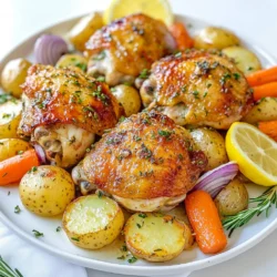 - 4 Hähnchenschenkel mit Knochen und Haut - 450 g Babykartoffeln, halbiert - 2 Tassen Karotten, in 2,5 cm große Stücke geschnitten - 6 Knoblauchzehen, fein gehackt - 1 Esslöffel frischer Rosmarin, gehackt - 1 Esslöffel frischer Thymian, gehackt - 2 Esslöffel Olivenöl - Salz und Pfeffer nach Geschmack - Zitronenschnitze zum Servieren Ich wähle immer frische Zutaten für mein Rösthähnchen. Die Hähnchenschenkel sollten gut gekühlt sein. Sie benötigen Knochen und Haut für den besten Geschmack. Die Babykartoffeln sind perfekt. Sie sind klein und brauchen keine lange Garzeit. Karotten bringen eine süße Note. Schneide sie in gleich große Stücke, damit sie gleichmäßig garen. Knoblauch ist der Star in diesem Gericht. Er verleiht dem Hähnchen ein kräftiges Aroma. Rosmarin und Thymian sind die idealen Kräuter. Sie passen perfekt zu Hähnchen und Gemüse. Olivenöl hilft, alles schön zu verbinden. Es sorgt auch dafür, dass das Hähnchen knusprig wird. Salz und Pfeffer sind wichtig für den Geschmack. Achte darauf, genug zu verwenden. Zitronenschnitze bringen Frische und Farbe auf den Teller. Sie sind das i-Tüpfelchen für dein Gericht. {{ingredient_image_2}} Zuerst heize deinen Ofen auf 220°C (425°F) vor. Dies sorgt dafür, dass das Hähnchen schön knusprig wird. Während der Ofen vorheizt, bereite das Hähnchen und das Gemüse vor. Tupfe die Hähnchenschenkel trocken. Würze beide Seiten mit Salz und Pfeffer. Für das Gemüse schneide die Babykartoffeln in der Mitte durch. Bereite die Karotten in 2,5 cm große Stücke vor. Schneide die rote Zwiebel in Spalten. Nimm eine kleine Schüssel und kombiniere die gehackten Knoblauchzehen, das Olivenöl, den Rosmarin, den Thymian und die Petersilie. Rühre alles gut um, bis du eine pasteartige Mischung erhältst. Diese Mischung wird dem Hähnchen und dem Gemüse viel Geschmack geben. Jetzt reibe die Hälfte der Kräutermischung über die Hähnchenschenkel. Achte darauf, dass die Paste auch unter die Haut gelangt. So wird das Fleisch besonders saftig. In einer großen Schüssel vermenge die Babykartoffeln, Karotten und Zwiebelspalten mit der restlichen Kräutermischung. Würze das Gemüse mit Salz und Pfeffer. Mische alles gut, bis jedes Stück gleichmäßig bedeckt ist. Lege die Hähnchenschenkel mit der Hautseite nach oben in eine große Backform. Verteile das gewürzte Gemüse gleichmäßig um das Hähnchen. Röste alles im vorgeheizten Ofen für etwa 35-40 Minuten. Das Hähnchen sollte goldbraun sein, und die Innentemperatur muss 75°C (165°F) erreichen. Das Gemüse wird zart und lecker. Um den besten Geschmack zu bekommen, würze das Hähnchen unter der Haut. Das bringt die Aromen direkt ins Fleisch. Nutze die Kräutermischung, die du vorbereitet hast. Massiere sie gut ein, damit der Geschmack richtig durchdringt. Verteile das Gemüse gleichmäßig in der Backform. So bekommt jedes Stück die Hitze vom Ofen. Das sorgt dafür, dass alles gleichmäßig gart und keine Stelle verkocht. Für das perfekte Rösten, achte auf die Garzeit. Stelle deinen Ofen auf 220°C ein. Röste das Hähnchen etwa 35 bis 40 Minuten. Überprüfe die Innentemperatur des Hähnchens. Sie sollte 75°C betragen. So weißt du, dass das Hähnchen gut durchgegart ist. Das Gemüse sollte zart sein, aber nicht matschig. Serviere das Gericht direkt aus der Backform. Das sieht rustikal und einladend aus. Du kannst das Hähnchen und das Gemüse mit frischen Kräutern garnieren. Etwas zusätzlicher Zitronensaft bringt Frische. Für eine besondere Note, füge Zitronenschnitze hinzu. Drucke sie über das Hähnchen und das Gemüse. Das gibt zusätzliches Aroma und sieht schön aus. Pro Tipps Hähnchen marinieren: Lasse die Hähnchenschenkel nach dem Einreiben mit der Kräutermischung für eine Stunde im Kühlschrank ruhen, um den Geschmack zu intensivieren. Gemüse variieren: Du kannst auch andere Gemüsesorten wie Paprika oder Zucchini hinzufügen, um mehr Farbe und Geschmack zu erhalten. Knoblauchgeschmack anpassen: Für einen intensiveren Knoblauchgeschmack, kannst du die Menge der verwendeten Knoblauchzehen erhöhen oder sie leicht anschwitzen, bevor du sie zur Kräutermischung hinzufügst. Röstdauer überprüfen: Achte darauf, die Innentemperatur des Hähnchens mit einem Fleischthermometer zu überprüfen, um sicherzustellen, dass es perfekt gegart ist. {{image_4}} Du kannst das Rezept leicht abändern. Probiere verschiedene Gemüsearten aus. Zucchini, Paprika oder Brokkoli passen gut. Wenn du nicht so viel Gemüse magst, gehe mit einer Sorte. Das macht das Gericht einfacher. Alternativen zu Hähnchen sind auch möglich. Du kannst Putenkeulen oder Tofu verwenden. Beide Optionen bringen neuen Geschmack. Achte darauf, die Garzeit anzupassen. Das Rezept ist auch offen für neue Kräuter. Frischer Basilikum oder Oregano verleihen dem Gericht ein anderes Aroma. Du kannst die Kräuter nach deinem Geschmack variieren. Wenn du es würziger magst, füge eine Prise Chili hinzu. Dadurch bekommt das Gericht einen tollen Kick. Experimentiere mit den Gewürzen, um deinen perfekten Geschmack zu finden. Zu diesem Gericht passen viele Beilagen. Ein frischer grüner Salat ist eine gute Wahl. Er bringt Farbe und frische Aromen. Reis oder Quinoa sind auch tolle Optionen. Diese Beilagen ergänzen das Hähnchen gut. Für einen besonderen Touch kannst du Brot dazu servieren. Knuspriges Baguette passt ideal. So kannst du die köstliche Soße auf deinem Teller aufnehmen. Kühlen und Gefrieren Lass das Hähnchen und das Gemüse auf Raumtemperatur abkühlen. Packe die Reste in luftdichte Behälter. Sie bleiben im Kühlschrank für bis zu drei Tage frisch. Wenn du die Reste länger aufbewahren willst, friere sie ein. So bleiben sie bis zu drei Monate gut. Haltbarkeit der Reste Im Kühlschrank sind die Reste nach drei Tagen nicht mehr frisch. Im Gefrierfach hingegen kann das Gericht bis zu drei Monate lang genießbar bleiben. Achte darauf, die Behälter richtig zu beschriften. So weißt du, wann du sie eingefroren hast. Methoden zum Aufwärmen Um die Reste aufzuwärmen, benutze den Ofen oder die Mikrowelle. Heize den Ofen auf 180°C vor. Lege das Hähnchen und das Gemüse auf ein Blech. Bedecke es mit Folie, um das Austrocknen zu verhindern. Erwärme es für etwa 20 Minuten. In der Mikrowelle erwärmst du die Reste in kurzen Abständen. Überprüfe oft, um sicherzustellen, dass es nicht zu heiß wird. Tipps für besten Geschmack Um den besten Geschmack zu erhalten, füge einen Spritzer Olivenöl hinzu, bevor du die Reste aufwärmst. Das hilft, das Gericht saftig zu halten. Du kannst auch frische Kräuter oder Zitrone hinzufügen, um den Geschmack zu beleben. Ideen zur Weiterverwendung Verwende die Reste für ein schnelles Mittagessen. Mache einen Wrap oder füge sie zu einem Salat hinzu. Das Hähnchen kann auch in einer Suppe oder einem Eintopf verwendet werden. Die Gemüse können in einem Omelett oder einer Quiche landen. Neue Gerichte aus Resten kreieren Kreiere neue Gerichte, indem du die Reste als Füllung für Tacos oder Burritos nutzt. Vermische sie mit Reis und etwas Brühe für einen leckeren Auflauf. So sparst du Zeit und verwertest die Reste kreativ. Die Zubereitung dauert insgesamt 55 Minuten. Die Vorbereitungszeit beträgt 15 Minuten. Du heizt den Ofen auf 220°C vor und bereitest das Hähnchen und das Gemüse vor. Dann rösten sie alles zusammen für 35-40 Minuten. So bekommst du ein leckeres, saftiges Gericht. Ja, du kannst das Rezept im Voraus zubereiten. Bereite das Hähnchen und das Gemüse am Vortag vor. Würze das Hähnchen und das Gemüse wie im Rezept beschrieben. Lege sie in den Kühlschrank. Am nächsten Tag heizst du den Ofen vor und röstest alles. Dies spart Zeit und macht das Kochen einfach. Ja, dieses Gericht ist glutenfrei. Es enthält keine glutenhaltigen Zutaten. Achte darauf, dass deine Gewürze und Öle auch glutenfrei sind. So kannst du sicher genießen, ohne dir Sorgen zu machen. Dieses Rezept für Knoblauch-Kräuter-Rösthähnchen ist einfach und lecker. Wir haben die Hauptzutaten, Gewürze und Übungen zur Zubereitung besprochen. Mit einfachen Tipps erzielen Sie den besten Geschmack. Variationen und Aufbewahrungstechniken machen es vielseitig. Genießen Sie Ihre Kreationen und haben Sie Spaß beim Kochen! Dieses Gericht ist nicht nur schmackhaft, sondern auch leicht zu ändern und anzupassen. Probieren Sie es aus und teilen Sie Ihre Ergebnisse!