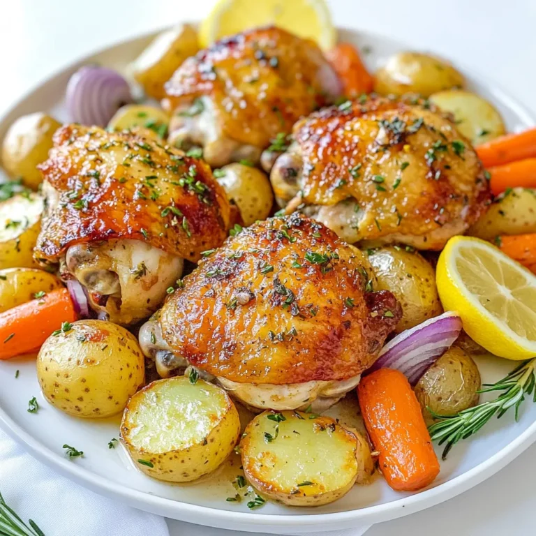 - 4 Hähnchenschenkel mit Knochen und Haut - 450 g Babykartoffeln, halbiert - 2 Tassen Karotten, in 2,5 cm große Stücke geschnitten - 6 Knoblauchzehen, fein gehackt - 1 Esslöffel frischer Rosmarin, gehackt - 1 Esslöffel frischer Thymian, gehackt - 2 Esslöffel Olivenöl - Salz und Pfeffer nach Geschmack - Zitronenschnitze zum Servieren Ich wähle immer frische Zutaten für mein Rösthähnchen. Die Hähnchenschenkel sollten gut gekühlt sein. Sie benötigen Knochen und Haut für den besten Geschmack. Die Babykartoffeln sind perfekt. Sie sind klein und brauchen keine lange Garzeit. Karotten bringen eine süße Note. Schneide sie in gleich große Stücke, damit sie gleichmäßig garen. Knoblauch ist der Star in diesem Gericht. Er verleiht dem Hähnchen ein kräftiges Aroma. Rosmarin und Thymian sind die idealen Kräuter. Sie passen perfekt zu Hähnchen und Gemüse. Olivenöl hilft, alles schön zu verbinden. Es sorgt auch dafür, dass das Hähnchen knusprig wird. Salz und Pfeffer sind wichtig für den Geschmack. Achte darauf, genug zu verwenden. Zitronenschnitze bringen Frische und Farbe auf den Teller. Sie sind das i-Tüpfelchen für dein Gericht. {{ingredient_image_2}} Zuerst heize deinen Ofen auf 220°C (425°F) vor. Dies sorgt dafür, dass das Hähnchen schön knusprig wird. Während der Ofen vorheizt, bereite das Hähnchen und das Gemüse vor. Tupfe die Hähnchenschenkel trocken. Würze beide Seiten mit Salz und Pfeffer. Für das Gemüse schneide die Babykartoffeln in der Mitte durch. Bereite die Karotten in 2,5 cm große Stücke vor. Schneide die rote Zwiebel in Spalten. Nimm eine kleine Schüssel und kombiniere die gehackten Knoblauchzehen, das Olivenöl, den Rosmarin, den Thymian und die Petersilie. Rühre alles gut um, bis du eine pasteartige Mischung erhältst. Diese Mischung wird dem Hähnchen und dem Gemüse viel Geschmack geben. Jetzt reibe die Hälfte der Kräutermischung über die Hähnchenschenkel. Achte darauf, dass die Paste auch unter die Haut gelangt. So wird das Fleisch besonders saftig. In einer großen Schüssel vermenge die Babykartoffeln, Karotten und Zwiebelspalten mit der restlichen Kräutermischung. Würze das Gemüse mit Salz und Pfeffer. Mische alles gut, bis jedes Stück gleichmäßig bedeckt ist. Lege die Hähnchenschenkel mit der Hautseite nach oben in eine große Backform. Verteile das gewürzte Gemüse gleichmäßig um das Hähnchen. Röste alles im vorgeheizten Ofen für etwa 35-40 Minuten. Das Hähnchen sollte goldbraun sein, und die Innentemperatur muss 75°C (165°F) erreichen. Das Gemüse wird zart und lecker. Um den besten Geschmack zu bekommen, würze das Hähnchen unter der Haut. Das bringt die Aromen direkt ins Fleisch. Nutze die Kräutermischung, die du vorbereitet hast. Massiere sie gut ein, damit der Geschmack richtig durchdringt. Verteile das Gemüse gleichmäßig in der Backform. So bekommt jedes Stück die Hitze vom Ofen. Das sorgt dafür, dass alles gleichmäßig gart und keine Stelle verkocht. Für das perfekte Rösten, achte auf die Garzeit. Stelle deinen Ofen auf 220°C ein. Röste das Hähnchen etwa 35 bis 40 Minuten. Überprüfe die Innentemperatur des Hähnchens. Sie sollte 75°C betragen. So weißt du, dass das Hähnchen gut durchgegart ist. Das Gemüse sollte zart sein, aber nicht matschig. Serviere das Gericht direkt aus der Backform. Das sieht rustikal und einladend aus. Du kannst das Hähnchen und das Gemüse mit frischen Kräutern garnieren. Etwas zusätzlicher Zitronensaft bringt Frische. Für eine besondere Note, füge Zitronenschnitze hinzu. Drucke sie über das Hähnchen und das Gemüse. Das gibt zusätzliches Aroma und sieht schön aus. Pro Tipps Hähnchen marinieren: Lasse die Hähnchenschenkel nach dem Einreiben mit der Kräutermischung für eine Stunde im Kühlschrank ruhen, um den Geschmack zu intensivieren. Gemüse variieren: Du kannst auch andere Gemüsesorten wie Paprika oder Zucchini hinzufügen, um mehr Farbe und Geschmack zu erhalten. Knoblauchgeschmack anpassen: Für einen intensiveren Knoblauchgeschmack, kannst du die Menge der verwendeten Knoblauchzehen erhöhen oder sie leicht anschwitzen, bevor du sie zur Kräutermischung hinzufügst. Röstdauer überprüfen: Achte darauf, die Innentemperatur des Hähnchens mit einem Fleischthermometer zu überprüfen, um sicherzustellen, dass es perfekt gegart ist. {{image_4}} Du kannst das Rezept leicht abändern. Probiere verschiedene Gemüsearten aus. Zucchini, Paprika oder Brokkoli passen gut. Wenn du nicht so viel Gemüse magst, gehe mit einer Sorte. Das macht das Gericht einfacher. Alternativen zu Hähnchen sind auch möglich. Du kannst Putenkeulen oder Tofu verwenden. Beide Optionen bringen neuen Geschmack. Achte darauf, die Garzeit anzupassen. Das Rezept ist auch offen für neue Kräuter. Frischer Basilikum oder Oregano verleihen dem Gericht ein anderes Aroma. Du kannst die Kräuter nach deinem Geschmack variieren. Wenn du es würziger magst, füge eine Prise Chili hinzu. Dadurch bekommt das Gericht einen tollen Kick. Experimentiere mit den Gewürzen, um deinen perfekten Geschmack zu finden. Zu diesem Gericht passen viele Beilagen. Ein frischer grüner Salat ist eine gute Wahl. Er bringt Farbe und frische Aromen. Reis oder Quinoa sind auch tolle Optionen. Diese Beilagen ergänzen das Hähnchen gut. Für einen besonderen Touch kannst du Brot dazu servieren. Knuspriges Baguette passt ideal. So kannst du die köstliche Soße auf deinem Teller aufnehmen. Kühlen und Gefrieren Lass das Hähnchen und das Gemüse auf Raumtemperatur abkühlen. Packe die Reste in luftdichte Behälter. Sie bleiben im Kühlschrank für bis zu drei Tage frisch. Wenn du die Reste länger aufbewahren willst, friere sie ein. So bleiben sie bis zu drei Monate gut. Haltbarkeit der Reste Im Kühlschrank sind die Reste nach drei Tagen nicht mehr frisch. Im Gefrierfach hingegen kann das Gericht bis zu drei Monate lang genießbar bleiben. Achte darauf, die Behälter richtig zu beschriften. So weißt du, wann du sie eingefroren hast. Methoden zum Aufwärmen Um die Reste aufzuwärmen, benutze den Ofen oder die Mikrowelle. Heize den Ofen auf 180°C vor. Lege das Hähnchen und das Gemüse auf ein Blech. Bedecke es mit Folie, um das Austrocknen zu verhindern. Erwärme es für etwa 20 Minuten. In der Mikrowelle erwärmst du die Reste in kurzen Abständen. Überprüfe oft, um sicherzustellen, dass es nicht zu heiß wird. Tipps für besten Geschmack Um den besten Geschmack zu erhalten, füge einen Spritzer Olivenöl hinzu, bevor du die Reste aufwärmst. Das hilft, das Gericht saftig zu halten. Du kannst auch frische Kräuter oder Zitrone hinzufügen, um den Geschmack zu beleben. Ideen zur Weiterverwendung Verwende die Reste für ein schnelles Mittagessen. Mache einen Wrap oder füge sie zu einem Salat hinzu. Das Hähnchen kann auch in einer Suppe oder einem Eintopf verwendet werden. Die Gemüse können in einem Omelett oder einer Quiche landen. Neue Gerichte aus Resten kreieren Kreiere neue Gerichte, indem du die Reste als Füllung für Tacos oder Burritos nutzt. Vermische sie mit Reis und etwas Brühe für einen leckeren Auflauf. So sparst du Zeit und verwertest die Reste kreativ. Die Zubereitung dauert insgesamt 55 Minuten. Die Vorbereitungszeit beträgt 15 Minuten. Du heizt den Ofen auf 220°C vor und bereitest das Hähnchen und das Gemüse vor. Dann rösten sie alles zusammen für 35-40 Minuten. So bekommst du ein leckeres, saftiges Gericht. Ja, du kannst das Rezept im Voraus zubereiten. Bereite das Hähnchen und das Gemüse am Vortag vor. Würze das Hähnchen und das Gemüse wie im Rezept beschrieben. Lege sie in den Kühlschrank. Am nächsten Tag heizst du den Ofen vor und röstest alles. Dies spart Zeit und macht das Kochen einfach. Ja, dieses Gericht ist glutenfrei. Es enthält keine glutenhaltigen Zutaten. Achte darauf, dass deine Gewürze und Öle auch glutenfrei sind. So kannst du sicher genießen, ohne dir Sorgen zu machen. Dieses Rezept für Knoblauch-Kräuter-Rösthähnchen ist einfach und lecker. Wir haben die Hauptzutaten, Gewürze und Übungen zur Zubereitung besprochen. Mit einfachen Tipps erzielen Sie den besten Geschmack. Variationen und Aufbewahrungstechniken machen es vielseitig. Genießen Sie Ihre Kreationen und haben Sie Spaß beim Kochen! Dieses Gericht ist nicht nur schmackhaft, sondern auch leicht zu ändern und anzupassen. Probieren Sie es aus und teilen Sie Ihre Ergebnisse!