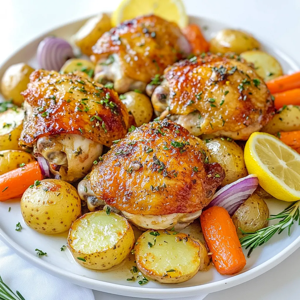 - 4 Hähnchenschenkel mit Knochen und Haut - 450 g Babykartoffeln, halbiert - 2 Tassen Karotten, in 2,5 cm große Stücke geschnitten - 6 Knoblauchzehen, fein gehackt - 1 Esslöffel frischer Rosmarin, gehackt - 1 Esslöffel frischer Thymian, gehackt - 2 Esslöffel Olivenöl - Salz und Pfeffer nach Geschmack - Zitronenschnitze zum Servieren Ich wähle immer frische Zutaten für mein Rösthähnchen. Die Hähnchenschenkel sollten gut gekühlt sein. Sie benötigen Knochen und Haut für den besten Geschmack. Die Babykartoffeln sind perfekt. Sie sind klein und brauchen keine lange Garzeit. Karotten bringen eine süße Note. Schneide sie in gleich große Stücke, damit sie gleichmäßig garen. Knoblauch ist der Star in diesem Gericht. Er verleiht dem Hähnchen ein kräftiges Aroma. Rosmarin und Thymian sind die idealen Kräuter. Sie passen perfekt zu Hähnchen und Gemüse. Olivenöl hilft, alles schön zu verbinden. Es sorgt auch dafür, dass das Hähnchen knusprig wird. Salz und Pfeffer sind wichtig für den Geschmack. Achte darauf, genug zu verwenden. Zitronenschnitze bringen Frische und Farbe auf den Teller. Sie sind das i-Tüpfelchen für dein Gericht. {{ingredient_image_2}} Zuerst heize deinen Ofen auf 220°C (425°F) vor. Dies sorgt dafür, dass das Hähnchen schön knusprig wird. Während der Ofen vorheizt, bereite das Hähnchen und das Gemüse vor. Tupfe die Hähnchenschenkel trocken. Würze beide Seiten mit Salz und Pfeffer. Für das Gemüse schneide die Babykartoffeln in der Mitte durch. Bereite die Karotten in 2,5 cm große Stücke vor. Schneide die rote Zwiebel in Spalten. Nimm eine kleine Schüssel und kombiniere die gehackten Knoblauchzehen, das Olivenöl, den Rosmarin, den Thymian und die Petersilie. Rühre alles gut um, bis du eine pasteartige Mischung erhältst. Diese Mischung wird dem Hähnchen und dem Gemüse viel Geschmack geben. Jetzt reibe die Hälfte der Kräutermischung über die Hähnchenschenkel. Achte darauf, dass die Paste auch unter die Haut gelangt. So wird das Fleisch besonders saftig. In einer großen Schüssel vermenge die Babykartoffeln, Karotten und Zwiebelspalten mit der restlichen Kräutermischung. Würze das Gemüse mit Salz und Pfeffer. Mische alles gut, bis jedes Stück gleichmäßig bedeckt ist. Lege die Hähnchenschenkel mit der Hautseite nach oben in eine große Backform. Verteile das gewürzte Gemüse gleichmäßig um das Hähnchen. Röste alles im vorgeheizten Ofen für etwa 35-40 Minuten. Das Hähnchen sollte goldbraun sein, und die Innentemperatur muss 75°C (165°F) erreichen. Das Gemüse wird zart und lecker. Um den besten Geschmack zu bekommen, würze das Hähnchen unter der Haut. Das bringt die Aromen direkt ins Fleisch. Nutze die Kräutermischung, die du vorbereitet hast. Massiere sie gut ein, damit der Geschmack richtig durchdringt. Verteile das Gemüse gleichmäßig in der Backform. So bekommt jedes Stück die Hitze vom Ofen. Das sorgt dafür, dass alles gleichmäßig gart und keine Stelle verkocht. Für das perfekte Rösten, achte auf die Garzeit. Stelle deinen Ofen auf 220°C ein. Röste das Hähnchen etwa 35 bis 40 Minuten. Überprüfe die Innentemperatur des Hähnchens. Sie sollte 75°C betragen. So weißt du, dass das Hähnchen gut durchgegart ist. Das Gemüse sollte zart sein, aber nicht matschig. Serviere das Gericht direkt aus der Backform. Das sieht rustikal und einladend aus. Du kannst das Hähnchen und das Gemüse mit frischen Kräutern garnieren. Etwas zusätzlicher Zitronensaft bringt Frische. Für eine besondere Note, füge Zitronenschnitze hinzu. Drucke sie über das Hähnchen und das Gemüse. Das gibt zusätzliches Aroma und sieht schön aus. Pro Tipps Hähnchen marinieren: Lasse die Hähnchenschenkel nach dem Einreiben mit der Kräutermischung für eine Stunde im Kühlschrank ruhen, um den Geschmack zu intensivieren. Gemüse variieren: Du kannst auch andere Gemüsesorten wie Paprika oder Zucchini hinzufügen, um mehr Farbe und Geschmack zu erhalten. Knoblauchgeschmack anpassen: Für einen intensiveren Knoblauchgeschmack, kannst du die Menge der verwendeten Knoblauchzehen erhöhen oder sie leicht anschwitzen, bevor du sie zur Kräutermischung hinzufügst. Röstdauer überprüfen: Achte darauf, die Innentemperatur des Hähnchens mit einem Fleischthermometer zu überprüfen, um sicherzustellen, dass es perfekt gegart ist. {{image_4}} Du kannst das Rezept leicht abändern. Probiere verschiedene Gemüsearten aus. Zucchini, Paprika oder Brokkoli passen gut. Wenn du nicht so viel Gemüse magst, gehe mit einer Sorte. Das macht das Gericht einfacher. Alternativen zu Hähnchen sind auch möglich. Du kannst Putenkeulen oder Tofu verwenden. Beide Optionen bringen neuen Geschmack. Achte darauf, die Garzeit anzupassen. Das Rezept ist auch offen für neue Kräuter. Frischer Basilikum oder Oregano verleihen dem Gericht ein anderes Aroma. Du kannst die Kräuter nach deinem Geschmack variieren. Wenn du es würziger magst, füge eine Prise Chili hinzu. Dadurch bekommt das Gericht einen tollen Kick. Experimentiere mit den Gewürzen, um deinen perfekten Geschmack zu finden. Zu diesem Gericht passen viele Beilagen. Ein frischer grüner Salat ist eine gute Wahl. Er bringt Farbe und frische Aromen. Reis oder Quinoa sind auch tolle Optionen. Diese Beilagen ergänzen das Hähnchen gut. Für einen besonderen Touch kannst du Brot dazu servieren. Knuspriges Baguette passt ideal. So kannst du die köstliche Soße auf deinem Teller aufnehmen. Kühlen und Gefrieren Lass das Hähnchen und das Gemüse auf Raumtemperatur abkühlen. Packe die Reste in luftdichte Behälter. Sie bleiben im Kühlschrank für bis zu drei Tage frisch. Wenn du die Reste länger aufbewahren willst, friere sie ein. So bleiben sie bis zu drei Monate gut. Haltbarkeit der Reste Im Kühlschrank sind die Reste nach drei Tagen nicht mehr frisch. Im Gefrierfach hingegen kann das Gericht bis zu drei Monate lang genießbar bleiben. Achte darauf, die Behälter richtig zu beschriften. So weißt du, wann du sie eingefroren hast. Methoden zum Aufwärmen Um die Reste aufzuwärmen, benutze den Ofen oder die Mikrowelle. Heize den Ofen auf 180°C vor. Lege das Hähnchen und das Gemüse auf ein Blech. Bedecke es mit Folie, um das Austrocknen zu verhindern. Erwärme es für etwa 20 Minuten. In der Mikrowelle erwärmst du die Reste in kurzen Abständen. Überprüfe oft, um sicherzustellen, dass es nicht zu heiß wird. Tipps für besten Geschmack Um den besten Geschmack zu erhalten, füge einen Spritzer Olivenöl hinzu, bevor du die Reste aufwärmst. Das hilft, das Gericht saftig zu halten. Du kannst auch frische Kräuter oder Zitrone hinzufügen, um den Geschmack zu beleben. Ideen zur Weiterverwendung Verwende die Reste für ein schnelles Mittagessen. Mache einen Wrap oder füge sie zu einem Salat hinzu. Das Hähnchen kann auch in einer Suppe oder einem Eintopf verwendet werden. Die Gemüse können in einem Omelett oder einer Quiche landen. Neue Gerichte aus Resten kreieren Kreiere neue Gerichte, indem du die Reste als Füllung für Tacos oder Burritos nutzt. Vermische sie mit Reis und etwas Brühe für einen leckeren Auflauf. So sparst du Zeit und verwertest die Reste kreativ. Die Zubereitung dauert insgesamt 55 Minuten. Die Vorbereitungszeit beträgt 15 Minuten. Du heizt den Ofen auf 220°C vor und bereitest das Hähnchen und das Gemüse vor. Dann rösten sie alles zusammen für 35-40 Minuten. So bekommst du ein leckeres, saftiges Gericht. Ja, du kannst das Rezept im Voraus zubereiten. Bereite das Hähnchen und das Gemüse am Vortag vor. Würze das Hähnchen und das Gemüse wie im Rezept beschrieben. Lege sie in den Kühlschrank. Am nächsten Tag heizst du den Ofen vor und röstest alles. Dies spart Zeit und macht das Kochen einfach. Ja, dieses Gericht ist glutenfrei. Es enthält keine glutenhaltigen Zutaten. Achte darauf, dass deine Gewürze und Öle auch glutenfrei sind. So kannst du sicher genießen, ohne dir Sorgen zu machen. Dieses Rezept für Knoblauch-Kräuter-Rösthähnchen ist einfach und lecker. Wir haben die Hauptzutaten, Gewürze und Übungen zur Zubereitung besprochen. Mit einfachen Tipps erzielen Sie den besten Geschmack. Variationen und Aufbewahrungstechniken machen es vielseitig. Genießen Sie Ihre Kreationen und haben Sie Spaß beim Kochen! Dieses Gericht ist nicht nur schmackhaft, sondern auch leicht zu ändern und anzupassen. Probieren Sie es aus und teilen Sie Ihre Ergebnisse!