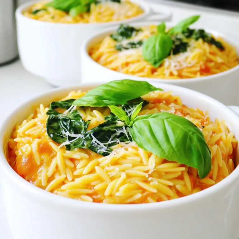 - 1 Tasse Orzo-Nudeln - 1 Dose (400 g) gewürfelte Tomaten, mit Saft - 3 Tassen Gemüsebrühe Die Orzo-Nudeln bilden die Basis für unser Gericht. Sie haben eine schöne Form und nehmen die Aromen gut auf. Die gewürfelten Tomaten bringen Frische und Farbe ins Spiel. Sie sorgen auch für eine leckere Soße. Die Gemüsebrühe gibt dem Dish Tiefe und Geschmack. - 1 Tasse Sahne oder Kokosnusscreme - 1 Tasse frischer Spinat, grob gehackt - 1/2 Tasse geriebener Parmesan oder Hefeflocken Sahne oder Kokosnusscreme machen das Gericht cremig und reichhaltig. Der Spinat fügt gesunde Nährstoffe hinzu und bringt Farbe. Parmesan oder Hefeflocken geben einen würzigen Kick. Du kannst sie nach deinem Geschmack anpassen. - 2 Knoblauchzehen, fein gehackt - 1 kleine Zwiebel, fein gewürfelt - 1 Teelöffel getrocknetes Basilikum - 1/2 Teelöffel Oregano - Salz und Pfeffer nach Geschmack - 1 Esslöffel Olivenöl Knoblauch und Zwiebel sind die Aromaträger. Sie sorgen für den Grundgeschmack. Basilikum und Oregano bringen das italienische Flair. Sie harmonieren perfekt mit Tomaten. Das Olivenöl rundet alles ab und hebt die Aromen hervor. 1. Anbraten von Zwiebel und Knoblauch Erhitze einen großen Topf bei mittlerer Hitze. Gib einen Esslöffel Olivenöl hinein. Füge die gewürfelte Zwiebel hinzu und brate sie etwa 3-4 Minuten an. Sie sollte glasig werden. Danach kommt der fein gehackte Knoblauch dazu. Brate ihn kurz mit. Achte darauf, dass er nicht verbrennt. 2. Rösten der Orzo-Nudeln Jetzt ist es Zeit für die Orzo-Nudeln. Gib eine Tasse Orzo in den Topf. Rühre gut um und lasse sie etwa 2 Minuten anrösten. Das gibt den Nudeln einen tollen, nussigen Geschmack. 1. Hinzufügen der Flüssigkeiten und Gewürze Gib die Dose gewürfelte Tomaten in den Topf, inklusive des Safts. Füge dann 3 Tassen Gemüsebrühe hinzu. Jetzt kommen die Gewürze: 1 Teelöffel getrocknetes Basilikum, 1/2 Teelöffel Oregano sowie Salz und Pfeffer nach Geschmack. Rühre alles gut um. 2. Kochen und Absorbieren der Flüssigkeit Bringe die Mischung zum Kochen. Wenn sie kocht, reduziere die Hitze. Lass die Mischung bei niedriger Hitze 10-12 Minuten köcheln. Rühre gelegentlich um, bis die Orzo-Nudeln zart sind und die Flüssigkeit größtenteils aufgenommen wurde. 1. Einrühren von Sahne und Parmesan Reduziere die Hitze auf niedrig. Jetzt gibst du eine Tasse Sahne oder Kokosnusscreme in den Topf. Rühre auch 1/2 Tasse geriebenen Parmesan ein. Mische alles gut, bis es schön cremig aussieht. 2. Hinzufügen von Spinat Zuletzt kommt der grob gehackte Spinat in den Topf. Rühre ihn unter und lasse das Gericht noch 2-3 Minuten kochen. Der Spinat sollte zusammenfallen und alles gut durchwärmen. Probier das Gericht und adjustiere die Gewürze nach deinem Geschmack. - Frische Zutaten verwenden: Frische Zutaten machen den Unterschied. Frische Tomaten oder Spinat geben mehr Geschmack. - Richtiges Kochen der Orzo-Nudeln: Rühren Sie die Orzo-Nudeln oft. So kleben sie nicht zusammen. Kochen Sie sie nur bis sie zart sind, um die perfekte Konsistenz zu erreichen. - Alternativen für Gewürze: Experimentieren Sie mit Gewürzen wie Thymian oder Rosmarin. Diese bringen neue Aromen in Ihr Gericht. - Verwendung von frischen Kräutern: Frische Kräuter wie Petersilie oder Basilikum verstärken den Geschmack. Fügen Sie sie kurz vor dem Servieren hinzu. - Serviervorschläge: Servieren Sie das Orzo in warmen Schalen. So bleibt es länger warm und sieht gut aus. - Garnierungsoptionen: Garnieren Sie mit frischen Basilikumblättern und geriebenem Parmesan. Ein Spritzer Olivenöl gibt den letzten Schliff. {{image_4}} Eine einfache Möglichkeit, das Rezept anzupassen, ist die Verwendung von pflanzlicher Sahne. Diese ist leicht erhältlich und verleiht dem Gericht eine cremige Textur, ohne tierische Produkte. Wenn du eine vegane Option möchtest, kannst du auch Hefeflocken anstelle von Parmesan verwenden. Sie geben einen tollen Geschmack und sind nahrhaft. Das Rezept ist sehr flexibel. Du kannst Proteinquellen wie Hühnchen oder Tofu hinzufügen. Diese machen das Gericht sättigender. Für mehr Farbe und Nährstoffe sind Gemüse wie Zucchini oder Paprika eine gute Wahl. Sie passen gut zu den Aromen des Gerichts und machen es noch gesünder. Ein wenig Kreativität bei den Gewürzen kann viel bewirken. Eine italienische Kräutermischung gibt dem Gericht eine schöne Tiefe. Wenn du es schärfer magst, füge einfach etwas Chili hinzu. Diese kleinen Anpassungen können den Geschmack stark verändern und neue Geschmackserlebnisse bieten. Um Reste von cremigem Tomaten-Orzo gut zu lagern, nutze einen luftdichten Behälter. Das hilft, den Geschmack zu bewahren. Stelle sicher, dass das Gericht vollständig abgekühlt ist, bevor du es in den Kühlschrank stellst. Die Haltbarkeit beträgt etwa 3 bis 5 Tage. Vor dem Verzehr solltest du die Reste gut durchwärmen, damit sie wieder lecker schmecken. Für das Einfrieren ist es wichtig, das Orzo gut abkühlen zu lassen. Fülle das Gericht dann in gefriergeeignete Behälter oder Zip-Beutel. Achte darauf, etwas Platz zu lassen, da sich die Mischung beim Gefrieren ausdehnt. Das eingefrorene Orzo bleibt bis zu 3 Monate frisch. Zum Wiedererwärmen kannst du es im Kühlschrank auftauen oder direkt in einer Pfanne auf dem Herd erhitzen. Füge etwas Brühe oder Wasser hinzu, um die Konsistenz zu verbessern. Mit übrig gebliebenem Orzo kannst du neue Gerichte zaubern. Mische es in einen Salat für mehr Textur und Geschmack. Du kannst auch eine Auflauf-Variante machen, indem du das Orzo mit etwas Käse und Gemüse in den Ofen gibst. So bleiben die Reste spannend und lecker! Cremiges Tomaten-Orzo hält sich gut für etwa 3 bis 4 Tage im Kühlschrank. Achte darauf, es in einem luftdichten Behälter zu lagern. So bleibt es frisch und lecker. Wenn du Reste aufwärmst, füge etwas Wasser oder Brühe hinzu, um die Konsistenz zu verbessern. Ja, du kannst das Rezept nach Belieben anpassen. Probiere verschiedene Gemüsesorten wie Zucchini oder Paprika. Du kannst auch andere Gewürze verwenden, um den Geschmack zu verändern. Wenn du es schärfer magst, füge etwas Chili hinzu. Alternativ kannst du das Fleisch durch Tofu oder Hühnchen ersetzen. Zu cremigem Tomaten-Orzo passen viele Beilagen sehr gut. Ein einfacher grüner Salat mit einem leichten Dressing ist perfekt. Auch knuspriges Brot oder Baguette eignet sich gut, um die Sauce aufzutunken. Du kannst auch gebratenes Gemüse oder einen frischen Tomatensalat servieren, um die Mahlzeit abzurunden. Wir haben heute alles über ein leckeres Tomaten-Orzo-Rezept gelernt. Die Hauptzutaten sind Orzo-Nudeln, gewürfelte Tomaten und Gemüsebrühe. Wir haben den Kochprozess und wichtige Tipps für die perfekte Konsistenz besprochen. Variationen und Lagerinformationen helfen dir, kreativ zu bleiben. Denke daran, frische Zutaten zu nutzen. Sie verleihen dem Gericht mehr Geschmack. Jetzt bist du bestens gerüstet, um deinem nächsten Essen einen neuen Twist zu geben. Viel Spaß beim Kochen und Ausprobieren!