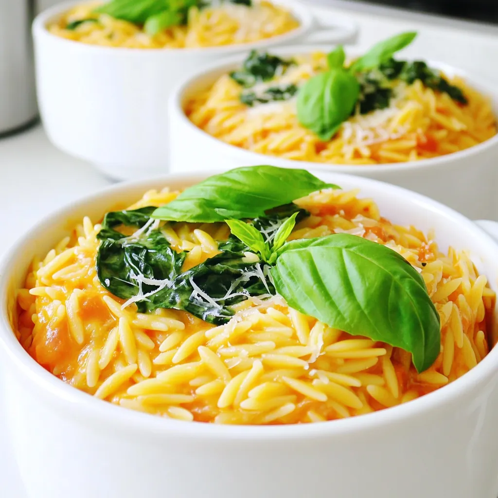 - 1 Tasse Orzo-Nudeln - 1 Dose (400 g) gewürfelte Tomaten, mit Saft - 3 Tassen Gemüsebrühe Die Orzo-Nudeln bilden die Basis für unser Gericht. Sie haben eine schöne Form und nehmen die Aromen gut auf. Die gewürfelten Tomaten bringen Frische und Farbe ins Spiel. Sie sorgen auch für eine leckere Soße. Die Gemüsebrühe gibt dem Dish Tiefe und Geschmack. - 1 Tasse Sahne oder Kokosnusscreme - 1 Tasse frischer Spinat, grob gehackt - 1/2 Tasse geriebener Parmesan oder Hefeflocken Sahne oder Kokosnusscreme machen das Gericht cremig und reichhaltig. Der Spinat fügt gesunde Nährstoffe hinzu und bringt Farbe. Parmesan oder Hefeflocken geben einen würzigen Kick. Du kannst sie nach deinem Geschmack anpassen. - 2 Knoblauchzehen, fein gehackt - 1 kleine Zwiebel, fein gewürfelt - 1 Teelöffel getrocknetes Basilikum - 1/2 Teelöffel Oregano - Salz und Pfeffer nach Geschmack - 1 Esslöffel Olivenöl Knoblauch und Zwiebel sind die Aromaträger. Sie sorgen für den Grundgeschmack. Basilikum und Oregano bringen das italienische Flair. Sie harmonieren perfekt mit Tomaten. Das Olivenöl rundet alles ab und hebt die Aromen hervor. 1. Anbraten von Zwiebel und Knoblauch Erhitze einen großen Topf bei mittlerer Hitze. Gib einen Esslöffel Olivenöl hinein. Füge die gewürfelte Zwiebel hinzu und brate sie etwa 3-4 Minuten an. Sie sollte glasig werden. Danach kommt der fein gehackte Knoblauch dazu. Brate ihn kurz mit. Achte darauf, dass er nicht verbrennt. 2. Rösten der Orzo-Nudeln Jetzt ist es Zeit für die Orzo-Nudeln. Gib eine Tasse Orzo in den Topf. Rühre gut um und lasse sie etwa 2 Minuten anrösten. Das gibt den Nudeln einen tollen, nussigen Geschmack. 1. Hinzufügen der Flüssigkeiten und Gewürze Gib die Dose gewürfelte Tomaten in den Topf, inklusive des Safts. Füge dann 3 Tassen Gemüsebrühe hinzu. Jetzt kommen die Gewürze: 1 Teelöffel getrocknetes Basilikum, 1/2 Teelöffel Oregano sowie Salz und Pfeffer nach Geschmack. Rühre alles gut um. 2. Kochen und Absorbieren der Flüssigkeit Bringe die Mischung zum Kochen. Wenn sie kocht, reduziere die Hitze. Lass die Mischung bei niedriger Hitze 10-12 Minuten köcheln. Rühre gelegentlich um, bis die Orzo-Nudeln zart sind und die Flüssigkeit größtenteils aufgenommen wurde. 1. Einrühren von Sahne und Parmesan Reduziere die Hitze auf niedrig. Jetzt gibst du eine Tasse Sahne oder Kokosnusscreme in den Topf. Rühre auch 1/2 Tasse geriebenen Parmesan ein. Mische alles gut, bis es schön cremig aussieht. 2. Hinzufügen von Spinat Zuletzt kommt der grob gehackte Spinat in den Topf. Rühre ihn unter und lasse das Gericht noch 2-3 Minuten kochen. Der Spinat sollte zusammenfallen und alles gut durchwärmen. Probier das Gericht und adjustiere die Gewürze nach deinem Geschmack. - Frische Zutaten verwenden: Frische Zutaten machen den Unterschied. Frische Tomaten oder Spinat geben mehr Geschmack. - Richtiges Kochen der Orzo-Nudeln: Rühren Sie die Orzo-Nudeln oft. So kleben sie nicht zusammen. Kochen Sie sie nur bis sie zart sind, um die perfekte Konsistenz zu erreichen. - Alternativen für Gewürze: Experimentieren Sie mit Gewürzen wie Thymian oder Rosmarin. Diese bringen neue Aromen in Ihr Gericht. - Verwendung von frischen Kräutern: Frische Kräuter wie Petersilie oder Basilikum verstärken den Geschmack. Fügen Sie sie kurz vor dem Servieren hinzu. - Serviervorschläge: Servieren Sie das Orzo in warmen Schalen. So bleibt es länger warm und sieht gut aus. - Garnierungsoptionen: Garnieren Sie mit frischen Basilikumblättern und geriebenem Parmesan. Ein Spritzer Olivenöl gibt den letzten Schliff. {{image_4}} Eine einfache Möglichkeit, das Rezept anzupassen, ist die Verwendung von pflanzlicher Sahne. Diese ist leicht erhältlich und verleiht dem Gericht eine cremige Textur, ohne tierische Produkte. Wenn du eine vegane Option möchtest, kannst du auch Hefeflocken anstelle von Parmesan verwenden. Sie geben einen tollen Geschmack und sind nahrhaft. Das Rezept ist sehr flexibel. Du kannst Proteinquellen wie Hühnchen oder Tofu hinzufügen. Diese machen das Gericht sättigender. Für mehr Farbe und Nährstoffe sind Gemüse wie Zucchini oder Paprika eine gute Wahl. Sie passen gut zu den Aromen des Gerichts und machen es noch gesünder. Ein wenig Kreativität bei den Gewürzen kann viel bewirken. Eine italienische Kräutermischung gibt dem Gericht eine schöne Tiefe. Wenn du es schärfer magst, füge einfach etwas Chili hinzu. Diese kleinen Anpassungen können den Geschmack stark verändern und neue Geschmackserlebnisse bieten. Um Reste von cremigem Tomaten-Orzo gut zu lagern, nutze einen luftdichten Behälter. Das hilft, den Geschmack zu bewahren. Stelle sicher, dass das Gericht vollständig abgekühlt ist, bevor du es in den Kühlschrank stellst. Die Haltbarkeit beträgt etwa 3 bis 5 Tage. Vor dem Verzehr solltest du die Reste gut durchwärmen, damit sie wieder lecker schmecken. Für das Einfrieren ist es wichtig, das Orzo gut abkühlen zu lassen. Fülle das Gericht dann in gefriergeeignete Behälter oder Zip-Beutel. Achte darauf, etwas Platz zu lassen, da sich die Mischung beim Gefrieren ausdehnt. Das eingefrorene Orzo bleibt bis zu 3 Monate frisch. Zum Wiedererwärmen kannst du es im Kühlschrank auftauen oder direkt in einer Pfanne auf dem Herd erhitzen. Füge etwas Brühe oder Wasser hinzu, um die Konsistenz zu verbessern. Mit übrig gebliebenem Orzo kannst du neue Gerichte zaubern. Mische es in einen Salat für mehr Textur und Geschmack. Du kannst auch eine Auflauf-Variante machen, indem du das Orzo mit etwas Käse und Gemüse in den Ofen gibst. So bleiben die Reste spannend und lecker! Cremiges Tomaten-Orzo hält sich gut für etwa 3 bis 4 Tage im Kühlschrank. Achte darauf, es in einem luftdichten Behälter zu lagern. So bleibt es frisch und lecker. Wenn du Reste aufwärmst, füge etwas Wasser oder Brühe hinzu, um die Konsistenz zu verbessern. Ja, du kannst das Rezept nach Belieben anpassen. Probiere verschiedene Gemüsesorten wie Zucchini oder Paprika. Du kannst auch andere Gewürze verwenden, um den Geschmack zu verändern. Wenn du es schärfer magst, füge etwas Chili hinzu. Alternativ kannst du das Fleisch durch Tofu oder Hühnchen ersetzen. Zu cremigem Tomaten-Orzo passen viele Beilagen sehr gut. Ein einfacher grüner Salat mit einem leichten Dressing ist perfekt. Auch knuspriges Brot oder Baguette eignet sich gut, um die Sauce aufzutunken. Du kannst auch gebratenes Gemüse oder einen frischen Tomatensalat servieren, um die Mahlzeit abzurunden. Wir haben heute alles über ein leckeres Tomaten-Orzo-Rezept gelernt. Die Hauptzutaten sind Orzo-Nudeln, gewürfelte Tomaten und Gemüsebrühe. Wir haben den Kochprozess und wichtige Tipps für die perfekte Konsistenz besprochen. Variationen und Lagerinformationen helfen dir, kreativ zu bleiben. Denke daran, frische Zutaten zu nutzen. Sie verleihen dem Gericht mehr Geschmack. Jetzt bist du bestens gerüstet, um deinem nächsten Essen einen neuen Twist zu geben. Viel Spaß beim Kochen und Ausprobieren!