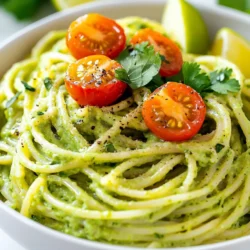 Um deine cremige Avocado-Limetten-Pasta zuzubereiten, brauchst du folgende Zutaten: - 2 reife Avocados, entsteint und geschält - 3 Esslöffel frischer Limettensaft - 1 Knoblauchzehe, fein gehackt - 1/4 Tasse frische Basilikumblätter - 1/4 Tasse natives Olivenöl extra - Salz und Pfeffer nach Geschmack - 340 g Pasta (Spaghetti oder Fettuccine) - 1/2 Tasse Kirschtomaten, halbiert - Frischer Koriander zur Garnierung - Limettenspalten zum Servieren Jede Zutat spielt eine wichtige Rolle. Die Avocados sorgen für die Cremigkeit. Limettensaft bringt Frische. Knoblauch gibt einen tollen Geschmack. Basilikum fügt einen aromatischen Hauch hinzu. Natives Olivenöl sorgt für die perfekte Textur. Salz und Pfeffer runden alles ab. Die Pasta ist die Basis des Gerichts. Kirschtomaten bringen Farbe und Süße. Frischer Koriander gibt einen Extra-Kick. Die Limettenspalten sind ein schöner Zusatz. Sie fügen eine spritzige Note hinzu. Sorge dafür, dass alle Zutaten frisch sind. So schmeckt es am besten. Wenn du alle Zutaten hast, bist du bereit, mit dem Kochen zu beginnen! {{ingredient_image_2}} Zuerst bringst du einen großen Topf mit gesalzenem Wasser zum Kochen. Wenn das Wasser sprudelt, füge die Pasta hinzu. Ich empfehle Spaghetti oder Fettuccine. Koche die Pasta gemäß den Anweisungen auf der Verpackung, bis sie al dente ist. Das dauert meist etwa 8 bis 10 Minuten. Sobald sie fertig sind, gieße die Pasta ab. Achte darauf, etwa 1 Tasse Nudelwasser aufzuheben. Du brauchst es später für die Sauce. Jetzt ist es Zeit für die cremige Avocadosauce. Nimm eine Küchenmaschine und gebe die Avocados, den frischen Limettensaft, die gehackte Knoblauchzehe und die Basilikumblätter hinein. Mixe alles gut, bis die Mischung glatt und cremig ist. Während du mixst, füge langsam das Olivenöl hinzu. Das hilft, die Sauce zu emulgieren. Sie wird schön samtig und lecker. Taste die Avocadosauce. Würze sie mit Salz und Pfeffer nach deinem Geschmack. Wenn die Sauce zu dick ist, füge nach und nach etwas von dem Nudelwasser hinzu. So wird sie cremiger. In einer großen Schüssel vermengst du die gekochte Pasta mit der Avocadosauce. Mische alles gut, damit die Pasta gleichmäßig bedeckt ist. Falls nötig, füge mehr Nudelwasser hinzu, um die Sauce zu lockern. Zum Schluss hebe die halbierten Kirschtomaten vorsichtig unter. So bekommst du einen frischen und bunten Geschmack in deinem Gericht. Um die perfekte Konsistenz deiner Avocadosauce zu erreichen, nutze das Nudelwasser. Dieses Wasser ist stärkehaltig und hilft, die Sauce cremiger zu machen. Behalte etwa eine Tasse Nudelwasser zurück, bevor du die Pasta abgießt. Falls deine Sauce zu dick ist, füge nach und nach etwas Nudelwasser hinzu. Mixe weiter, bis die gewünschte Cremigkeit erreicht ist. Achte darauf, nicht zu viel Wasser auf einmal hinzuzufügen. Um die Sauce gut zu emulgieren, füge das Olivenöl langsam während des Mixens hinzu. So wird die Sauce schön glatt und verbindet sich gut mit den Avocados. Das langsame Hinzufügen sorgt dafür, dass sich die Zutaten gut vermischen. Die Präsentation deiner Pasta kann das Essen noch besser machen. Serviere die Pasta in flachen Schalen für einen eleganten Look. Garnieren kannst du mit frischem Koriander und Limettenspalten. Diese Farben bringen Leben auf den Teller. Ein Basilikumblatt obenauf gibt einen schönen Akzent. Du kannst auch einen kleinen Schuss Olivenöl vor dem Servieren über die Pasta träufeln. Das sieht toll aus und fügt zusätzliche Aromen hinzu. Pro Tipps Perfekte Avocados: Wählen Sie reife Avocados, die leicht auf Druck nachgeben, um die beste Cremigkeit in der Sauce zu erzielen. Limonenfrische: Verwenden Sie frischen Limettensaft anstelle von Flaschenlimettensaft für ein intensiveres Aroma. Pastawasser aufbewahren: Das Nudelwasser enthält Stärke, die hilft, die Sauce zu emulgieren und besser an der Pasta haftet. Garnierungsvariationen: Experimentieren Sie mit verschiedenen Kräutern wie Petersilie oder Minze für eine andere Geschmacksrichtung. {{image_4}} Für mehr Geschmack können Sie Garnelen oder Hühnchen hinzufügen. Diese Proteine passen gut zu der cremigen Sauce. Einfach die Garnelen anbraten oder das Hühnchen grillen, bevor Sie es mit der Pasta vermengen. Wenn Sie eine vegane Option suchen, probieren Sie Kichererbsen oder Tofu. Diese sind nahrhaft und machen das Gericht sättigender. Spaghetti oder Fettuccine sind perfekt für dieses Rezept. Aber fühlen Sie sich frei, andere Sorten zu verwenden. Penne oder Fusilli halten die Sauce gut. Für glutenfreie Optionen können Sie Mais- oder Reispasta wählen. Diese Alternativen sind lecker und flexibel, sodass jeder genießen kann. Um die Reste deiner cremigen Avocado-Limetten-Pasta frisch zu halten, lege sie in einen luftdichten Behälter. Stelle sicher, dass die Pasta vollständig abgekühlt ist, bevor du sie in den Kühlschrank stellst. So vermeidest du Kondenswasser, das die Sauce verwässern kann. Die optimale Temperatur liegt bei etwa 4 Grad Celsius. Die Haltbarkeit der Avocadosauce beträgt im Kühlschrank etwa 2 bis 3 Tage. Die Avocados können schnell braun werden. Daher ist es hilfreich, etwas zusätzlichen Limettensaft darüber zu träufeln. Dieser Saft hilft, die Farbe zu erhalten und den Geschmack zu bewahren. Wenn du die Pasta erneut erhitzen möchtest, gibt es einige einfache Methoden. Die beste Methode ist, die Pasta in einer Pfanne mit etwas Wasser zu erhitzen. Füge einfach einen Esslöffel Wasser hinzu und erwärme die Pasta bei mittlerer Hitze. Rühre gut um, damit die Sauce gleichmäßig warm wird. Vermeide es, die Sauce zu stark zu erhitzen, da sie sonst trennen kann. Wenn die Sauce zu dick wird, kannst du etwas mehr Nudelwasser hinzufügen. Das macht die Sauce wieder cremig und lecker. Um die Avocadosauce frisch zu halten, gibt es einige einfache Tipps. Verwenden Sie eine luftdichte Verpackung. Das verhindert, dass Luft in die Sauce gelangt. Fügen Sie etwas Limettensaft hinzu. Der Saft hilft, die Braunfärbung zu stoppen. Decken Sie die Oberfläche der Sauce mit Frischhaltefolie ab. So bleibt sie länger grün. Ja, Sie können die Pasta im Voraus zubereiten. Kochen Sie die Pasta und lassen Sie sie abkühlen. Lagern Sie sie dann in einem luftdichten Behälter im Kühlschrank. Die Avocadosauce können Sie ebenfalls im Voraus machen. Mischen Sie beides vor dem Servieren, damit die Pasta frisch bleibt. Es gibt viele köstliche Beilagen, die zu dieser Pasta passen. Ein frischer grüner Salat ist eine gute Wahl. Sie können auch gegrilltes Gemüse servieren. Kirschtomaten und Feta-Käse ergänzen die Aromen gut. Ein einfaches Brot passt auch perfekt dazu. Diese einfache Pasta mit Avocadosauce braucht nur wenige Zutaten und Schritte. Wir haben die Pasta gekocht, die cremige Sauce aus Avocados und frischen Kräutern gemacht und alles kombiniert. Vergessen Sie nicht, mit Koriander und Limettenspalten zu garnieren. Experimentieren Sie mit Variationen, um Ihr Gericht anzupassen. Mit diesen Tipps und Tricks gelingt Ihnen das Rezept sicher. Genießen Sie Ihre Mahlzeit und teilen Sie die Freude am Kochen!