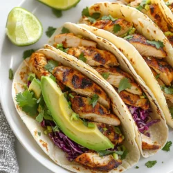 Für die Cilantro Lime Chicken Tacos brauchst du: - 450 g Hähnchenoberkeulen, ohne Haut und Knochen - 2 Esslöffel Olivenöl - Saft von 2 Limetten - Abrieb von 1 Limette - 3 Knoblauchzehen, fein gehackt - 1 Teelöffel Kreuzkümmel - 1 Teelöffel Paprika - 1 Teelöffel Chili-Pulver - Salz und Pfeffer nach Geschmack - 1 Tasse frischer Koriander, grob gehackt - 8 kleine Maistortillas - 1 Avocado, in Scheiben geschnitten - 1 Tasse Rotkohl, fein geschnitten - 1/2 Tasse zerbröckelter Queso Fresco (optional) - Limettenviertel zum Servieren Frische Zutaten machen deine Tacos leckerer. Wähle Hähnchen, das rosa und fest ist. Achte auf die Farbe der Limetten. Sie sollten glänzend und fest sein. Frischer Koriander riecht stark und hat grüne Blätter. Der Rotkohl sollte knackig und purpurrot sein. Wähle Avocados, die leicht nachgeben, wenn du sie drückst. Du kannst einige Zutaten ersetzen, wenn du möchtest. Zum Beispiel, verwende Hähnchenbrust statt Hähnchenoberkeulen. Du kannst auch Limettensaft durch Zitronensaft ersetzen. Für eine milde Note, nutze Joghurt statt Queso Fresco. Wenn du keinen Koriander magst, nimm Petersilie. Experimentiere mit verschiedenen Zutaten für deinen eigenen Geschmack! {{ingredient_image_2}} Beginne mit einer großen Schüssel. Mische 2 Esslöffel Olivenöl, den Saft und Abrieb von 2 Limetten, 3 gehackte Knoblauchzehen, 1 Teelöffel Kreuzkümmel, 1 Teelöffel Paprika, 1 Teelöffel Chili-Pulver sowie Salz und Pfeffer. Rühre alles gut um, bis es eine gleichmäßige Marinade ergibt. Füge dann 450 g Hähnchenoberkeulen hinzu. Stelle sicher, dass das Hähnchen gut mit der Marinade bedeckt ist. Decke die Schüssel ab und stelle sie für mindestens 30 Minuten in den Kühlschrank. Du kannst es auch bis zu 2 Stunden marinieren für mehr Geschmack. Erhitze deinen Grill oder eine Pfanne auf mittlerer bis hoher Hitze. Nimm das Hähnchen aus der Marinade und lege es in die heiße Pfanne. Grill das Hähnchen etwa 5-7 Minuten auf jeder Seite. Es sollte innen nicht mehr rosa sein und eine Temperatur von 75°C erreichen. Lasse das Hähnchen danach einige Minuten ruhen. Dadurch bleibt es saftig und zart. Während das Hähnchen ruht, wärme 8 kleine Maistortillas auf dem Grill oder in einer Pfanne, bis sie weich sind. Schneide das Hähnchen in Streifen. Lege einige Streifen Hähnchen in jede Tortilla. Belege die Tacos mit 1 Tasse fein geschnittenem Rotkohl, Avocadoscheiben und 1 Tasse grob gehacktem Koriander. Wenn du magst, streue etwas zerbröckelten Queso Fresco darüber. Serviere die Tacos mit Limettenvierteln für zusätzlichen Geschmack. Die Marinierzeit ist wichtig. Ich empfehle, das Hähnchen mindestens 30 Minuten zu marinieren. So nehmen die Aromen gut auf. Für einen intensiveren Geschmack lasse das Hähnchen bis zu 2 Stunden im Kühlschrank. Dadurch wird das Fleisch zart und voller Geschmack. Du kannst die Gewürze nach deinem Geschmack anpassen. Füge mehr Chili-Pulver hinzu, wenn du es schärfer magst. Möchtest du einen frischen Kick? Probiere, Limettenschale und frischen Koriander zu erhöhen. Experimentiere mit verschiedenen Kräutern wie Oregano oder Thymian. Ein häufiger Fehler ist, das Hähnchen nicht genug zu marinieren. Dadurch fehlt der Geschmack. Achte darauf, dass das Hähnchen gut mit der Marinade bedeckt ist. Ein weiterer Fehler ist, das Fleisch zu lange zu grillen. Überprüfe die Innentemperatur. Sie sollte 75°C betragen. So bleibt das Hähnchen saftig und zart. Pro Tipps Marinieren für mehr Geschmack: Lassen Sie das Hähnchen länger marinieren, bis zu 2 Stunden, um die Aromen intensiver zu machen. Hähnchen richtig grillen: Stellen Sie sicher, dass der Grill oder die Pfanne gut vorgeheizt ist, damit das Hähnchen gleichmäßig gart und eine schöne Grillmarkierung erhält. Frische Zutaten verwenden: Nutzen Sie frischen Koriander und frische Limetten, um den Tacos einen lebendigen Geschmack zu verleihen. Tortillas aufwärmen: Erwärmen Sie die Maistortillas in einer trockenen Pfanne, um sie weich und biegsam zu machen, bevor Sie die Füllung hinzufügen. {{image_4}} Wenn du eine fleischfreie Option möchtest, probiere gebratene Pilze oder Tofu. Beide nehmen den Geschmack von Limette und Koriander gut auf. Du kannst auch schwarze Bohnen oder Kichererbsen verwenden. Diese sind nahrhaft und füllen die Tacos gut. Für Abwechslung kannst du Rindfleisch oder Schweinefleisch verwenden. Marinieren sie diese im gleichen Stil wie das Hähnchen. Fisch wie Lachs oder Garnelen eignen sich ebenfalls gut. Achte darauf, die Garzeiten anzupassen, damit das Fleisch zart bleibt. Die Toppings machen die Tacos besonders. Du kannst Jalapeños für etwas Schärfe hinzufügen. Frischer Mais oder Mango sind tolle Ergänzungen für eine süße Note. Serviere die Tacos mit Salsa, saurer Sahne oder Guacamole. Dazu passen auch knusprige Tortilla-Chips und ein frischer Salat. Um übrig gebliebenes Hähnchen gut aufzubewahren, lege es in einen luftdichten Behälter. So bleibt es frisch und lecker. Du kannst es auch in Frischhaltefolie einwickeln. Stelle sicher, dass es gut abgekühlt ist, bevor du es lagerst. Wenn du das Hähnchen aufwärmst, nutze den Ofen oder die Pfanne. So bleibt das Hähnchen saftig. Du kannst es bei 180 °C für etwa 10-15 Minuten im Ofen erwärmen. In der Pfanne dauert es nur 5-7 Minuten. Achte darauf, es nicht zu lange zu erhitzen, damit es nicht trocken wird. Im Kühlschrank bleibt das Hähnchen 3-4 Tage frisch. Wenn du es länger aufbewahren möchtest, friere es ein. Im Gefrierschrank ist es bis zu 3 Monate haltbar. Denke daran, es in Portionen zu teilen, damit du nur das auftauen musst, was du wirklich brauchst. Um die Tacos würziger zu machen, füge mehr Chili-Pulver oder frische Chilis hinzu. Du kannst auch scharfe Salsa nutzen. Eine Prise Cayennepfeffer gibt ebenfalls einen extra Kick. Wenn du es wirklich scharf magst, probiere jalapeños oder serrano Chilis als Topping. Das gibt den Tacos eine tolle Schärfe. Ja, du kannst die Tortillas selbst machen! Es ist einfach und macht Spaß. Du brauchst nur Maismehl, Wasser und eine Prise Salz. Mische die Zutaten, forme kleine Bällchen und rolle sie dünn aus. Erhitze sie dann in einer Pfanne, bis sie leicht goldbraun sind. Frische Tortillas haben einen tollen Geschmack und eine schöne Textur. Du kannst viele Alternativen verwenden. Rindfleisch, Schweinefleisch oder Fisch sind großartige Optionen. Für eine vegetarische Wahl kannst du Tofu oder Bohnen nehmen. Achte darauf, die Marinade anzupassen, damit der Geschmack gut passt. So kannst du die Tacos ganz nach deinem Geschmack gestalten. Du hast nun alles über die Zubereitung köstlicher Tacos gelernt. Wir haben die Zutaten besprochen, Tipps zur Auswahl gegeben und verschiedene Zubereitungsmethoden erkundet. Achte darauf, das Hähnchen richtig zu marinieren und die richtigen Toppings zu wählen. Denk daran, die Vielfalt an Optionen auszuprobieren, um deine Tacos einzigartig zu machen. Mit diesen Ratschlägen wirst du sicher leckere und beliebte Tacos zubereiten. Viel Spaß beim Kochen!