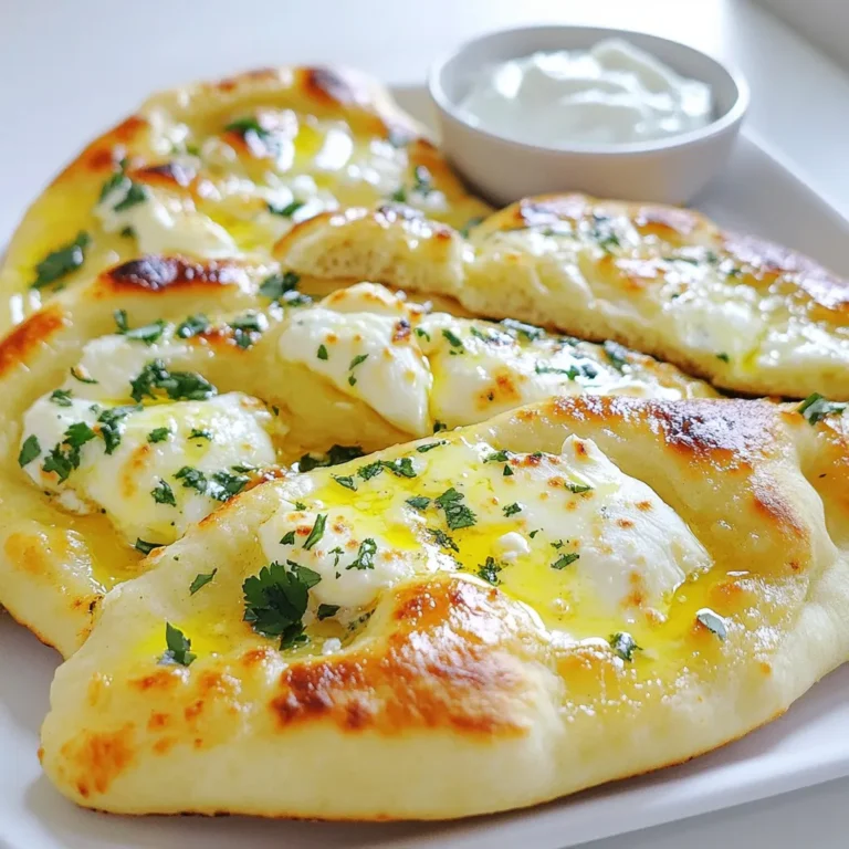 Für das perfekte Käsegefüllte Knoblauch Naan brauchst du: - 2 Tassen Weizenmehl (Allzweckmehl) - 1 Teelöffel Zucker - 1 Teelöffel Salz - 1 Teelöffel Backpulver - 1/2 Teelöffel Natron - 1/2 Tasse Joghurt - 1/2 Tasse warmes Wasser - 1 Esslöffel Öl (für den Teig) - 1 Tasse geriebener Mozzarella-Käse - 2 Esslöffel frischer Knoblauch, fein gehackt - 2 Esslöffel frischer Koriander, gehackt - 2 Esslöffel Butter (zum Bestreichen) Diese Zutaten bilden die Basis für einen aromatischen und leckeren Naan. Du mischst die trockenen Zutaten zuerst gut. Dann fügst du den Joghurt und das warme Wasser hinzu. Diese Mischung ergibt den perfekten Naan-Teig. Der Käse sorgt für die köstliche Füllung. Um den Geschmack zu verstärken, füge frischen Knoblauch und Koriander hinzu. Der Knoblauch gibt ein tolles Aroma und eine leichte Schärfe. Der Koriander bringt eine frische Note. Zusammen machen sie das Naan besonders lecker. Du kannst auch etwas gerebelten Oregano oder Kreuzkümmel für zusätzliche Tiefe verwenden. Wenn du andere Käsesorten ausprobieren möchtest, sind hier einige Ideen: - Feta-Käse für einen salzigen Kick - Cheddar für eine kräftige Note - Ricotta für eine cremige Textur Jede Käsesorte bringt ihren eigenen Geschmack. Experimentiere ruhig, um deine perfekte Mischung zu finden. So wird dein Käsegefülltes Knoblauch Naan immer wieder ein neues Geschmackserlebnis. Um den perfekten Teig zu machen, brauchst du eine große Schüssel. Gib zwei Tassen Weizenmehl, einen Teelöffel Zucker, einen Teelöffel Salz, einen Teelöffel Backpulver und einen halben Teelöffel Natron hinein. Mische alles gut. In der Mitte machst du eine Vertiefung. Füge dann 1/2 Tasse Joghurt und 1/2 Tasse warmes Wasser langsam hinzu. Vermenge die Zutaten mit einem Löffel oder deinen Händen. Knete den Teig mit einem Esslöffel Öl etwa 5 bis 7 Minuten lang. Der Teig sollte glatt und geschmeidig sein. Decke die Schüssel mit einem feuchten Tuch ab und lasse den Teig mindestens 30 Minuten ruhen. Für die Füllung nimm 1 Tasse geriebenen Mozzarella-Käse. Füge 2 Esslöffel fein gehackten frischen Knoblauch und 2 Esslöffel frisch gehackten Koriander hinzu. Mische alles gut, sodass der Käse die Aromen aufnimmt. Diese Mischung wird in die Naan gefüllt, wenn du die Teigportionen ausrollst. Achte darauf, genug Füllung zu nehmen, damit jeder Bissen köstlich ist. Erhitze eine Tandoor oder eine Pfanne auf mittlerer bis hoher Hitze. Teile den Teig in sechs gleich große Portionen und forme jede zu einer Kugel. Rolle eine Kugel auf einer bemehlten Fläche zu einer kleinen Scheibe aus. Platziere zwei Esslöffel der Käsefüllung in der Mitte. Drücke die Ränder gut zusammen, um die Füllung zu verschließen. Backe das Naan für 2 bis 3 Minuten auf einer Seite. Es sollte aufblähen und goldene Flecken bekommen. Wende das Naan und bestreiche die Oberseite mit geschmolzener Butter. Streue den Knoblauch und den Koriander gleichmäßig darüber. Backe es dann für eine weitere 1 bis 2 Minuten. Nimm das Naan aus der Pfanne und decke es mit einem Küchentuch ab, damit es warm bleibt. Wiederhole diesen Schritt mit den restlichen Portionen. Serviere die Naan auf einem rustikalen Holzbrett. Ein Schälchen Joghurt oder Chutney passt perfekt dazu. Um den perfekten Teig für Käsegefüllte Knoblauch Naan zu machen, achte auf die Zutaten. Verwende frisches Weizenmehl, Zucker, Salz, Backpulver und Natron. Mische die trockenen Zutaten gut. Mache eine Vertiefung in der Mitte und füge Joghurt und warmes Wasser hinzu. Knete den Teig fünf bis sieben Minuten lang. Er sollte glatt und geschmeidig sein. Decke den Teig mit einem feuchten Tuch ab. Lass ihn mindestens 30 Minuten ruhen. Das gibt dem Teig Zeit, aufzugehen und weich zu werden. Heize deine Tandoor oder Pfanne gut vor. Eine hohe Hitze sorgt für die besten Ergebnisse. Rolle den Teig dünn aus und lege die Käsefüllung in die Mitte. Drücke die Ränder fest zusammen. Das sorgt dafür, dass der Käse nicht ausläuft. Backe den Naan etwa drei Minuten auf einer Seite, bis er sich aufbläht und goldbraun wird. Wende den Naan und bestreiche ihn mit Butter. Streue den gehackten Knoblauch und Koriander darüber. Backe ihn dann für weitere zwei Minuten. Diese Methode gibt dem Naan eine schöne Kruste und einen tollen Geschmack. Du kannst die Aromen deiner Käsegefüllten Knoblauch Naan leicht anpassen. Experimentiere mit verschiedenen Kräutern oder Gewürzen. Füge zum Beispiel Kreuzkümmel oder Chili-Flocken hinzu, um mehr Würze zu bekommen. Auch frische Kräuter wie Petersilie oder Schnittlauch passen gut. Für eine andere Käsefüllung kannst du Feta oder Ziegenkäse verwenden. So bekommst du immer wieder neue Geschmäcker, die dir gefallen. {{image_4}} Um Käsegefüllte Knoblauch Naan noch besser zu machen, können Sie verschiedene Gewürze und Kräuter verwenden. Fügen Sie etwas Kreuzkümmel oder Garam Masala hinzu, um einen warmen Geschmack zu erzielen. Frischer Dill oder Petersilie kann die Aromen frisch und lebendig machen. Denken Sie auch an Chili-Flocken für einen scharfen Kick. Experimentieren Sie mit den Kräutern, die Sie mögen. So wird jede Naan eine neue Überraschung. Neben Mozzarella gibt es viele köstliche Käseoptionen. Feta bringt eine salzige Note, während Cheddar eine kräftige Tiefe hinzufügt. Sie können auch Ricotta für eine cremigere Textur verwenden. Fügen Sie Gemüse wie Spinat oder Pilze zur Füllung hinzu. Diese Optionen machen die Naans nicht nur lecker, sondern auch gesünder. So können Sie Ihre Käsegefüllte Naan ganz nach Ihrem Geschmack gestalten. Für eine vegane Variante können Sie Pflanzenjoghurt verwenden. Anstelle von Käse können Sie Cashewkäse oder Hefeflocken probieren. Diese alternativen Füllungen sind reich an Geschmack und Nährstoffen. Kombinieren Sie sie mit Kräutern und Gewürzen für ein vollmundiges Erlebnis. Die vegane Käsegefüllte Naan ist nicht nur für Veganer, sondern für alle, die neue Geschmäcker lieben. Du kannst die übrig gebliebenen Naan einfach im Kühlschrank aufbewahren. Lege sie in einen luftdichten Behälter oder wickle sie in Frischhaltefolie. So bleiben sie frisch und lecker für bis zu drei Tage. Wenn du sie später essen möchtest, hole sie einfach raus und lass sie etwas auf Zimmertemperatur kommen. Wenn du viel Naan gemacht hast, friere sie ein. Lege jede Naan zwischen zwei Schichten Backpapier, um ein Ankleben zu vermeiden. Packe sie dann in einen Gefrierbeutel und drücke die Luft raus. So sind sie bis zu drei Monate haltbar. Du kannst sie direkt aus dem Gefrierfach in den Ofen geben. Um das Naan aufzuwärmen, ist die Pfanne die beste Wahl. Erhitze sie auf mittlerer Hitze und lege das Naan rein. Backe es für 1-2 Minuten auf jeder Seite, bis es warm und weich ist. Du kannst auch etwas Butter oder Öl hinzufügen, um den Geschmack zu verbessern. Vermeide die Mikrowelle, da das Naan dadurch trocken werden kann. Die Zubereitung dauert etwa 30 Minuten. Das Ausrollen und Füllen der Naan nimmt zusätzliche 30 Minuten in Anspruch. Insgesamt sind es also rund 1 Stunde bis du die köstlichen Naan genießen kannst. Ja, du kannst den Naan ohne Joghurt machen. Stattdessen kannst du mehr warmes Wasser verwenden. Dies beeinflusst die Textur ein wenig, aber der Naan bleibt lecker. Typische Beilagen sind frischer Joghurt, Chutney, oder ein erfrischender Salat. Du kannst auch Currys oder Daal servieren. Diese Beilagen passen perfekt zu dem herzhaften Geschmack des Naan. Käsegefüllte Knoblauch Naan ist ein leckeres und einfach zuzubereitendes Gericht. Wir haben die Hauptzutaten, die Anleitung und Tipps betrachtet. Sie können mit Aromen und Variationen spielen. Auch vegane Optionen sind möglich. Lagern Sie das Naan richtig, um es frisch zu halten. Kochen macht Spaß und bringt Vielfalt auf den Tisch. Probieren Sie es aus und genießen Sie Ihr selbstgemachtes Naan!