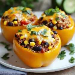 Um gefüllte Paprika zuzubereiten, benötigst du folgende Hauptzutaten: - 4 große Paprika (wähle die Farbe) - 1 Tasse Quinoa, gründlich gewaschen - 2 Tassen Gemüsebrühe - 1 Dose (15 oz) schwarze Bohnen, abgetropft und gewaschen - 1 Tasse Maiskörner (frisch oder gefroren) - 1 Tasse gewürfelte Tomaten (aus der Dose oder frisch) Diese Zutaten bilden die Basis für ein leckeres Gericht. Die Paprika gibt es in vielen Farben, was das Gericht bunt macht. Quinoa ist ein gesunder Ersatz für Reis und gibt dir zusätzliche Nährstoffe. Die Bohnen fügen Proteine hinzu, während der Mais und die Tomaten für einen frischen Geschmack sorgen. Für den Geschmack verwenden wir: - 1 Teelöffel Kreuzkümmel - 1 Teelöffel Paprika - 1/2 Teelöffel Chili-Pulver - Salz und Pfeffer nach Geschmack - 1 Tasse geriebener Cheddar-Käse (optional) - Frischer Koriander zur Garnierung Die Gewürze sind wichtig. Sie verleihen den gefüllten Paprika ihren besonderen Geschmack. Du kannst den Käse weglassen, wenn du es vegan magst. Koriander bringt Frische und sieht toll aus. Gefüllte Paprika sind schon sehr sättigend. Du kannst jedoch einige Beilagen hinzufügen: - Ein einfacher grüner Salat - Guacamole oder Avocado-Scheiben - Reis oder Tortillas Ein Salat bringt Frische und ist leicht. Guacamole ergänzt die Aromen und ist cremig. Reis oder Tortillas können die Mahlzeit abrunden und sättigen. {{ingredient_image_2}} Zuerst heize den Ofen auf 190°C vor. Wähle große Paprika in deiner Lieblingsfarbe. Schneide die Oberteile ab und entferne die Kerne. Lege die Paprika in eine Auflaufform. Das gibt ihnen Stabilität. Bringe in einem Topf zwei Tassen Gemüsebrühe zum Kochen. Füge eine Tasse gewaschene Quinoa hinzu. Reduziere die Hitze und lasse alles 15 Minuten köcheln. Wenn die Flüssigkeit weg ist, lockere die Quinoa mit einer Gabel. So wird sie fluffig und bereit zum Mischen. Mische die gekochte Quinoa, schwarze Bohnen, Mais und gewürfelte Tomaten in einer Schüssel. Füge Kreuzkümmel, Paprika, Chili-Pulver sowie Salz und Pfeffer hinzu. Rühre alles gut um. Fülle die Paprika mit dieser Mischung. Drücke sie leicht hinein. Wenn du Käse magst, streue ihn obenauf. Bedecke die Auflaufform mit Folie und backe die Paprika 25 Minuten. Entferne die Folie und backe für weitere 10 Minuten. So werden sie zart und der Käse sprudelt. Lass sie danach etwas abkühlen. Garniere die gefüllten Paprika mit frischem Koriander. Wählen Sie frische Paprika für das beste Ergebnis. Achten Sie auf eine glatte Haut ohne Flecken. Die Farbe ist wichtig, aber der Geschmack zählt mehr. Rote, gelbe und grüne Paprika sind alle lecker. Größere Paprika bieten mehr Platz für die Füllung. Überlegen Sie, ob Sie eine Mischung aus Farben verwenden möchten. Das sieht schön aus und macht Spaß beim Essen. Die richtige Garzeit macht den Unterschied. Backen Sie die gefüllten Paprika bei 190°C. Decken Sie die Auflaufform zuerst mit Folie ab. So bleiben die Paprika zart. Nach 25 Minuten entfernen Sie die Folie. Lassen Sie die Paprika weitere 10 Minuten backen, bis der Käse schmilzt. Überprüfen Sie die Paprika, damit sie nicht zu weich werden. Sie sollen leicht knackig bleiben. Garnieren Sie die gefüllten Paprika mit frischem Koriander. Das bringt Frische und Farbe. Ein Spritzer Limettensaft verstärkt den Geschmack. Überlegen Sie, etwas Olivenöl um die Paprika zu träufeln. Das sieht elegant aus. Verwenden Sie zusätzliche Gewürze oder Käse als Garnierung. Seien Sie kreativ und machen Sie das Gericht ansprechend! Pro Tipps Frische Paprika wählen: Wählen Sie Paprika, die fest und glänzend sind, um sicherzustellen, dass sie frisch und knackig sind. Quinoa richtig zubereiten: Spülen Sie die Quinoa gründlich ab, um Bitterstoffe zu entfernen, und kochen Sie sie in Gemüsebrühe für zusätzlichen Geschmack. Variation der Füllung: Fühlen Sie sich frei, die Füllung mit anderen Zutaten wie Avocado oder verschiedenen Bohnen zu variieren, um neue Geschmäcker zu kreieren. Resteverwertung: Verwenden Sie übrig gebliebene Füllung als Beilage oder in Salaten, um Abfall zu vermeiden und zusätzliche Mahlzeiten zu schaffen. {{image_4}} Für eine vegetarische Variante nutze ich gerne schwarze Bohnen und Quinoa. Diese Mischung gibt viel Protein. Du kannst auch Gemüse wie Zucchini oder Spinat hinzufügen. Das gibt den Paprika mehr Geschmack und Farbe. Ein wenig geriebener Käse macht das Ganze noch besser. Wenn du eine vegane Option suchst, lasse den Käse weg. Stattdessen kannst du Hefeflocken verwenden. Sie geben einen leckeren, käseähnlichen Geschmack. Achte darauf, dass die Gemüsebrühe vegan ist. Du kannst auch andere pflanzliche Proteine wie Linsen oder Kichererbsen verwenden. Die Füllungen sind sehr flexibel. Du kannst fast alles verwenden, was du magst. Probiere Reis oder Hirse als Basis. Füge Gemüse deiner Wahl hinzu, wie Paprika oder Pilze. Du kannst auch verschiedene Gewürze benutzen, um neue Aromen zu schaffen. So bleiben die gefüllten Paprika immer spannend und lecker. Wenn Sie Reste von gefüllten Paprika haben, lagern Sie sie richtig. Lassen Sie die Paprika zuerst auf Raumtemperatur abkühlen. Packen Sie sie dann in einen luftdichten Behälter. Sie können die gefüllten Paprika auch in Frischhaltefolie wickeln. So bleiben sie frisch und lecker. Lagern Sie die Reste im Kühlschrank. Sie halten sich dort bis zu vier Tage. Um die gefüllten Paprika aufzuwärmen, nutzen Sie den Ofen. Heizen Sie den Ofen auf 180°C vor. Legen Sie die Paprika in eine Auflaufform. Fügen Sie ein wenig Gemüsebrühe oder Wasser hinzu. Decken Sie die Form mit Folie ab, damit die Paprika nicht austrocknen. Backen Sie sie etwa 15 bis 20 Minuten lang. Sie können auch die Mikrowelle benutzen. Dies geht schneller, aber die Paprika können etwas weich werden. Gefüllte Paprika sind eine tolle Option für die Mahlzeitenplanung. Im Kühlschrank sind sie bis zu vier Tage haltbar. Wenn Sie sie einfrieren wollen, können Sie dies auch tun. Gefüllte Paprika halten im Gefrierfach bis zu drei Monate. Denken Sie daran, sie gut einzupacken. So vermeiden Sie Frostschäden. Wenn Sie bereit sind, sie zu essen, lassen Sie sie im Kühlschrank auftauen. Erwärmen Sie sie dann wie oben beschrieben. Sie können gefüllte Paprika ganz einfach im Voraus vorbereiten. Beginnen Sie, die Paprika nach dem Rezept zu füllen. Stellen Sie sicher, dass die Mischung gut gekühlt ist. Legen Sie die gefüllten Paprika in eine Auflaufform und decken Sie sie ab. Sie können sie bis zu zwei Tage im Kühlschrank lagern. Wenn Sie bereit sind, sie zu backen, heizen Sie den Ofen vor und backen Sie sie wie gewohnt. Die besten Füllungen für gefüllte Paprika sind vielfältig. Hier sind einige Ideen: - Quinoa mit schwarzen Bohnen und Mais - Reis mit Hackfleisch und Tomaten - Couscous mit Feta und Spinat - Linsen mit Gemüse und Gewürzen Fühlen Sie sich frei, kreativ zu sein und eigene Kombinationen zu testen! Ja, gefüllte Paprika können gut eingefroren werden. Lassen Sie die gefüllten Paprika zuerst abkühlen. Wickeln Sie sie dann einzeln in Frischhaltefolie oder legen Sie sie in einen luftdichten Behälter. Sie können sie bis zu drei Monate im Gefrierfach aufbewahren. Zum Aufwärmen lassen Sie sie einfach im Kühlschrank auftauen und backen sie dann im Ofen. Gefüllte Paprika sind einfach und lecker. Wir haben die Hauptzutaten und die verschiedenen Optionen besprochen. Ich habe Ihnen gezeigt, wie Sie die Paprika Schritt für Schritt zubereiten und kochen. Tipps zur Auswahl und zum Garen helfen Ihnen, stets perfekt gefüllte Paprika zu erstellen. Sie können die Rezepte anpassen, um Vegetarisches und Veganes zu integrieren. Vergessen Sie nicht, Ihre Reste richtig zu lagern. Experimentieren Sie mit den Ideen und genießen Sie Ihre Mahlzeiten!