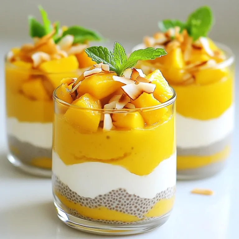 Für den Mango-Kokos-Chia-Pudding benötigst du die folgenden Zutaten: - 1 Tasse Kokosmilch - 1/2 Tasse Mandelmilch - 1/4 Tasse Chiasamen - 2 Esslöffel Ahornsirup (oder Honig) - 1 reife Mango, gewürfelt - 1 Teelöffel Vanilleextrakt - Eine Prise Salz - Geröstete Kokosflocken (zur Garnierung) - Frische Minzblätter (zur Garnierung) Die Auswahl der Zutaten ist wichtig. Wähle frische und reife Mangos. Sie bringen den besten Geschmack. Achte darauf, dass die Kokosmilch vollfett ist. Das sorgt für eine cremige Textur. Mandelmilch sollte ungesüßt sein, um den Pudding nicht zu überladen. Verwende echte Vanille für mehr Aroma. Dieser Pudding ist nicht nur lecker, er ist auch gesund. Chiasamen sind reich an Ballaststoffen, Omega-3-Fettsäuren und Proteinen. Kokosmilch bietet gesunde Fette, die gut für das Herz sind. Mangos sind voll von Vitaminen A und C, die das Immunsystem stärken. Mandelmilch ist kalorienarm und enthält viele Vitamine. Insgesamt ist dieser Pudding eine nahrhafte Wahl, die dich lange satt hält. {{ingredient_image_2}} Um den Mango Kokos Chia Pudding zuzubereiten, beginne mit einer großen Schüssel. Gib die Kokosmilch, Mandelmilch, Ahornsirup, Vanilleextrakt und eine Prise Salz hinein. Rühre die Mischung gut um. Ein Schneebesen hilft, alles gleichmäßig zu vermengen. Dann streue die Chiasamen vorsichtig in die Mischung. Rühre ständig weiter, um Klumpen zu vermeiden. Decke die Schüssel ab und stelle sie in den Kühlschrank. Lass den Pudding mindestens vier Stunden kühlen, besser über Nacht. Die Chiasamen saugen die Flüssigkeit auf und werden dick. Nach der Kühlzeit rühre den Pudding gut durch. So erhältst du eine cremige Konsistenz, die perfekt ist. Wenn du bereit zum Servieren bist, schichte den Pudding in Gläser. Beginne mit einer Schicht Chia-Pudding. Füge dann eine Schicht gewürfelte Mango hinzu. Wiederhole die Schichten, bis die Gläser voll sind. Garniere jedes Glas mit gerösteten Kokosflocken und einem Zweig frischer Minze. Diese Dekoration verbessert sowohl den Geschmack als auch die Präsentation. Ein häufiger Fehler ist, die Chiasamen zu schnell in die Flüssigkeit zu geben. Das führt oft zu Klumpen. Mische die Flüssigkeit zuerst gut und streue die Chiasamen langsam ein. Rühre ständig, um eine gleichmäßige Verteilung zu erreichen. Das hilft, eine glatte Textur zu bekommen. Die perfekte Konsistenz für deinen Pudding entsteht durch genug Kühlzeit. Lass den Pudding mindestens vier Stunden, besser über Nacht, im Kühlschrank. So nehmen die Chiasamen die Flüssigkeit gut auf. Wenn du eine cremigere Textur möchtest, rühre den Pudding vor dem Servieren gut durch. Frische Zutaten machen einen großen Unterschied. Wähle reife Mangos, da sie süßer und saftiger sind. Achte auch auf die Qualität der Kokosmilch. Eine dickere Kokosmilch sorgt für einen reichhaltigen Geschmack. Frische Minze als Garnierung bringt einen tollen Aroma-Kick. Geröstete Kokosflocken sind nicht nur knusprig, sie verleihen auch extra Geschmack. Pro Tips Frische Zutaten wählen: Verwenden Sie reife, saftige Mangos für den besten Geschmack. Achten Sie darauf, dass die Mangos leicht auf Druck nachgeben, was auf ihre Reife hinweist. Chiasamen richtig einweichen: Rühren Sie die Chiasamen gut in die Flüssigkeit, um Klumpen zu vermeiden. Dies sorgt für eine gleichmäßige Konsistenz des Puddings. Variationen ausprobieren: Experimentieren Sie mit verschiedenen pflanzlichen Milchsorten oder Süßungsmitteln wie Agavendicksaft, um den Pudding nach Ihrem Geschmack anzupassen. Perfekte Servieroption: Servieren Sie den Pudding in durchsichtigen Gläsern, um die schönen Schichten aus Chia-Pudding und Mango zu zeigen – das macht das Dessert noch ansprechender! {{image_4}} Du kannst den Pudding nach deinem Geschmack süßen. Anstelle von Ahornsirup oder Honig kannst du auch folgende Süßungsmittel nutzen: - Agavendicksaft - Kokosblütenzucker - Stevia Jedes dieser Süßungsmittel hat seinen eigenen Geschmack. So kannst du die Süße genau anpassen. Der Mango Coconut Chia Pudding lässt sich leicht variieren. Probiere verschiedene Früchte oder Aromen aus: - Ananas für einen tropischen Twist - Erdbeeren für eine fruchtige Note - Limette für einen frischen Kick Füge auch Gewürze wie Zimt oder Kardamom hinzu. Sie bringen eine neue Dimension in den Geschmack. Dieser Pudding ist von Natur aus vegan und glutenfrei. Achte darauf, dass die verwendeten Süßungsmittel und Milchalternativen ebenfalls vegan sind. Du kannst auch folgende Zutaten verwenden, um sicherzustellen, dass alles glutenfrei bleibt: - Glutenfreie Hafermilch - Reissirup als Süßungsmittel So bleibt dein Pudding nicht nur lecker, sondern auch gesund und für alle geeignet. Bewahre den Mango-Kokos-Chia-Pudding in einem luftdichten Behälter auf. Das hält ihn frisch und lecker. Stelle sicher, dass der Behälter fest verschlossen ist, um Gerüche im Kühlschrank zu vermeiden. So bleibt der Pudding auch nach ein paar Tagen noch gut. Im Kühlschrank hält sich der Chia-Pudding bis zu fünf Tage. Nach dieser Zeit kann die Textur weich werden. Die Aromen bleiben jedoch meist erhalten. Wenn du also etwas übrig hast, genieße es bevor es zu lange steht. Du kannst den Chia-Pudding auch einfrieren. Teile den Pudding in Portionen auf und fülle ihn in gefrierfeste Behälter. Achte darauf, etwas Platz für die Ausdehnung zu lassen. Der Pudding bleibt bis zu drei Monate im Gefrierfach frisch. Zum Auftauen stelle den Behälter einfach in den Kühlschrank. So bleibt die Konsistenz gut. Für den besten Geschmack und die beste Textur sollte man den Chia-Pudding mindestens 4 Stunden kühlen. Ich empfehle, ihn über Nacht im Kühlschrank zu lassen. So können die Chiasamen die Flüssigkeit gut aufnehmen. Der Pudding wird dick und cremig. Wenn du ihn länger im Kühlschrank lässt, wird er noch besser. Ja, du kannst viele verschiedene Milchsorten verwenden. Mandelmilch ist eine gute Wahl, aber auch Hafer- oder Sojamilch funktionieren gut. Wenn du eine nussfreie Option benötigst, probiere Kokosmilch allein. Du kannst auch andere pflanzliche Milchsorten nutzen, um den Geschmack zu variieren. Experimentiere mit dem, was du magst. Ja, dieser Pudding ist sehr gesund. Er enthält Chiasamen, die viele Ballaststoffe und Omega-3-Fettsäuren bieten. Kokosmilch liefert gesunde Fette, die gut für das Herz sind. Mangos sind reich an Vitaminen und Antioxidantien. Zusammen ergeben sie eine nahrhafte und leckere Mahlzeit oder einen Snack. In diesem Blogbeitrag haben wir die wichtigen Zutaten für Chia-Pudding besprochen. Wir haben gelernt, wie man die besten Zutaten auswählt und ihr Nährstoffprofil versteht. Die Schritt-für-Schritt-Anleitung zeigt, wie man das Pudding zubereitet und präsentabel macht. Wir haben Tipps gegeben, um Fehler zu vermeiden und die perfekte Konsistenz zu erzielen. Auch Variationen und Lagerung waren Themen. Chia-Pudding ist vielseitig und nahrhaft. Nutze die Informationen, um kreative Puddings zu machen, die schmecken und gut für dich sind.