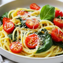 Für die schnelle Spinat-Pasta brauchst du einige einfache Zutaten. Hier ist die Liste: - 225 g Spaghetti oder deine Lieblingsnudeln - 2 Tassen frischer Spinat, grob gehackt - 2 Esslöffel Olivenöl - 3 Knoblauchzehen, fein gehackt - 1 Tasse Kirschtomaten, halbiert - 1 Teelöffel rote Paprikaflocken (nach Geschmack anpassen) - ½ Tasse geriebener Parmesan-Käse (oder eine vegane Alternative) - Salz und Pfeffer nach Geschmack - Frische Basilikumblätter zur Garnitur (optional) Diese Zutaten sind frisch und leicht zu finden. Sie geben der Pasta einen tollen Geschmack. Wenn du etwas Abwechslung möchtest, probiere diese Alternativen: - Verwende andere Nudelsorten wie Vollkorn oder glutenfrei. - Statt frischem Spinat kannst du auch gefrorenen Spinat verwenden. - Füge andere Gemüsesorten hinzu, wie Zucchini oder Paprika. - Ersetze Parmesan durch einen veganen Käse oder Hefeflocken für einen ähnlichen Geschmack. Diese Alternativen machen das Gericht noch spannender und passen zu deinem Geschmack. Um die besten Zutaten auszuwählen, beachte diese Tipps: - Wähle frischen Spinat, der fest und grün ist. Vermeide welke Blätter. - Suche nach reifen Kirschtomaten. Sie sollten süß und saftig sein. - Achte auf hochwertiges Olivenöl. Es verbessert den Geschmack der Pasta. - Verwende frisch geriebenen Parmesan, wenn möglich. Er hat mehr Aroma. Diese Tipps helfen dir, eine köstliche Spinat-Pasta zuzubereiten, die jedem schmeckt. {{ingredient_image_2}} Koche die Spaghetti in einem großen Topf mit sprudelndem Salzwasser. Achte darauf, die Nudeln nach der Packungsanweisung bis al dente zu kochen. Halte 120 ml Nudelwasser zurück, bevor du die Nudeln abgießt. Stelle die Nudeln beiseite. Erhitze 2 Esslöffel Olivenöl im gleichen Topf. Füge 3 fein gehackte Knoblauchzehen und 1 Teelöffel rote Paprikaflocken hinzu. Brate alles bei mittlerer Hitze für etwa 1 Minute an, bis es gut duftet. Rühre 1 Tasse halbierte Kirschtomaten in den Topf. Koche sie für 2-3 Minuten, bis sie weich werden. Füge dann 2 Tassen grob gehackten Spinat hinzu und brate ihn für weitere 2 Minuten, bis er zusammenfällt. Gib die gekochten Spaghetti zurück in den Topf. Vermische alles gut miteinander. Füge einen Schluck des zurückbehaltenen Nudelwassers hinzu, um die Zutaten geschmeidig zu verbinden. Streue ½ Tasse geriebenen Parmesan über die Pasta. Würze das Gericht mit Salz und Pfeffer nach Geschmack. Tossiere alles gründlich, bis die Pasta gleichmäßig mit der Sauce bedeckt und cremig wird. Teile die fertige Pasta auf die Teller auf. Garniere sie nach Wunsch mit frischen Basilikumblättern. Genieße deine schnelle Spinat-Pasta! Um die beste Pasta zu kochen, achte darauf, viel Wasser zu nutzen. Bring das Wasser zum Kochen, bevor du die Nudeln hinzufügst. Füge Salz hinzu, um den Geschmack zu verbessern. Koche die Spaghetti gemäß der Packungsanweisung bis zum al dente Gargrad. Das bedeutet, sie sollten weich, aber noch einen leichten Biss haben. Halte etwas Nudelwasser zurück, um die Sauce später cremiger zu machen. Wenn du mehr Geschmack in deine Spinat-Pasta bringen willst, probiere verschiedene Zutaten. Füge mehr Knoblauch hinzu oder nutze Zwiebeln für eine süßere Note. Du kannst auch andere Gemüsesorten wie Zucchini oder Paprika hinzufügen. Experimentiere mit frischen Kräutern wie Oregano oder Petersilie. Rote Paprikaflocken bringen eine leichte Schärfe, die du nach deinem Geschmack anpassen kannst. Timing ist wichtig für ein perfektes Gericht. Beginne mit dem Kochen der Pasta, dann bereite schnell die Sauce vor. Während die Nudeln kochen, erhitze das Olivenöl und brate den Knoblauch und die Tomaten an. Füge den Spinat hinzu, wenn die Tomaten weich sind. So bleiben die Aromen frisch und die Pasta heiß. Wenn die Nudeln fertig sind, mische sie sofort mit der Sauce. Das sorgt für ein leckeres, warmes Gericht. Pro Tipps Frischer Spinat: Verwende frischen Spinat für den besten Geschmack. Tiefgefrorener Spinat kann wässrig werden und die Textur der Pasta beeinträchtigen. Richtige Nudelgarzeit: Achte darauf, die Nudeln al dente zu kochen, damit sie beim Mischen mit der Sauce nicht matschig werden. Verwendung von Nudelwasser: Das Zurückbehalten von Nudelwasser hilft, die Sauce cremiger zu machen. Es enthält Stärke, die die Sauce besser an den Nudeln haften lässt. Variationen hinzufügen: Du kannst der Pasta zusätzliche Zutaten wie Pinienkerne, Oliven oder Artischockenherzen hinzufügen, um den Geschmack zu variieren. {{image_4}} Du kannst diese Pasta leicht vegetarisch oder vegan machen. Nutze einfache Änderungen. Ersetze den Parmesan durch eine vegane Käsesorte oder Hefeflocken. So bleibt der Geschmack trotzdem toll. Für die vegane Variante, achte darauf, dass deine Nudeln ohne Ei sind. Viele Marken bieten auch vegane Spaghetti an. So kannst du alle genießen. Die schnelle Spinat-Pasta ist sehr flexibel. Du kannst viele Gemüsesorten hinzufügen. Zucchini, Brokkoli oder Erbsen passen gut dazu. Einfach die Gemüse klein schneiden und sie zusammen mit den Kirschtomaten anbraten. Dies gibt mehr Farbe und Nährstoffe. Du kannst auch frische Kräuter wie Petersilie oder Thymian dazugeben. So schmeckt es noch besser. Käse macht die Pasta besonders lecker. Probiere verschiedene Käsesorten aus. Neben Parmesan kannst du Mozzarella oder Feta verwenden. Diese Käsesorten geben der Pasta einen neuen Geschmack. Wenn du es würziger magst, verwende Pecorino. Du kannst auch einen Schuss Sahne dazugeben, um die Sauce cremiger zu machen. Experimentiere mit den Käsesorten und finde deinen Favoriten. Bewahre Reste der Spinat-Pasta in einem luftdichten Behälter auf. Stelle sicher, dass die Pasta abgekühlt ist, bevor du sie lagerst. So bleibt sie frisch und lecker. Du kannst die Reste bis zu drei Tage im Kühlschrank aufbewahren. Wenn du die Pasta länger aufbewahren möchtest, friere sie ein. Um die Spinat-Pasta wieder aufzuwärmen, nutze einen Topf oder die Mikrowelle. Wenn du den Topf benutzt, gib etwas Wasser hinzu, damit die Pasta nicht austrocknet. Erhitze sie bei mittlerer Hitze und rühre regelmäßig um. In der Mikrowelle erwärmst du die Pasta in kurzen Intervallen. Decke den Behälter ab, damit die Feuchtigkeit bleibt. Im Kühlschrank hält die Spinat-Pasta etwa drei Tage. Im Gefrierschrank bleibt sie bis zu drei Monate frisch. Stelle sicher, dass die Pasta gut verpackt ist, um Gefrierbrand zu vermeiden. Wenn du die Pasta auftauen möchtest, lasse sie über Nacht im Kühlschrank. Dann kannst du sie einfach wieder aufwärmen. Die Zubereitung der Spinat-Pasta dauert nur 20 Minuten. Du kannst sie in 10 Minuten vorbereiten und in 10 Minuten kochen. Diese schnelle Zeit macht das Gericht perfekt für einen stressfreien Abend. Ja, du kannst Tiefkühlspinat verwenden. Achte darauf, ihn vorher gut abzutropfen. Das hilft, die Soße nicht zu wässrig zu machen. Der Geschmack bleibt trotzdem lecker und frisch. Zu Spinat-Pasta passen viele Beilagen. Ein einfacher grüner Salat ist eine gute Wahl. Auch knusprisches Brot oder gegrilltes Gemüse ergänzen das Gericht gut. Diese Beilagen fügen mehr Textur und Geschmack hinzu. Ja, diese Pasta ist ideal für Meal Prep. Du kannst sie gut aufbewahren und später aufwärmen. Lagere die Reste in einem luftdichten Behälter im Kühlschrank. So bleibt die Pasta frisch und lecker für die nächsten Tage. Diese Anleitung hat dir gezeigt, wie du eine schnelle Spinat-Pasta zubereitest. Wir besprachen die besten Zutaten, Schritt-für-Schritt-Anleitungen und nützliche Tipps. Du weißt jetzt, wie du die Pasta perfekt garst und verschiedene Variationen ausprobierst. Denke daran, Reste richtig zu lagern und wieder aufzuwärmen. Mit diesen einfachen Tricks bereitest du schnell ein leckeres Gericht zu. Viel Spaß beim Kochen und Experimentieren!