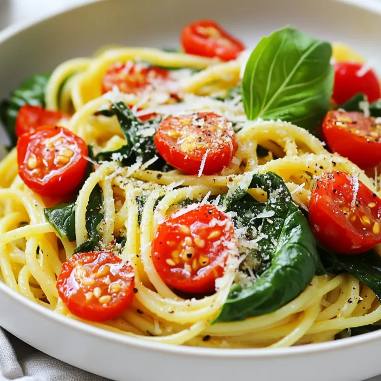 Für die schnelle Spinat-Pasta brauchst du einige einfache Zutaten. Hier ist die Liste: - 225 g Spaghetti oder deine Lieblingsnudeln - 2 Tassen frischer Spinat, grob gehackt - 2 Esslöffel Olivenöl - 3 Knoblauchzehen, fein gehackt - 1 Tasse Kirschtomaten, halbiert - 1 Teelöffel rote Paprikaflocken (nach Geschmack anpassen) - ½ Tasse geriebener Parmesan-Käse (oder eine vegane Alternative) - Salz und Pfeffer nach Geschmack - Frische Basilikumblätter zur Garnitur (optional) Diese Zutaten sind frisch und leicht zu finden. Sie geben der Pasta einen tollen Geschmack. Wenn du etwas Abwechslung möchtest, probiere diese Alternativen: - Verwende andere Nudelsorten wie Vollkorn oder glutenfrei. - Statt frischem Spinat kannst du auch gefrorenen Spinat verwenden. - Füge andere Gemüsesorten hinzu, wie Zucchini oder Paprika. - Ersetze Parmesan durch einen veganen Käse oder Hefeflocken für einen ähnlichen Geschmack. Diese Alternativen machen das Gericht noch spannender und passen zu deinem Geschmack. Um die besten Zutaten auszuwählen, beachte diese Tipps: - Wähle frischen Spinat, der fest und grün ist. Vermeide welke Blätter. - Suche nach reifen Kirschtomaten. Sie sollten süß und saftig sein. - Achte auf hochwertiges Olivenöl. Es verbessert den Geschmack der Pasta. - Verwende frisch geriebenen Parmesan, wenn möglich. Er hat mehr Aroma. Diese Tipps helfen dir, eine köstliche Spinat-Pasta zuzubereiten, die jedem schmeckt. {{ingredient_image_2}} Koche die Spaghetti in einem großen Topf mit sprudelndem Salzwasser. Achte darauf, die Nudeln nach der Packungsanweisung bis al dente zu kochen. Halte 120 ml Nudelwasser zurück, bevor du die Nudeln abgießt. Stelle die Nudeln beiseite. Erhitze 2 Esslöffel Olivenöl im gleichen Topf. Füge 3 fein gehackte Knoblauchzehen und 1 Teelöffel rote Paprikaflocken hinzu. Brate alles bei mittlerer Hitze für etwa 1 Minute an, bis es gut duftet. Rühre 1 Tasse halbierte Kirschtomaten in den Topf. Koche sie für 2-3 Minuten, bis sie weich werden. Füge dann 2 Tassen grob gehackten Spinat hinzu und brate ihn für weitere 2 Minuten, bis er zusammenfällt. Gib die gekochten Spaghetti zurück in den Topf. Vermische alles gut miteinander. Füge einen Schluck des zurückbehaltenen Nudelwassers hinzu, um die Zutaten geschmeidig zu verbinden. Streue ½ Tasse geriebenen Parmesan über die Pasta. Würze das Gericht mit Salz und Pfeffer nach Geschmack. Tossiere alles gründlich, bis die Pasta gleichmäßig mit der Sauce bedeckt und cremig wird. Teile die fertige Pasta auf die Teller auf. Garniere sie nach Wunsch mit frischen Basilikumblättern. Genieße deine schnelle Spinat-Pasta! Um die beste Pasta zu kochen, achte darauf, viel Wasser zu nutzen. Bring das Wasser zum Kochen, bevor du die Nudeln hinzufügst. Füge Salz hinzu, um den Geschmack zu verbessern. Koche die Spaghetti gemäß der Packungsanweisung bis zum al dente Gargrad. Das bedeutet, sie sollten weich, aber noch einen leichten Biss haben. Halte etwas Nudelwasser zurück, um die Sauce später cremiger zu machen. Wenn du mehr Geschmack in deine Spinat-Pasta bringen willst, probiere verschiedene Zutaten. Füge mehr Knoblauch hinzu oder nutze Zwiebeln für eine süßere Note. Du kannst auch andere Gemüsesorten wie Zucchini oder Paprika hinzufügen. Experimentiere mit frischen Kräutern wie Oregano oder Petersilie. Rote Paprikaflocken bringen eine leichte Schärfe, die du nach deinem Geschmack anpassen kannst. Timing ist wichtig für ein perfektes Gericht. Beginne mit dem Kochen der Pasta, dann bereite schnell die Sauce vor. Während die Nudeln kochen, erhitze das Olivenöl und brate den Knoblauch und die Tomaten an. Füge den Spinat hinzu, wenn die Tomaten weich sind. So bleiben die Aromen frisch und die Pasta heiß. Wenn die Nudeln fertig sind, mische sie sofort mit der Sauce. Das sorgt für ein leckeres, warmes Gericht. Pro Tipps Frischer Spinat: Verwende frischen Spinat für den besten Geschmack. Tiefgefrorener Spinat kann wässrig werden und die Textur der Pasta beeinträchtigen. Richtige Nudelgarzeit: Achte darauf, die Nudeln al dente zu kochen, damit sie beim Mischen mit der Sauce nicht matschig werden. Verwendung von Nudelwasser: Das Zurückbehalten von Nudelwasser hilft, die Sauce cremiger zu machen. Es enthält Stärke, die die Sauce besser an den Nudeln haften lässt. Variationen hinzufügen: Du kannst der Pasta zusätzliche Zutaten wie Pinienkerne, Oliven oder Artischockenherzen hinzufügen, um den Geschmack zu variieren. {{image_4}} Du kannst diese Pasta leicht vegetarisch oder vegan machen. Nutze einfache Änderungen. Ersetze den Parmesan durch eine vegane Käsesorte oder Hefeflocken. So bleibt der Geschmack trotzdem toll. Für die vegane Variante, achte darauf, dass deine Nudeln ohne Ei sind. Viele Marken bieten auch vegane Spaghetti an. So kannst du alle genießen. Die schnelle Spinat-Pasta ist sehr flexibel. Du kannst viele Gemüsesorten hinzufügen. Zucchini, Brokkoli oder Erbsen passen gut dazu. Einfach die Gemüse klein schneiden und sie zusammen mit den Kirschtomaten anbraten. Dies gibt mehr Farbe und Nährstoffe. Du kannst auch frische Kräuter wie Petersilie oder Thymian dazugeben. So schmeckt es noch besser. Käse macht die Pasta besonders lecker. Probiere verschiedene Käsesorten aus. Neben Parmesan kannst du Mozzarella oder Feta verwenden. Diese Käsesorten geben der Pasta einen neuen Geschmack. Wenn du es würziger magst, verwende Pecorino. Du kannst auch einen Schuss Sahne dazugeben, um die Sauce cremiger zu machen. Experimentiere mit den Käsesorten und finde deinen Favoriten. Bewahre Reste der Spinat-Pasta in einem luftdichten Behälter auf. Stelle sicher, dass die Pasta abgekühlt ist, bevor du sie lagerst. So bleibt sie frisch und lecker. Du kannst die Reste bis zu drei Tage im Kühlschrank aufbewahren. Wenn du die Pasta länger aufbewahren möchtest, friere sie ein. Um die Spinat-Pasta wieder aufzuwärmen, nutze einen Topf oder die Mikrowelle. Wenn du den Topf benutzt, gib etwas Wasser hinzu, damit die Pasta nicht austrocknet. Erhitze sie bei mittlerer Hitze und rühre regelmäßig um. In der Mikrowelle erwärmst du die Pasta in kurzen Intervallen. Decke den Behälter ab, damit die Feuchtigkeit bleibt. Im Kühlschrank hält die Spinat-Pasta etwa drei Tage. Im Gefrierschrank bleibt sie bis zu drei Monate frisch. Stelle sicher, dass die Pasta gut verpackt ist, um Gefrierbrand zu vermeiden. Wenn du die Pasta auftauen möchtest, lasse sie über Nacht im Kühlschrank. Dann kannst du sie einfach wieder aufwärmen. Die Zubereitung der Spinat-Pasta dauert nur 20 Minuten. Du kannst sie in 10 Minuten vorbereiten und in 10 Minuten kochen. Diese schnelle Zeit macht das Gericht perfekt für einen stressfreien Abend. Ja, du kannst Tiefkühlspinat verwenden. Achte darauf, ihn vorher gut abzutropfen. Das hilft, die Soße nicht zu wässrig zu machen. Der Geschmack bleibt trotzdem lecker und frisch. Zu Spinat-Pasta passen viele Beilagen. Ein einfacher grüner Salat ist eine gute Wahl. Auch knusprisches Brot oder gegrilltes Gemüse ergänzen das Gericht gut. Diese Beilagen fügen mehr Textur und Geschmack hinzu. Ja, diese Pasta ist ideal für Meal Prep. Du kannst sie gut aufbewahren und später aufwärmen. Lagere die Reste in einem luftdichten Behälter im Kühlschrank. So bleibt die Pasta frisch und lecker für die nächsten Tage. Diese Anleitung hat dir gezeigt, wie du eine schnelle Spinat-Pasta zubereitest. Wir besprachen die besten Zutaten, Schritt-für-Schritt-Anleitungen und nützliche Tipps. Du weißt jetzt, wie du die Pasta perfekt garst und verschiedene Variationen ausprobierst. Denke daran, Reste richtig zu lagern und wieder aufzuwärmen. Mit diesen einfachen Tricks bereitest du schnell ein leckeres Gericht zu. Viel Spaß beim Kochen und Experimentieren!