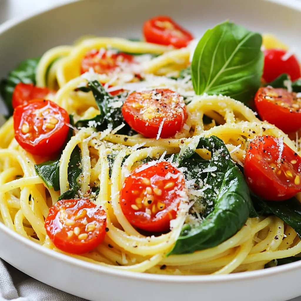 Für die schnelle Spinat-Pasta brauchst du einige einfache Zutaten. Hier ist die Liste: - 225 g Spaghetti oder deine Lieblingsnudeln - 2 Tassen frischer Spinat, grob gehackt - 2 Esslöffel Olivenöl - 3 Knoblauchzehen, fein gehackt - 1 Tasse Kirschtomaten, halbiert - 1 Teelöffel rote Paprikaflocken (nach Geschmack anpassen) - ½ Tasse geriebener Parmesan-Käse (oder eine vegane Alternative) - Salz und Pfeffer nach Geschmack - Frische Basilikumblätter zur Garnitur (optional) Diese Zutaten sind frisch und leicht zu finden. Sie geben der Pasta einen tollen Geschmack. Wenn du etwas Abwechslung möchtest, probiere diese Alternativen: - Verwende andere Nudelsorten wie Vollkorn oder glutenfrei. - Statt frischem Spinat kannst du auch gefrorenen Spinat verwenden. - Füge andere Gemüsesorten hinzu, wie Zucchini oder Paprika. - Ersetze Parmesan durch einen veganen Käse oder Hefeflocken für einen ähnlichen Geschmack. Diese Alternativen machen das Gericht noch spannender und passen zu deinem Geschmack. Um die besten Zutaten auszuwählen, beachte diese Tipps: - Wähle frischen Spinat, der fest und grün ist. Vermeide welke Blätter. - Suche nach reifen Kirschtomaten. Sie sollten süß und saftig sein. - Achte auf hochwertiges Olivenöl. Es verbessert den Geschmack der Pasta. - Verwende frisch geriebenen Parmesan, wenn möglich. Er hat mehr Aroma. Diese Tipps helfen dir, eine köstliche Spinat-Pasta zuzubereiten, die jedem schmeckt. {{ingredient_image_2}} Koche die Spaghetti in einem großen Topf mit sprudelndem Salzwasser. Achte darauf, die Nudeln nach der Packungsanweisung bis al dente zu kochen. Halte 120 ml Nudelwasser zurück, bevor du die Nudeln abgießt. Stelle die Nudeln beiseite. Erhitze 2 Esslöffel Olivenöl im gleichen Topf. Füge 3 fein gehackte Knoblauchzehen und 1 Teelöffel rote Paprikaflocken hinzu. Brate alles bei mittlerer Hitze für etwa 1 Minute an, bis es gut duftet. Rühre 1 Tasse halbierte Kirschtomaten in den Topf. Koche sie für 2-3 Minuten, bis sie weich werden. Füge dann 2 Tassen grob gehackten Spinat hinzu und brate ihn für weitere 2 Minuten, bis er zusammenfällt. Gib die gekochten Spaghetti zurück in den Topf. Vermische alles gut miteinander. Füge einen Schluck des zurückbehaltenen Nudelwassers hinzu, um die Zutaten geschmeidig zu verbinden. Streue ½ Tasse geriebenen Parmesan über die Pasta. Würze das Gericht mit Salz und Pfeffer nach Geschmack. Tossiere alles gründlich, bis die Pasta gleichmäßig mit der Sauce bedeckt und cremig wird. Teile die fertige Pasta auf die Teller auf. Garniere sie nach Wunsch mit frischen Basilikumblättern. Genieße deine schnelle Spinat-Pasta! Um die beste Pasta zu kochen, achte darauf, viel Wasser zu nutzen. Bring das Wasser zum Kochen, bevor du die Nudeln hinzufügst. Füge Salz hinzu, um den Geschmack zu verbessern. Koche die Spaghetti gemäß der Packungsanweisung bis zum al dente Gargrad. Das bedeutet, sie sollten weich, aber noch einen leichten Biss haben. Halte etwas Nudelwasser zurück, um die Sauce später cremiger zu machen. Wenn du mehr Geschmack in deine Spinat-Pasta bringen willst, probiere verschiedene Zutaten. Füge mehr Knoblauch hinzu oder nutze Zwiebeln für eine süßere Note. Du kannst auch andere Gemüsesorten wie Zucchini oder Paprika hinzufügen. Experimentiere mit frischen Kräutern wie Oregano oder Petersilie. Rote Paprikaflocken bringen eine leichte Schärfe, die du nach deinem Geschmack anpassen kannst. Timing ist wichtig für ein perfektes Gericht. Beginne mit dem Kochen der Pasta, dann bereite schnell die Sauce vor. Während die Nudeln kochen, erhitze das Olivenöl und brate den Knoblauch und die Tomaten an. Füge den Spinat hinzu, wenn die Tomaten weich sind. So bleiben die Aromen frisch und die Pasta heiß. Wenn die Nudeln fertig sind, mische sie sofort mit der Sauce. Das sorgt für ein leckeres, warmes Gericht. Pro Tipps Frischer Spinat: Verwende frischen Spinat für den besten Geschmack. Tiefgefrorener Spinat kann wässrig werden und die Textur der Pasta beeinträchtigen. Richtige Nudelgarzeit: Achte darauf, die Nudeln al dente zu kochen, damit sie beim Mischen mit der Sauce nicht matschig werden. Verwendung von Nudelwasser: Das Zurückbehalten von Nudelwasser hilft, die Sauce cremiger zu machen. Es enthält Stärke, die die Sauce besser an den Nudeln haften lässt. Variationen hinzufügen: Du kannst der Pasta zusätzliche Zutaten wie Pinienkerne, Oliven oder Artischockenherzen hinzufügen, um den Geschmack zu variieren. {{image_4}} Du kannst diese Pasta leicht vegetarisch oder vegan machen. Nutze einfache Änderungen. Ersetze den Parmesan durch eine vegane Käsesorte oder Hefeflocken. So bleibt der Geschmack trotzdem toll. Für die vegane Variante, achte darauf, dass deine Nudeln ohne Ei sind. Viele Marken bieten auch vegane Spaghetti an. So kannst du alle genießen. Die schnelle Spinat-Pasta ist sehr flexibel. Du kannst viele Gemüsesorten hinzufügen. Zucchini, Brokkoli oder Erbsen passen gut dazu. Einfach die Gemüse klein schneiden und sie zusammen mit den Kirschtomaten anbraten. Dies gibt mehr Farbe und Nährstoffe. Du kannst auch frische Kräuter wie Petersilie oder Thymian dazugeben. So schmeckt es noch besser. Käse macht die Pasta besonders lecker. Probiere verschiedene Käsesorten aus. Neben Parmesan kannst du Mozzarella oder Feta verwenden. Diese Käsesorten geben der Pasta einen neuen Geschmack. Wenn du es würziger magst, verwende Pecorino. Du kannst auch einen Schuss Sahne dazugeben, um die Sauce cremiger zu machen. Experimentiere mit den Käsesorten und finde deinen Favoriten. Bewahre Reste der Spinat-Pasta in einem luftdichten Behälter auf. Stelle sicher, dass die Pasta abgekühlt ist, bevor du sie lagerst. So bleibt sie frisch und lecker. Du kannst die Reste bis zu drei Tage im Kühlschrank aufbewahren. Wenn du die Pasta länger aufbewahren möchtest, friere sie ein. Um die Spinat-Pasta wieder aufzuwärmen, nutze einen Topf oder die Mikrowelle. Wenn du den Topf benutzt, gib etwas Wasser hinzu, damit die Pasta nicht austrocknet. Erhitze sie bei mittlerer Hitze und rühre regelmäßig um. In der Mikrowelle erwärmst du die Pasta in kurzen Intervallen. Decke den Behälter ab, damit die Feuchtigkeit bleibt. Im Kühlschrank hält die Spinat-Pasta etwa drei Tage. Im Gefrierschrank bleibt sie bis zu drei Monate frisch. Stelle sicher, dass die Pasta gut verpackt ist, um Gefrierbrand zu vermeiden. Wenn du die Pasta auftauen möchtest, lasse sie über Nacht im Kühlschrank. Dann kannst du sie einfach wieder aufwärmen. Die Zubereitung der Spinat-Pasta dauert nur 20 Minuten. Du kannst sie in 10 Minuten vorbereiten und in 10 Minuten kochen. Diese schnelle Zeit macht das Gericht perfekt für einen stressfreien Abend. Ja, du kannst Tiefkühlspinat verwenden. Achte darauf, ihn vorher gut abzutropfen. Das hilft, die Soße nicht zu wässrig zu machen. Der Geschmack bleibt trotzdem lecker und frisch. Zu Spinat-Pasta passen viele Beilagen. Ein einfacher grüner Salat ist eine gute Wahl. Auch knusprisches Brot oder gegrilltes Gemüse ergänzen das Gericht gut. Diese Beilagen fügen mehr Textur und Geschmack hinzu. Ja, diese Pasta ist ideal für Meal Prep. Du kannst sie gut aufbewahren und später aufwärmen. Lagere die Reste in einem luftdichten Behälter im Kühlschrank. So bleibt die Pasta frisch und lecker für die nächsten Tage. Diese Anleitung hat dir gezeigt, wie du eine schnelle Spinat-Pasta zubereitest. Wir besprachen die besten Zutaten, Schritt-für-Schritt-Anleitungen und nützliche Tipps. Du weißt jetzt, wie du die Pasta perfekt garst und verschiedene Variationen ausprobierst. Denke daran, Reste richtig zu lagern und wieder aufzuwärmen. Mit diesen einfachen Tricks bereitest du schnell ein leckeres Gericht zu. Viel Spaß beim Kochen und Experimentieren!