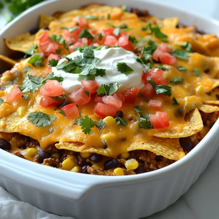 - 450 g Rinderhackfleisch oder Putenhackfleisch - 1 Päckchen Taco-Gewürz - 1 Dose schwarze Bohnen, abgetropft und abgespült - 1 Dose Mais, abgetropft - 240 ml Salsa - 1 Tüte Tortilla-Chips (ca. 280 g) - 1 Tasse gewürfelte Tomaten Die Hauptzutaten machen den Geschmack aus. Ich nutze oft Rinderhackfleisch, weil es reichhaltig schmeckt. Putenhackfleisch ist eine gute, magerere Wahl. Taco-Gewürz bringt die richtige Würze. Die schwarzen Bohnen und der Mais fügen Textur hinzu. Salsa bringt Frische in das Gericht. - 200 g geriebener Cheddar-Käse - 240 ml Sauerrahm Käse ist der Star in jeder Casserole. Geriebener Cheddar-Käse schmilzt schön und sorgt für eine leckere Kruste. Sauerrahm rundet das Gericht ab. Ein Klecks davon macht jede Portion besonders. - 75 g in Scheiben geschnittene schwarze Oliven (optional) - 60 g frischer Koriander, gehackt Toppings bringen Farbe und Geschmack. Schwarze Oliven fügen einen salzigen Biss hinzu. Frischer Koriander bringt einen tollen Duft. Diese Extras sind nicht nur lecker, sondern auch schön anzusehen. {{ingredient_image_2}} Zuerst erhitze ich eine große Pfanne bei mittlerer Hitze. Ich gebe das Hackfleisch in die Pfanne und brate es, bis es durchgegart ist. Dies dauert etwa 7 bis 10 Minuten. Ich lasse das überschüssige Fett abtropfen, damit das Gericht nicht zu fettig wird. Dann füge ich das Taco-Gewürz hinzu. Ich benutze ein ganzes Päckchen für den vollen Geschmack. Ich mische das Gewürz gut mit dem Fleisch. Danach gebe ich die abgetropften schwarzen Bohnen, den Mais und die Salsa hinzu. Ich rühre alles gut um, bis die Mischung gleichmäßig aussieht. Für die Casserole starte ich mit einer fetten Auflaufform. Ich lege die Hälfte der Tortilla-Chips gleichmäßig auf den Boden. Diese Chips sind die Basis und geben einen tollen Crunch. Dann verteile ich die Hälfte der Fleischmischung über die Chips. Ich streue 100 g geriebenen Cheddar-Käse darüber. Der Käse schmilzt und macht alles lecker. Ich wiederhole diesen Schritt mit den restlichen Chips und der restlichen Fleischmischung. Zum Schluss decke ich die Oberseite mit dem restlichen Käse ab, um eine schöne Käsekruste zu bekommen. Jetzt ist es Zeit, den Ofen vorzuheizen. Ich stelle den Ofen auf 175°C ein. Ich decke die Auflaufform mit Aluminiumfolie ab und backe sie für 25 Minuten. Das hilft, die Aromen gut zu verbinden. Nach 25 Minuten nehme ich die Folie ab. Dann backe ich die Casserole für weitere 10 bis 15 Minuten. Ich achte darauf, dass der Käse sprudelnd und goldbraun ist. Nach dem Backen lasse ich die Casserole einige Minuten abkühlen. So kann ich sie leicht schneiden und servieren. - Verwendung von frischen Zutaten: Frische Zutaten machen den Geschmack besser. Wählen Sie hochwertige Bohnen und frische Tomaten. Diese kleinen Details machen einen großen Unterschied. - Fleisch gut anbraten: Braten Sie das Hackfleisch gut an. So wird es saftig und bekommt eine tolle Farbe. Lassen Sie Fett abtropfen, bevor Sie die Gewürze hinzufügen. - Anrichten mit Toppings: Servieren Sie die Casserole mit Sauerrahm und frischen Tomaten. Schwarze Oliven und Koriander bringen Farbe. Diese Toppings machen das Gericht noch leckerer. - Optische Gestaltung des Gerichts: Schichten Sie die Casserole gut. Die verschiedenen Farben der Zutaten machen das Gericht ansprechend. Denken Sie daran, dass das Auge mitisst! - Vegetarische Alternativen: Ersetzen Sie das Fleisch durch Tofu oder mehr Gemüse. So bleibt der Geschmack frisch und lecker. Eine tolle Option für Vegetarier. - Gewürzvariationen für mehr Geschmack: Experimentieren Sie mit verschiedenen Gewürzen. Fügen Sie Chili oder Paprika hinzu, um die Casserole schärfer zu machen. So bleibt jedes Mal etwas Neues dabei. Pro Tipps Würze anpassen: Passen Sie die Menge des Taco-Gewürzes nach Ihrem Geschmack an, um die Schärfe und den Geschmack zu variieren. Vegetarische Option: Ersetzen Sie das Hackfleisch durch zusätzliches Gemüse oder Tofu für eine köstliche vegetarische Version. Frische Zutaten: Verwenden Sie frische Tomaten und Koriander für einen intensiveren Geschmack und eine ansprechendere Präsentation. Vorbereitung im Voraus: Bereiten Sie die Schichten am Vortag vor und backen Sie das Gericht erst kurz vor dem Servieren, um Zeit zu sparen. {{image_4}} Für eine vegetarische Option kannst du Tofu oder Gemüse verwenden. Zerbrösele den Tofu und brate ihn mit dem Taco-Gewürz. Du kannst auch Paprika, Zucchini oder Pilze hinzufügen. Diese gesunden Zutaten bringen Farbe und Geschmack. Die Konsistenz wird auch richtig toll. So bleibt der Genuss ohne Fleisch. Süßkartoffeln sind eine süße Ergänzung zu diesem Gericht. Koche oder backe die Süßkartoffeln und püriere sie. Mische das Püree mit den anderen Zutaten. Alternativ kannst du gewürfelte Süßkartoffeln in die Schichten einfügen. Sie machen die Casserole nahrhafter und bringen einen neuen Geschmack. Wenn du es scharf magst, füge Jalapeños oder scharfe Salsa hinzu. Schneide frische Jalapeños in kleine Stücke und mische sie mit der Fleischmischung. Du kannst auch scharfe Salsa verwenden, um den Kick zu verstärken. Diese Variante ist perfekt für alle, die es gerne etwas schärfer mögen. Um die Reste der Walking Taco Casserole frisch zu halten, lege sie in einen luftdichten Behälter. Du kannst die Casserole nach dem Abkühlen direkt darin aufbewahren. Stelle sicher, dass der Behälter gut verschlossen ist. So bleibt der Geschmack erhalten. Im Kühlschrank hält die Casserole bis zu drei Tage. Wenn du sie aufwärmen möchtest, nutze die Mikrowelle oder den Ofen. Möchtest du die Casserole länger aufbewahren? Dann kannst du sie einfrieren! Lass die Casserole zuerst abkühlen. Teile sie in Portionen auf und lege sie in Gefrierbeutel. Drücke die Luft heraus und verschließe die Beutel gut. So sparst du Platz im Gefrierfach. Zum Aufwärmen nimm die Casserole einfach einen Tag vorher aus dem Gefrierfach. Lass sie über Nacht im Kühlschrank auftauen. Dann erwärmst du sie im Ofen oder in der Mikrowelle. Die Walking Taco Casserole bleibt im Kühlschrank bis zu drei Tage frisch. Im Gefrierfach hält sie sich etwa zwei bis drei Monate. Achte darauf, sie gut zu verpacken, damit sie nicht austrocknet. Wenn du die Casserole aufwärmst, achte auf den Geruch und das Aussehen. Wenn etwas seltsam aussieht, wirf es lieber weg. So bleibt deine Gesundheit geschützt. Die Zubereitung dauert insgesamt 50 Minuten. Davon sind 15 Minuten für die Vorbereitung nötig. Sie braten das Hackfleisch und mischen die Zutaten. Nach dem Schichten backen Sie die Casserole für 35 Minuten im Ofen. So schnell haben Sie ein leckeres Gericht auf dem Tisch. Ja, Sie können dieses Rezept im Voraus zubereiten. Bereiten Sie die Casserole bis zur Backzeit vor und decken Sie sie ab. Lagern Sie sie im Kühlschrank für bis zu zwei Tage. Wenn Sie bereit sind, backen Sie sie einfach direkt aus dem Kühlschrank. Möglicherweise müssen Sie die Backzeit um einige Minuten erhöhen. Zu Walking Taco Casserole passen viele leckere Beilagen: - Frischer Salat mit Avocado - Guacamole für zusätzlichen Geschmack - Salsa oder Pico de Gallo - Einfache Tortilla-Chips für den Crunch Diese Beilagen ergänzen das Gericht perfekt und machen es noch köstlicher. Die Walking Taco Casserole ist einfach und lecker. Du brauchst Rinderhackfleisch oder Putenhackfleisch, frisches Gemüse, Käse und tolle Toppings. In der Anleitung zeigen wir dir, wie du die Zutaten schichtest und die perfekte Käsekruste erreichst. Mit den Tipps zur Zubereitung gelingt es dir sicher! Variiere das Rezept nach deinem Geschmack, sei es vegetarisch oder scharf. Lagere Reste richtig, damit sie frisch bleiben. Jetzt hast du alles, um ein tolles Gericht zu zaubern!