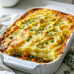 - 1 Tasse Linsen (grün oder braun), gründlich gewaschen - 2 Tassen Gemüsebrühe - 4 mittelgroße Kartoffeln, geschält und gewürfelt Die Hauptzutaten für diesen veganen Linsen Shepherd's Pie sind einfach zu finden. Linsen sind die Basis. Sie sind gesund und voller Protein. Gemüsebrühe bringt Geschmack und Feuchtigkeit. Kartoffeln sind der Star des Pürees. Sie geben die cremige Textur, die jeder liebt. - 1 große Zwiebel, fein gehackt - 2 Knoblauchzehen, zerdrückt - 2 Karotten, gewürfelt - 2 Selleriestangen, gewürfelt - 1 Tasse gefrorene Erbsen - 1 Teelöffel getrockneter Thymian - 1 Teelöffel getrockneter Rosmarin - 2 Esslöffel Tomatenmark - 1 Esslöffel Sojasauce oder Tamari - Salz und Pfeffer nach Geschmack - 1/4 Tasse pflanzliche Milch (Mandel-, Soja- oder Hafermilch) - 2 Esslöffel vegane Butter Für die aromatischen Zusätze verwende ich Zwiebel und Knoblauch. Sie bringen einen tollen Geschmack. Karotten und Sellerie machen die Füllung bunt und knackig. Die Erbsen sorgen für Süße. Thymian und Rosmarin geben ein warmes Aroma. Tomatenmark und Sojasauce fügen Tiefe hinzu. Diese Zutaten machen das Gericht zu einem echten Genuss. {{ingredient_image_2}} Um die Linsen vorzubereiten, gebe ich sie in einen mittelgroßen Topf. Ich kombiniere sie mit zwei Tassen Gemüsebrühe. Dann bringe ich alles zum Kochen. Nach dem Kochen reduziere ich die Hitze. Die Linsen köcheln für 20 bis 25 Minuten. Sie sind fertig, wenn sie weich sind. Am Ende gieße ich überschüssige Flüssigkeit ab. In einer großen Pfanne erhitze ich einen Spritzer Wasser oder etwas Gemüsebrühe. Ich füge die fein gehackte Zwiebel und zerdrückten Knoblauch hinzu. Diese brate ich für 3 bis 4 Minuten an, bis sie weich werden. Dann gebe ich die gewürfelten Karotten und Sellerie in die Pfanne. Ich koche alles für 5 bis 7 Minuten weiter, bis das Gemüse leicht weich ist. Jetzt ist es Zeit, die gekochten Linsen in die Gemüse-Mischung zu geben. Ich füge auch die gefrorenen Erbsen, getrockneten Thymian und Rosmarin hinzu. Tomatenmark und Sojasauce kommen ebenfalls dazu. Ich würze die Mischung mit Salz und Pfeffer. Dann vermenge ich alles gut und nehme die Pfanne von der Hitze. In einem separaten Topf bringe ich Wasser zum Kochen. Ich füge die gewürfelten Kartoffeln hinzu. Diese koche ich etwa 15 Minuten, bis sie zart sind. Ich gieße das Wasser ab. Danach stampfe ich die Kartoffeln in einer Schüssel. Ich füge pflanzliche Milch und vegane Butter hinzu. Schließlich würze ich mit Salz und Pfeffer. Ich heize den Ofen auf 200 °C vor. In einer Auflaufform verteile ich die Linsen- und Gemüsemischung gleichmäßig am Boden. Danach bedecke ich die Mischung mit dem Kartoffelpüree. Ich streiche alles mit einem Spatel glatt. Ich backe den Shepherd's Pie im vorgeheizten Ofen für 25 bis 30 Minuten. Die Oberseite sollte goldbraun sein und die Ränder leicht sprudeln. Nach dem Backen lasse ich das Gericht einige Minuten abkühlen. Dann kann ich es anrichten und genießen! - Auswahl der Linsen: Ich empfehle grüne oder braune Linsen für diesen Auflauf. Sie sind fest und behalten ihre Form gut beim Kochen. Vermeide rote Linsen, da sie schneller zerfallen. - Garzeit überprüfen: Koche die Linsen in Gemüsebrühe für 20-25 Minuten. Sie sollten weich, aber nicht matschig sein. Achte darauf, die Linsen während des Kochens zu probieren. - Variieren der pflanzlichen Milch: Du kannst Mandel-, Soja- oder Hafermilch verwenden. Jede Option gibt dem Püree einen anderen Geschmack. Experimentiere, um deine Lieblingskombination zu finden. - Hinzufügen von Gewürzen: Verfeinere das Püree mit etwas Knoblauchpulver oder Muskatnuss. Diese Gewürze bringen mehr Tiefe in das Gericht. Sei kreativ und passe die Gewürze nach deinem Geschmack an. - Beilagen und Salate: Serviere den Linsen Shepherd’s Pie mit einem frischen grünen Salat oder gedünstetem Gemüse. Das sorgt für eine schöne Balance. - Anrichten für besondere Anlässe: Verwende frische Kräuter wie Petersilie oder Schnittlauch zum Garnieren. Das sieht nicht nur schön aus, sondern schmeckt auch frisch. Stelle die Portionen auf einem schönen Teller an, um das Gericht hervorzuheben. Pro Tipps Kartoffeln für das Püree: Verwende mehlige Kartoffeln wie Russet oder Idaho für ein besonders cremiges Püree. Gewürze anpassen: Experimentiere mit zusätzlichen Gewürzen wie Paprika oder Kreuzkümmel, um dem Gericht eine besondere Note zu verleihen. Gemüsevariationen: Füge dein Lieblingsgemüse hinzu, wie Pilze oder Zucchini, um das Gericht noch nährstoffreicher zu gestalten. Vorbereitung im Voraus: Bereite die Linsen- und Gemüsemischung am Vortag zu und bewahre sie im Kühlschrank auf, um die Zubereitungszeit am Serviertag zu verkürzen. {{image_4}} Du kannst viele Gemüsesorten in deinem veganen Linsen Shepherd’s Pie verwenden. Karotten sind toll, aber auch Pastinaken oder Zucchini passen gut. Denke daran, Gemüse der Saison zu nutzen. Im Frühling sind Spargel und Erbsen frisch. Im Herbst sind Kürbis und Süßkartoffeln lecker. Diese saisonalen Zutaten geben deinem Gericht einen neuen Geschmack. Wenn du mehr Protein brauchst, füge Kichererbsen oder schwarze Bohnen hinzu. Diese Hülsenfrüchte sind nahrhaft und einfach zu kombinieren. Sie passen gut zu Linsen und machen das Gericht noch sättigender. Du kannst auch Tofu oder Tempeh einarbeiten, um die Eiweißquelle zu erweitern. So wird der Pie noch nahrhafter. Für eine würzige Note kannst du scharfe Gewürze nutzen. Paprika oder Cayennepfeffer geben deinem Gericht ein wenig Hitze. Wenn du es richtig scharf magst, füge etwas Chilisauce hinzu. Streue sie einfach über die Linsen-Mischung, bevor du das Kartoffelpüree hinzufügst. Diese kleinen Änderungen machen einen großen Unterschied im Geschmack. Um den veganen Linsen Shepherd's Pie frisch zu halten, lagere ihn richtig. Verwende luftdichte Behälter. Lege die Reste nach dem Abkühlen in den Kühlschrank. So bleibt der Geschmack erhalten. - Tipps zur optimalen Lagerung: Lass den Pie vor dem Lagern abkühlen. Schneide ihn in Portionen. Das hilft beim schnellen Servieren. - Haltbarkeit im Kühlschrank: Der Pie hält sich bis zu fünf Tage im Kühlschrank. Achte darauf, ihn gut abzudecken. Das Einfrieren ist eine tolle Möglichkeit, Reste zu sichern. So hast du immer eine schnelle Mahlzeit zur Hand. - Richtige Technik zum Einfrieren: Lass den Shepherd's Pie ganz abkühlen. Verwende gefriergeeignete Behälter oder Folie. Teile ihn in Portionen auf, das macht das Auftauen leichter. - Auftau- und Erwärmungstipps: Zum Auftauen lege den Pie über Nacht in den Kühlschrank. Erhitze ihn dann im Ofen bei 180 °C. So bleibt die Kruste knusprig und der Inhalt warm. Die Zubereitung dauert insgesamt etwa eine Stunde. Die Vorbereitungszeit beträgt 15 Minuten. Das Kochen der Linsen und das Backen im Ofen nehmen den Rest der Zeit in Anspruch. So kannst du schnell ein leckeres Gericht auf den Tisch bringen. Ja, du kannst verschiedene Linsen verwenden. Grüne oder braune Linsen sind am besten. Sie haben eine gute Textur und halten beim Kochen gut ihre Form. Rote Linsen sind auch möglich, aber sie werden weicher und breiiger. Das Rezept kann glutenfrei sein. Verwende einfach Tamari anstelle von Sojasauce. Achte darauf, dass deine anderen Zutaten ebenfalls glutenfrei sind. Es ist wichtig, die Etiketten zu lesen, um sicherzugehen. Um das Gericht würziger zu machen, kannst du verschiedene Gewürze hinzufügen. Paprika, Kreuzkümmel oder Chili sind gute Optionen. Du kannst auch frische Kräuter wie Petersilie oder Koriander verwenden. So gibst du deinem Gericht eine persönliche Note! Im Artikel haben wir die Hauptzutaten für den veganen Linsen Shepherd’s Pie vorgestellt. Ich habe erklärt, wie Sie Linsen kochen, Gemüse anbraten und alles zusammenfügen. Tipps für die perfekte Konsistenz des Pürees und Variationen des Gerichts wurden ebenfalls behandelt. Denken Sie daran, die Reste richtig zu lagern. Experimentieren Sie mit verschiedenen Gemüsesorten und Gewürzen. Viel Spaß beim Kochen und Genießen!