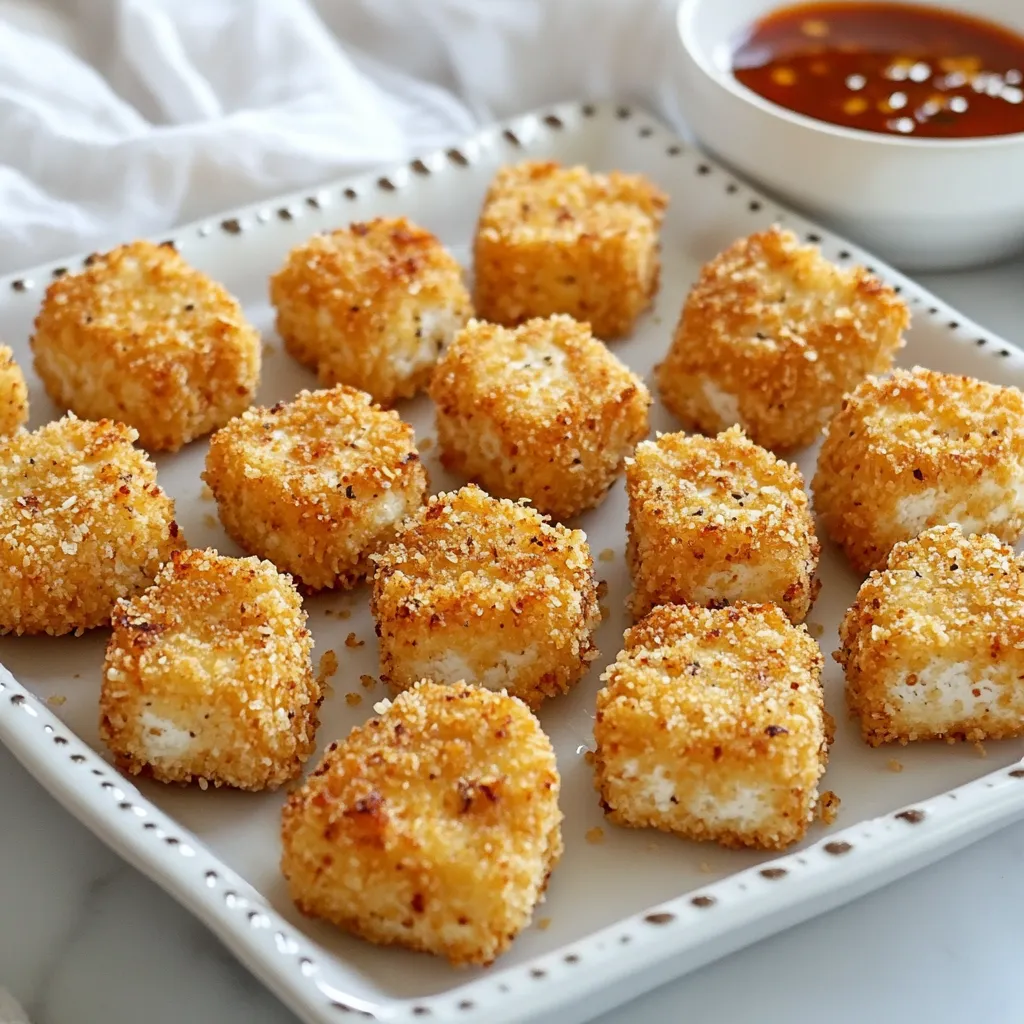 Die Hauptzutaten für die Tofu-Nuggets sind einfach und leicht zu finden. Du brauchst: - 400 g fester Tofu, gut abgetropft und gepresst - 120 g Maisstärke - 120 g Pankobrösel für extra Knusprigkeit - 2 Esslöffel Nährhefe - 1 Teelöffel Knoblauchpulver - 1 Teelöffel Zwiebelpulver - 1 Teelöffel geräuchertes Paprikapulver - 1/2 Teelöffel Salz - 1/4 Teelöffel schwarzer Pfeffer - 2 Esslöffel Sojasauce - 1 Esslöffel Ahornsirup - Kochspray Mit diesen Zutaten kannst du die perfekte Basis für deine Nuggets schaffen. Die Gewürze machen deine Nuggets besonders lecker. Ich benutze Nährhefe für einen herzhaften Geschmack. Auch Knoblauch- und Zwiebelpulver geben einen tollen Kick. Geräuchertes Paprikapulver sorgt für eine rauchige Note. Die Mischung aus Pankobröseln und Maisstärke gibt den Nuggets die gewünschte Knusprigkeit. Es gibt viele Möglichkeiten, die Zutaten zu variieren. Du kannst Tofu durch Seitan ersetzen, wenn du eine andere Textur möchtest. Für eine glutenfreie Option nutze glutenfreie Pankobrösel. Auch andere Gewürze wie Curry oder italienische Kräuter können Spaß machen. Experimentiere mit verschiedenen Dips, um neue Geschmäcker zu entdecken. {{ingredient_image_2}} Zuerst musst du den Tofu gut abtropfen und pressen. Das entfernt überschüssige Flüssigkeit. Schneide dann den Tofu in Würfel. Die Stücke sollten etwa 2,5 cm groß sein. So werden sie gleichmäßig gar. Jetzt kommt der spannende Teil: die Marinade. In einer Schüssel mische Sojasauce und Ahornsirup. Diese Mischung gibt dem Tofu einen tollen Geschmack. Lege die Tofuwürfel vorsichtig in die Marinade. Lass sie 10 bis 15 Minuten ziehen. Dadurch saugen sie die Aromen auf. Richte deine Panierstation ein. Nimm einen Teller mit Maisstärke. Auf einem anderen Teller mische Pankobrösel, Nährhefe, Knoblauchpulver, Zwiebelpulver, Paprikapulver, Salz und Pfeffer. Wälze jeden marinierten Tofu-Würfel zuerst in der Maisstärke. Tauche dann kurz in die Marinade zurück. Schließlich wälze die Stücke in der Bröselmischung. Drücke leicht, damit die Panade gut haftet. Heize deinen Luftfrittierer auf 200°C vor. Lege die Nuggets in einer Schicht in den Frittierer. Du kannst in mehreren Durchgängen arbeiten, wenn nötig. Besprühe die Nuggets leicht mit Kochspray. Das hilft, sie knusprig zu machen. Gare die Nuggets 12 bis 15 Minuten. Wende sie nach der Hälfte der Zeit vorsichtig. Sie sind fertig, wenn sie goldbraun und knusprig sind. Um die perfekte Knusprigkeit zu erreichen, ist die richtige Panade entscheidend. Hier sind einige Tipps: - Trockener Tofu: Stellen Sie sicher, dass Ihr Tofu gut abgetropft und gepresst ist. Feuchtigkeit macht ihn weich. - Maisstärke: Wälzen Sie den Tofu zuerst in Maisstärke. Das hilft, eine knusprige Schicht zu bilden. - Pankobrösel: Verwenden Sie Pankobrösel für eine extra knusprige Textur. Diese sind gröber als normale Brösel. - Kochspray: Besprühen Sie die Nuggets leicht mit Kochspray. Dies fördert die Goldbraunheit beim Luftfrittieren. Es gibt einige häufige Fehler, die die Knusprigkeit beeinträchtigen können: - Zu viele Nuggets auf einmal: Wenn Sie zu viele Nuggets auf einmal in den Luftfritter geben, können sie dampfen und nicht knusprig werden. Arbeiten Sie in kleinen Chargen. - Nicht genug Marinierzeit: Lassen Sie den Tofu mindestens 10-15 Minuten in der Marinade. So nehmen die Stücke den Geschmack besser auf. - Zu niedrige Temperatur: Stellen Sie sicher, dass der Luftfritter auf 200°C vorheizt. Eine zu niedrige Temperatur kann die Nuggets weich machen. Einige Geräte und Zubehörteile machen das Kochen leichter: - Luftfritteuse: Dies ist das wichtigste Gerät für knusprige Nuggets. - Küchenwaage: Eine Waage hilft Ihnen, die Zutaten genau zu messen. - Patisserie-Pinsel: Ein Pinsel eignet sich gut, um das Kochspray gleichmäßig aufzutragen. - Schalen: Verwenden Sie verschiedene Schalen für die Marinade und die Panade. So bleibt alles ordentlich. Pro Tips Tofu richtig pressen: Um überschüssige Flüssigkeit aus dem Tofu zu entfernen, verwenden Sie einen Tofu-Presser oder wickeln Sie den Tofu in ein sauberes Küchentuch und legen Sie ein schweres Objekt darauf. Dies verbessert die Textur und lässt die Marinade besser einziehen. Variationen der Panade: Experimentieren Sie mit verschiedenen Gewürzen und Kräutern in der Paniermischung, um den Geschmack anzupassen. Zum Beispiel können Sie italienische Gewürze oder sogar scharfen Paprika hinzufügen, um eine besondere Note zu erzielen. Für extra Knusprigkeit: Stellen Sie sicher, dass der Luftfritter gut vorgeheizt ist, bevor Sie die Nuggets hineingeben. Dies hilft, eine schöne goldene und knusprige Oberfläche zu erreichen. Ideal zum Vorbereiten: Diese Tofu-Nuggets lassen sich hervorragend im Voraus zubereiten. Bereiten Sie sie vor und frieren Sie sie ein, um sie später einfach im Luftfritter aufzuwärmen, wenn Sie einen schnellen Snack wünschen. {{image_4}} Um die Tofu-Nuggets spannend zu halten, können Sie mit den Gewürzen spielen. Hier sind einige Ideen: - Asiatische Note: Fügen Sie Sesamöl und Ingwerpulver hinzu. - Italienischer Flair: Verwenden Sie getrocknete Kräuter wie Oregano und Basilikum. - Scharfe Variante: Geben Sie etwas Cayennepfeffer oder Chilipulver in die Panade. - Kräuterig: Mischen Sie frische Petersilie oder Koriander in die Brösel. Jede dieser Variationen gibt den Nuggets einen neuen und aufregenden Geschmack. Experimentieren Sie, um Ihre Lieblingskombination zu finden! Die Tofu-Nuggets passen gut zu vielen vegetarischen Beilagen. Hier sind einige Ideen: - Gemüsesticks: Karotten, Sellerie und Paprika sind frisch und knackig. - Salate: Ein einfacher grüner Salat oder ein Nudelsalat ergänzen die Nuggets gut. - Reisgerichte: Servieren Sie sie mit gebratenem Reis oder Quinoa. - Kartoffeln: Süßkartoffelpüree oder Ofenkartoffeln sind tolle Beilagen. Diese Beilagen machen das Gericht bunt und nahrhaft. Sie bringen auch zusätzliche Texturen und Aromen auf den Teller. Dips sind der Schlüssel zu einem großartigen Snack. Hier sind meine Lieblingsdips für die Nuggets: - Süß-Chili-Sauce: Süß und leicht scharf, perfekt für Tofu. - Knoblauchsoße: Eine cremige Soße mit Joghurt und frischem Knoblauch. - Erdnusssoße: Reichhaltig und nussig, ideal für einen asiatischen Touch. - Ranch-Dressing: Cremig und herb, passt gut zu den knusprigen Nuggets. Jeder Dip bringt einen neuen Geschmack und macht das Essen aufregend. Lassen Sie Ihrer Kreativität freien Lauf und probieren Sie verschiedene Kombinationen! Lagere die Nugget-Reste in einem luftdichten Behälter. Lass die Nuggets auf Raumtemperatur abkühlen, bevor du sie verpackst. So bleibt die Knusprigkeit länger erhalten. Lege ein Papiertuch in den Behälter, um Feuchtigkeit zu absorbieren. Das hilft, die Nuggets knusprig zu halten. Um die Nuggets wieder aufzuwärmen, benutze den Luftfritter oder den Ofen. Heize den Luftfritter auf 180°C vor. Lege die Nuggets in einer einzigen Schicht hinein. So werden sie wieder knusprig. Du kannst auch etwas Kochspray verwenden, um die Knusprigkeit zu fördern. Im Kühlschrank halten sich die Nuggets etwa drei bis vier Tage. Im Gefrierfach kannst du sie bis zu drei Monate lagern. Achte darauf, die Nuggets gut einzupacken. Dadurch bleibt die Qualität erhalten. Vor dem Essen auftauen und dann wie oben beschrieben aufwärmen. Die Zubereitung der Nuggets dauert etwa 30 Minuten. Du benötigst 15 Minuten für die Vorbereitung und 12-15 Minuten zum Kochen. Das ist schnell! Du kannst sie einfach in der Luftfritteuse garen, während du die Beilagen vorbereitest. Ja, du kannst auch andere Proteinquellen ausprobieren. Verwende Seitan oder Tempeh für eine ähnliche Textur. Auch Blumenkohl oder Zucchini sind gute Alternativen. Diese Optionen bringen verschiedene Geschmäcker und Texturen in dein Gericht. Luftfrittierte Tofu-Nuggets sind viel gesünder als frittierte. Sie enthalten weniger Fett und Kalorien. Durch die Luftfritteuse sparst du Öl. Das macht sie leicht und knusprig. Außerdem bleiben die Nährstoffe des Tofus besser erhalten. Ja, die Nuggets sind vegan! Du verwendest nur pflanzliche Zutaten. Tofu, Sojasauce und die Gewürze sind alle pflanzlich. Das macht sie perfekt für vegane und vegetarische Ernährung. Genieße sie ohne Bedenken! In diesem Artikel haben Sie gelernt, wie man köstliche Tofu-Nuggets zubereitet. Wir haben die Hauptzutaten, die Schritt-für-Schritt-Anleitung und nützliche Tipps behandelt. Außerdem haben wir Variationen und Aufbewahrungsinformationen entdeckt. Mit diesen Informationen können Sie perfekt knusprige Nuggets zubereiten. Seien Sie kreativ mit den Gewürzen und Dips. So wird jeder Biss zum Genuss! Probieren Sie es aus und überzeugen Sie sich selbst von dieser einfachen, aber leckeren Idee.