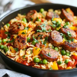 - 450 g Hähnchen- oder Putenwurst, in Scheiben geschnitten - 200 g Langkornreis - 1 mittlere Zwiebel, gewürfelt - 2 Knoblauchzehen, fein gehackt - 1 Paprika (jede Farbe), gewürfelt - 1 Dose (405 g) gehackte Tomaten, ungedrained - 500 ml Hühnerbrühe - 1 Teelöffel Paprika - 1/2 Teelöffel Kreuzkümmel - Salz und Pfeffer nach Geschmack - 150 g gefrorene Erbsen - 2 Esslöffel Olivenöl - Frische Petersilie, gehackt, zum Garnieren Die Hauptzutaten bilden die Basis für den Geschmack. Die Wurst bringt eine herzhafte Note. Der Reis nimmt die Aromen gut auf. Zwiebel und Knoblauch geben einen tollen Duft. Die Paprika sorgt für Farbe und Süße. Gehackte Tomaten fügen Saftigkeit hinzu. Hühnerbrühe verstärkt den Geschmack. - Chili-Flocken für etwas Schärfe - Frische Kräuter wie Thymian oder Rosmarin - Zitronensaft für Frische Diese optionalen Zutaten können den Geschmack weiter verbessern. Chili-Flocken bringen Würze. Frische Kräuter fügen Tiefe hinzu. Ein Spritzer Zitronensaft bringt Frische und Balance. - Hähnchen- oder Putenwurst: reich an Protein, wenig Fett - Langkornreis: gute Kohlenhydratquelle, liefert Energie - Paprika: hohe Menge an Vitamin C, gut für das Immunsystem - Erbsen: enthalten Ballaststoffe und Vitamine Die Nährstoffe in diesen Zutaten machen die Mahlzeit gesund. Protein hilft beim Muskelaufbau. Kohlenhydrate geben dir Energie. Vitamine unterstützen die Gesundheit. {{ingredient_image_2}} Zuerst müssen wir alle Zutaten sammeln und bereitstellen. Das macht den Kochprozess einfach und schnell. Hier sind die Zutaten, die du brauchst: - 450 g Hähnchen- oder Putenwurst, in Scheiben geschnitten - 200 g Langkornreis - 1 mittlere Zwiebel, gewürfelt - 2 Knoblauchzehen, fein gehackt - 1 Paprika (jede Farbe), gewürfelt - 1 Dose (405 g) gehackte Tomaten, ungedrained - 500 ml Hühnerbrühe - 1 Teelöffel Paprika - 1/2 Teelöffel Kreuzkümmel - Salz und Pfeffer nach Geschmack - 150 g gefrorene Erbsen - 2 Esslöffel Olivenöl - Frische Petersilie, gehackt, zum Garnieren Sobald du alles hast, kannst du mit dem Kochen beginnen. Erhitze das Olivenöl in einer großen Pfanne bei mittlerer Hitze. Füge die Wurstscheiben hinzu. Brate sie für etwa 5-7 Minuten, bis sie schön braun sind. Nimm die Wurst aus der Pfanne und lege sie zur Seite. Gib nun die gewürfelte Zwiebel und die Paprika in die Pfanne. Sautiere das Gemüse für etwa 3-4 Minuten, bis es weich wird. Füge den gehackten Knoblauch hinzu und brate ihn für 1 Minute, bis er gut riecht. Jetzt kommt der spannende Teil. Rühre den Reis, die gebratene Wurst, die gehackten Tomaten, die Hühnerbrühe, Paprika, Kreuzkümmel, Salz und Pfeffer ein. Lass alles aufkochen. Wenn es kocht, reduziere die Hitze auf niedrig. Decke die Pfanne ab und lasse alles 20 Minuten köcheln. Der Reis saugt dann die Flüssigkeit auf und wird zart. Nach 20 Minuten rühre die gefrorenen Erbsen ein. Decke die Pfanne erneut ab und lasse die Erbsen für 5 Minuten auftauen. Nehme die Pfanne vom Herd. Lockere den Reis mit einer Gabel auf. Jetzt kannst du die Pfanne anrichten. Gib die Ein-Pfannen-Wurst- und Reis-Pfanne in Schalen oder auf Teller. Garniere das Gericht mit frischer, gehackter Petersilie. Das sieht nicht nur toll aus, es schmeckt auch lecker! Du wirst es lieben! Um die Ein-Pfannen-Wurst und Reis Pfanne perfekt zuzubereiten, gibt es einige wichtige Tipps. - Wurst anbraten: Brate die Wurst gut an. Das gibt viel Geschmack. - Frisches Gemüse: Nutze frisches Gemüse für mehr Aroma. Paprika und Zwiebel sind ideal. - Reis richtig kochen: Achte darauf, den Reis nicht zu oft zu rühren. So bleibt er locker. - Hühnerbrühe verwenden: Nutze eine gute Hühnerbrühe. Sie macht das Gericht reichhaltiger. Viele machen Fehler bei der Zubereitung. Hier sind Tipps, um sie zu vermeiden: - Zu hohe Hitze: Koche bei mittlerer Hitze. Zu hohe Hitze kann das Gemüse verbrennen. - Unzureichendes Abdecken: Decke die Pfanne immer ab, wenn du köchelst. So bleibt die Feuchtigkeit drin. - Zu wenig Würze: Schmecke das Gericht ab. Salz und Pfeffer sind wichtig für den Geschmack. - Reis zu lange kochen: Koche den Reis nicht zu lange. Er sollte weich, aber nicht matschig sein. Zu dieser Wurst und Reis Pfanne passen tolle Beilagen und Getränke: - Beilagen: Ein frischer Salat ergänzt das Gericht gut. Auch Brot passt super dazu. - Getränke: Ein kaltes Bier oder ein leichter Weißwein sind ideale Begleiter. Sie passen gut zum herzhaften Geschmack. - Dessert: Ein leichtes Dessert, wie frisches Obst, rundet das Essen ab. Pro Tipps Wurstwahl: Verwenden Sie eine Mischung aus Hähnchen- und Putenwurst für ein ausgewogenes Geschmacksprofil und eine leichtere Mahlzeit. Reis richtig garen: Achten Sie darauf, den Reis nicht zu lange zu kochen, damit er schön körnig bleibt und nicht matschig wird. Gemüse variieren: Experimentieren Sie mit verschiedenen Gemüsesorten wie Zucchini oder Karotten für zusätzlichen Geschmack und Nährstoffe. Garnierung: Frische Kräuter wie Petersilie oder Basilikum verleihen dem Gericht nicht nur Farbe, sondern auch eine frische Note. {{image_4}} Wenn Sie eine vegetarische oder vegane Option suchen, können Sie die Wurst einfach ersetzen. Statt Hähnchen- oder Putenwurst verwenden Sie eine pflanzliche Wurst. Es gibt viele tolle Marken auf dem Markt. Achten Sie darauf, dass sie gut gewürzt sind. Tofu oder Tempeh können auch eine gute Wahl sein. Diese Proteine nehmen den Geschmack der Gewürze gut auf. Die Gewürze machen den Unterschied. Sie können mit Paprika und Kreuzkümmel beginnen. Fügen Sie dann eine Prise Cayennepfeffer für etwas Schärfe hinzu. Oder probieren Sie italienische Kräuter wie Oregano und Basilikum aus. Diese geben dem Gericht einen anderen Twist. Auch ein wenig Zitronensaft am Ende kann frische Aromen bringen. Saisonales Gemüse bringt Farbe und Nährstoffe. Im Frühling können Sie Spargel oder Zucchini hinzufügen. Im Sommer passen frische Tomaten oder Bohnen gut. Im Herbst sind Kürbis und Pilze eine tolle Ergänzung. Diese Variationen machen das Rezept vielseitig und spannend. Experimentieren Sie mit dem, was gerade verfügbar ist. Um Reste der Ein-Pfannen-Wurst- und Reis-Pfanne gut zu lagern, sollten Sie sie zuerst abkühlen lassen. Verwenden Sie dann einen luftdichten Behälter. Achten Sie darauf, dass der Behälter nicht zu voll ist, damit die Luft zirkulieren kann. Sie können die Reste auch in Portionen aufteilen. So ist das Aufwärmen später viel einfacher. Beschriften Sie den Behälter mit dem Datum. So wissen Sie, wann Sie die Reste gemacht haben. Sie können die Reste auf verschiedene Arten aufwärmen. Die beste Methode ist, die Pfanne wieder auf den Herd zu stellen. Fügen Sie einen Spritzer Hühnerbrühe oder Wasser hinzu, um das Gericht feucht zu halten. Erhitzen Sie es bei mittlerer Hitze und rühren Sie gelegentlich um. Das dauert etwa 10 bis 15 Minuten. Alternativ können Sie die Reste auch in der Mikrowelle aufwärmen. Stellen Sie die Mikrowelle auf mittlere Leistung und erwärmen Sie das Gericht in 1-Minuten-Intervallen. Vergessen Sie nicht, es zwischendurch umzurühren. Im Kühlschrank bleibt die Ein-Pfannen-Wurst- und Reis-Pfanne etwa 3 bis 4 Tage frisch. Achten Sie darauf, sie gut abzudecken. Wenn Sie die Reste länger aufbewahren möchten, können Sie sie einfrieren. In einem luftdichten Behälter oder einem Gefrierbeutel hält es sich bis zu 3 Monate. Zum Auftauen legen Sie die gefrorene Portion einfach über Nacht in den Kühlschrank. So bleibt der Geschmack frisch und lecker. Um die Konsistenz des Reises zu verbessern, gibt es einfache Tipps. Verwende frischen Reis, da dieser weniger klebrig ist. Spüle den Reis unter kaltem Wasser ab. Das entfernt überschüssige Stärke. Du kannst auch die Menge an Hühnerbrühe anpassen. Zu viel Flüssigkeit macht den Reis matschig. Achte darauf, den Reis während des Kochens nicht zu oft umzurühren. Das verhindert, dass der Reis zerbricht. Ja, du kannst dieses Rezept im Voraus zubereiten. Koche die Pfanne wie beschrieben und lasse sie abkühlen. Teile die Portionen in luftdichte Behälter auf. Du kannst die Pfanne bis zu drei Tage im Kühlschrank aufbewahren. Wenn du sie später essen möchtest, erwärme sie auf dem Herd oder in der Mikrowelle. Achte darauf, die Pfanne gut durchzuwärmen, damit alles heiß ist. Es gibt viele tolle Alternativen zur Hähnchen- oder Putenwurst. Du kannst Rinderwurst oder Schweinswurst ausprobieren. Veggie-Würste sind ebenfalls eine gute Wahl. Diese sind oft aus Soja oder Gemüse gemacht. Wenn du etwas ganz anderes möchtest, probiere Chorizo für einen würzigen Kick. Jede dieser Optionen bringt ihren eigenen Geschmack in die Pfanne. In diesem Artikel haben wir die wichtigsten Zutaten für die Ein-Pfannen-Wurst- und Reis-Pfanne besprochen. Wir haben auch gesehen, wie man sie zubereitet und anrichtet. Tipps zum Vermeiden häufiger Fehler und leckere Variationen wurden ebenfalls vorgestellt. Nehmt die Ratschläge zur Aufbewahrung ernst, um Reste frisch zu halten. Ihr könnt dieses Gericht leicht anpassen und genießen. Probiert es aus und entdeckt die Möglichkeiten!