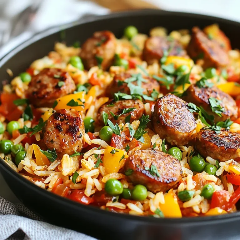 - 450 g Hähnchen- oder Putenwurst, in Scheiben geschnitten - 200 g Langkornreis - 1 mittlere Zwiebel, gewürfelt - 2 Knoblauchzehen, fein gehackt - 1 Paprika (jede Farbe), gewürfelt - 1 Dose (405 g) gehackte Tomaten, ungedrained - 500 ml Hühnerbrühe - 1 Teelöffel Paprika - 1/2 Teelöffel Kreuzkümmel - Salz und Pfeffer nach Geschmack - 150 g gefrorene Erbsen - 2 Esslöffel Olivenöl - Frische Petersilie, gehackt, zum Garnieren Die Hauptzutaten bilden die Basis für den Geschmack. Die Wurst bringt eine herzhafte Note. Der Reis nimmt die Aromen gut auf. Zwiebel und Knoblauch geben einen tollen Duft. Die Paprika sorgt für Farbe und Süße. Gehackte Tomaten fügen Saftigkeit hinzu. Hühnerbrühe verstärkt den Geschmack. - Chili-Flocken für etwas Schärfe - Frische Kräuter wie Thymian oder Rosmarin - Zitronensaft für Frische Diese optionalen Zutaten können den Geschmack weiter verbessern. Chili-Flocken bringen Würze. Frische Kräuter fügen Tiefe hinzu. Ein Spritzer Zitronensaft bringt Frische und Balance. - Hähnchen- oder Putenwurst: reich an Protein, wenig Fett - Langkornreis: gute Kohlenhydratquelle, liefert Energie - Paprika: hohe Menge an Vitamin C, gut für das Immunsystem - Erbsen: enthalten Ballaststoffe und Vitamine Die Nährstoffe in diesen Zutaten machen die Mahlzeit gesund. Protein hilft beim Muskelaufbau. Kohlenhydrate geben dir Energie. Vitamine unterstützen die Gesundheit. {{ingredient_image_2}} Zuerst müssen wir alle Zutaten sammeln und bereitstellen. Das macht den Kochprozess einfach und schnell. Hier sind die Zutaten, die du brauchst: - 450 g Hähnchen- oder Putenwurst, in Scheiben geschnitten - 200 g Langkornreis - 1 mittlere Zwiebel, gewürfelt - 2 Knoblauchzehen, fein gehackt - 1 Paprika (jede Farbe), gewürfelt - 1 Dose (405 g) gehackte Tomaten, ungedrained - 500 ml Hühnerbrühe - 1 Teelöffel Paprika - 1/2 Teelöffel Kreuzkümmel - Salz und Pfeffer nach Geschmack - 150 g gefrorene Erbsen - 2 Esslöffel Olivenöl - Frische Petersilie, gehackt, zum Garnieren Sobald du alles hast, kannst du mit dem Kochen beginnen. Erhitze das Olivenöl in einer großen Pfanne bei mittlerer Hitze. Füge die Wurstscheiben hinzu. Brate sie für etwa 5-7 Minuten, bis sie schön braun sind. Nimm die Wurst aus der Pfanne und lege sie zur Seite. Gib nun die gewürfelte Zwiebel und die Paprika in die Pfanne. Sautiere das Gemüse für etwa 3-4 Minuten, bis es weich wird. Füge den gehackten Knoblauch hinzu und brate ihn für 1 Minute, bis er gut riecht. Jetzt kommt der spannende Teil. Rühre den Reis, die gebratene Wurst, die gehackten Tomaten, die Hühnerbrühe, Paprika, Kreuzkümmel, Salz und Pfeffer ein. Lass alles aufkochen. Wenn es kocht, reduziere die Hitze auf niedrig. Decke die Pfanne ab und lasse alles 20 Minuten köcheln. Der Reis saugt dann die Flüssigkeit auf und wird zart. Nach 20 Minuten rühre die gefrorenen Erbsen ein. Decke die Pfanne erneut ab und lasse die Erbsen für 5 Minuten auftauen. Nehme die Pfanne vom Herd. Lockere den Reis mit einer Gabel auf. Jetzt kannst du die Pfanne anrichten. Gib die Ein-Pfannen-Wurst- und Reis-Pfanne in Schalen oder auf Teller. Garniere das Gericht mit frischer, gehackter Petersilie. Das sieht nicht nur toll aus, es schmeckt auch lecker! Du wirst es lieben! Um die Ein-Pfannen-Wurst und Reis Pfanne perfekt zuzubereiten, gibt es einige wichtige Tipps. - Wurst anbraten: Brate die Wurst gut an. Das gibt viel Geschmack. - Frisches Gemüse: Nutze frisches Gemüse für mehr Aroma. Paprika und Zwiebel sind ideal. - Reis richtig kochen: Achte darauf, den Reis nicht zu oft zu rühren. So bleibt er locker. - Hühnerbrühe verwenden: Nutze eine gute Hühnerbrühe. Sie macht das Gericht reichhaltiger. Viele machen Fehler bei der Zubereitung. Hier sind Tipps, um sie zu vermeiden: - Zu hohe Hitze: Koche bei mittlerer Hitze. Zu hohe Hitze kann das Gemüse verbrennen. - Unzureichendes Abdecken: Decke die Pfanne immer ab, wenn du köchelst. So bleibt die Feuchtigkeit drin. - Zu wenig Würze: Schmecke das Gericht ab. Salz und Pfeffer sind wichtig für den Geschmack. - Reis zu lange kochen: Koche den Reis nicht zu lange. Er sollte weich, aber nicht matschig sein. Zu dieser Wurst und Reis Pfanne passen tolle Beilagen und Getränke: - Beilagen: Ein frischer Salat ergänzt das Gericht gut. Auch Brot passt super dazu. - Getränke: Ein kaltes Bier oder ein leichter Weißwein sind ideale Begleiter. Sie passen gut zum herzhaften Geschmack. - Dessert: Ein leichtes Dessert, wie frisches Obst, rundet das Essen ab. Pro Tipps Wurstwahl: Verwenden Sie eine Mischung aus Hähnchen- und Putenwurst für ein ausgewogenes Geschmacksprofil und eine leichtere Mahlzeit. Reis richtig garen: Achten Sie darauf, den Reis nicht zu lange zu kochen, damit er schön körnig bleibt und nicht matschig wird. Gemüse variieren: Experimentieren Sie mit verschiedenen Gemüsesorten wie Zucchini oder Karotten für zusätzlichen Geschmack und Nährstoffe. Garnierung: Frische Kräuter wie Petersilie oder Basilikum verleihen dem Gericht nicht nur Farbe, sondern auch eine frische Note. {{image_4}} Wenn Sie eine vegetarische oder vegane Option suchen, können Sie die Wurst einfach ersetzen. Statt Hähnchen- oder Putenwurst verwenden Sie eine pflanzliche Wurst. Es gibt viele tolle Marken auf dem Markt. Achten Sie darauf, dass sie gut gewürzt sind. Tofu oder Tempeh können auch eine gute Wahl sein. Diese Proteine nehmen den Geschmack der Gewürze gut auf. Die Gewürze machen den Unterschied. Sie können mit Paprika und Kreuzkümmel beginnen. Fügen Sie dann eine Prise Cayennepfeffer für etwas Schärfe hinzu. Oder probieren Sie italienische Kräuter wie Oregano und Basilikum aus. Diese geben dem Gericht einen anderen Twist. Auch ein wenig Zitronensaft am Ende kann frische Aromen bringen. Saisonales Gemüse bringt Farbe und Nährstoffe. Im Frühling können Sie Spargel oder Zucchini hinzufügen. Im Sommer passen frische Tomaten oder Bohnen gut. Im Herbst sind Kürbis und Pilze eine tolle Ergänzung. Diese Variationen machen das Rezept vielseitig und spannend. Experimentieren Sie mit dem, was gerade verfügbar ist. Um Reste der Ein-Pfannen-Wurst- und Reis-Pfanne gut zu lagern, sollten Sie sie zuerst abkühlen lassen. Verwenden Sie dann einen luftdichten Behälter. Achten Sie darauf, dass der Behälter nicht zu voll ist, damit die Luft zirkulieren kann. Sie können die Reste auch in Portionen aufteilen. So ist das Aufwärmen später viel einfacher. Beschriften Sie den Behälter mit dem Datum. So wissen Sie, wann Sie die Reste gemacht haben. Sie können die Reste auf verschiedene Arten aufwärmen. Die beste Methode ist, die Pfanne wieder auf den Herd zu stellen. Fügen Sie einen Spritzer Hühnerbrühe oder Wasser hinzu, um das Gericht feucht zu halten. Erhitzen Sie es bei mittlerer Hitze und rühren Sie gelegentlich um. Das dauert etwa 10 bis 15 Minuten. Alternativ können Sie die Reste auch in der Mikrowelle aufwärmen. Stellen Sie die Mikrowelle auf mittlere Leistung und erwärmen Sie das Gericht in 1-Minuten-Intervallen. Vergessen Sie nicht, es zwischendurch umzurühren. Im Kühlschrank bleibt die Ein-Pfannen-Wurst- und Reis-Pfanne etwa 3 bis 4 Tage frisch. Achten Sie darauf, sie gut abzudecken. Wenn Sie die Reste länger aufbewahren möchten, können Sie sie einfrieren. In einem luftdichten Behälter oder einem Gefrierbeutel hält es sich bis zu 3 Monate. Zum Auftauen legen Sie die gefrorene Portion einfach über Nacht in den Kühlschrank. So bleibt der Geschmack frisch und lecker. Um die Konsistenz des Reises zu verbessern, gibt es einfache Tipps. Verwende frischen Reis, da dieser weniger klebrig ist. Spüle den Reis unter kaltem Wasser ab. Das entfernt überschüssige Stärke. Du kannst auch die Menge an Hühnerbrühe anpassen. Zu viel Flüssigkeit macht den Reis matschig. Achte darauf, den Reis während des Kochens nicht zu oft umzurühren. Das verhindert, dass der Reis zerbricht. Ja, du kannst dieses Rezept im Voraus zubereiten. Koche die Pfanne wie beschrieben und lasse sie abkühlen. Teile die Portionen in luftdichte Behälter auf. Du kannst die Pfanne bis zu drei Tage im Kühlschrank aufbewahren. Wenn du sie später essen möchtest, erwärme sie auf dem Herd oder in der Mikrowelle. Achte darauf, die Pfanne gut durchzuwärmen, damit alles heiß ist. Es gibt viele tolle Alternativen zur Hähnchen- oder Putenwurst. Du kannst Rinderwurst oder Schweinswurst ausprobieren. Veggie-Würste sind ebenfalls eine gute Wahl. Diese sind oft aus Soja oder Gemüse gemacht. Wenn du etwas ganz anderes möchtest, probiere Chorizo für einen würzigen Kick. Jede dieser Optionen bringt ihren eigenen Geschmack in die Pfanne. In diesem Artikel haben wir die wichtigsten Zutaten für die Ein-Pfannen-Wurst- und Reis-Pfanne besprochen. Wir haben auch gesehen, wie man sie zubereitet und anrichtet. Tipps zum Vermeiden häufiger Fehler und leckere Variationen wurden ebenfalls vorgestellt. Nehmt die Ratschläge zur Aufbewahrung ernst, um Reste frisch zu halten. Ihr könnt dieses Gericht leicht anpassen und genießen. Probiert es aus und entdeckt die Möglichkeiten!