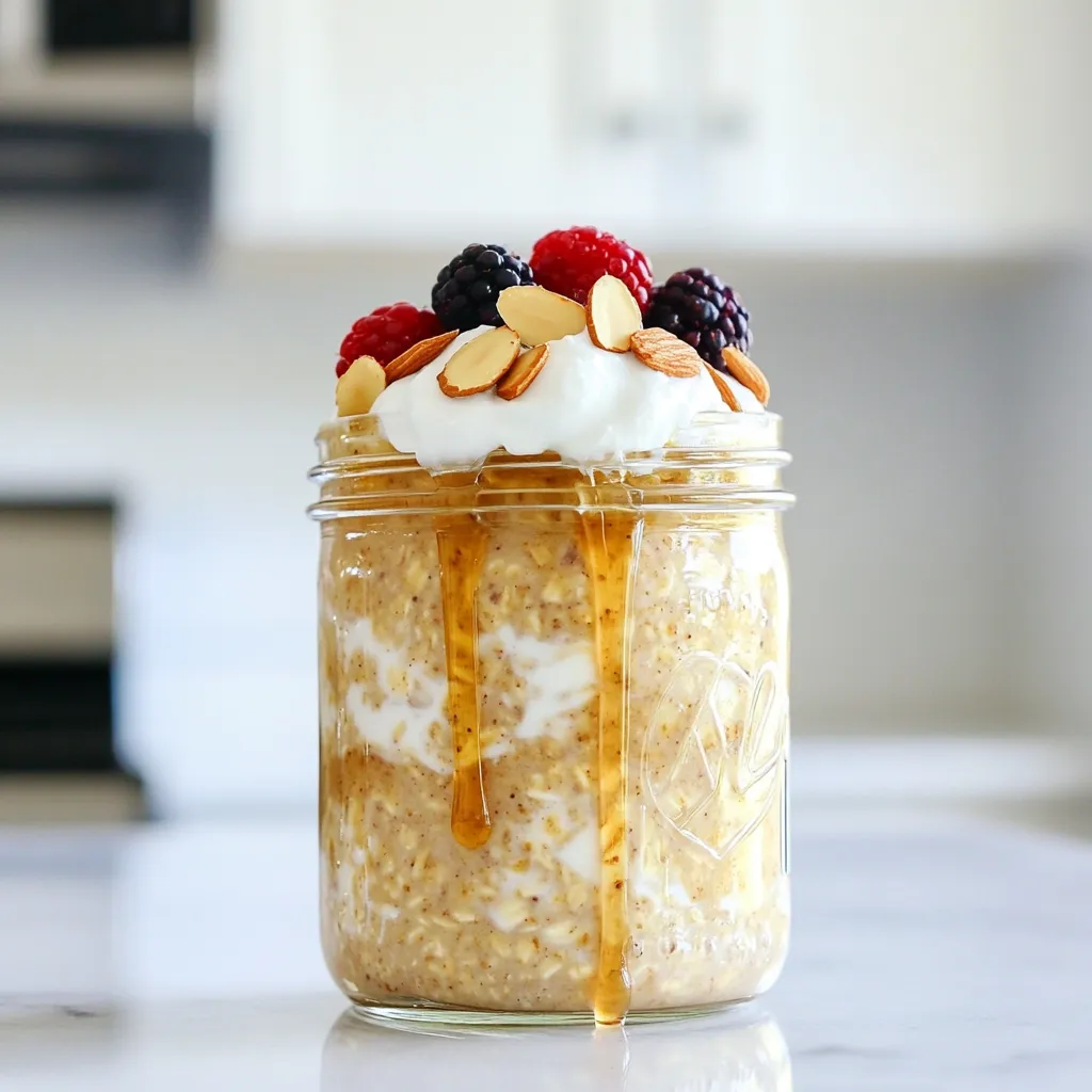 Für Ahorn-Chai Übernacht-Oats brauche ich folgende Zutaten: - 1 Tasse Haferflocken (gerollt) - 1 ½ Tassen Mandelmilch (oder Milch nach Wahl) - 2 Esslöffel Ahornsirup - 1 Teelöffel Chai-Gewürzmischung (oder eine Mischung aus Zimt, Ingwer, Kardamom und Nelken) - ½ Teelöffel Vanilleextrakt - ½ Tasse griechischer Joghurt (oder eine milchfreie Alternative) - 1 Esslöffel Chiasamen - Eine Prise Salz - Geschnittene Mandeln und frische Früchte (wie Bananen oder Beeren) für das Topping Du kannst die Haferflocken durch glutenfreie Optionen ersetzen. Statt Mandelmilch kann auch Hafer- oder Sojamilch verwendet werden. Bei der Chai-Gewürzmischung kannst du selbst eine Mischung aus Zimt, Ingwer, Kardamom und Nelken machen. Wenn du keinen griechischen Joghurt magst, probiere Kokos- oder Sojajoghurt. Achte darauf, bei jeder Substitution die Mengen anzupassen. Die Haferflocken bieten Ballaststoffe, die gut für die Verdauung sind. Chiasamen sind reich an Omega-3-Fettsäuren und Antioxidantien. Mandelmilch hat weniger Kalorien als Kuhmilch und ist laktosefrei. Ahornsirup gibt dir natürliche Süße und enthält Mineralien. Joghurt liefert Probiotika, die gut für deine Gesundheit sind. Frisches Obst bringt Vitamine und Frische. Um die Grundmischung für die Ahorn-Chai Übernacht-Oats zu machen, brauchst du eine große Schüssel. Gib zuerst die Haferflocken hinein. Dann füge die Mandelmilch, den Ahornsirup und die Chai-Gewürzmischung hinzu. Das ist eine tolle Kombination! Vergiss nicht den Vanilleextrakt. Danach kommt der griechische Joghurt und die Chiasamen. Eine Prise Salz macht das Ganze noch besser. Rühre alles gut um, bis die Haferflocken die Flüssigkeit aufnehmen. Es sollte eine gleichmäßige Mischung sein. Jetzt kommt der spannende Teil: das Einfüllen! Nimm ein Mason-Glas oder einen anderen luftdichten Behälter. Verteile die Mischung gleichmäßig auf die Gläser. Achte darauf, dass die Gläser nur bis zur Hälfte gefüllt sind. So bleibt Platz für die Haferflocken, die aufquellen. Schließe die Behälter gut, damit nichts ausläuft. Um die besten Ergebnisse zu erzielen, stelle die gefüllten Behälter in den Kühlschrank. Lass sie dort mindestens vier Stunden oder über Nacht stehen. Das gibt den Haferflocken Zeit, weich zu werden. Am Morgen rühre die Oats gut um. Wenn sie zu dick sind, füge mehr Mandelmilch hinzu. Das macht sie cremiger und leckerer. So hast du den perfekten Start in den Tag! Maple Chai Overnight Oats sind super für Meal Prep. Bereiten Sie eine große Menge zu. Sie können die Oats in Mason-Gläsern aufbewahren. So haben Sie ein schnelles Frühstück bereit. Sie können die Behälter für bis zu fünf Tage im Kühlschrank lagern. Das spart Zeit an hektischen Morgen. Sie können die Oats einfach anpassen. Fügen Sie frische Früchte wie Beeren oder Bananen hinzu. Für mehr Crunch, probieren Sie Nüsse oder Samen. Wenn Sie es süßer mögen, geben Sie mehr Ahornsirup dazu. Sie können auch andere Gewürze verwenden, wie Zimt oder Muskatnuss. So bleibt jede Portion spannend und lecker. Ein häufiger Fehler ist, zu wenig Flüssigkeit hinzuzufügen. Die Haferflocken brauchen genug Flüssigkeit, um weich zu werden. Wenn die Mischung zu dick wird, fügen Sie einfach etwas mehr Mandelmilch hinzu. Ein weiterer Fehler ist, die Oats nicht lange genug im Kühlschrank zu lassen. Lassen Sie sie mindestens vier Stunden quellen. So schmecken sie am besten. {{image_4}} Du kannst deine Ahorn-Chai Übernacht-Oats leicht anpassen. Probiere andere Gewürze wie Kurkuma oder Muskatnuss. Füge einen Esslöffel Kakao hinzu für eine schokoladige Note. Wenn du es fruchtiger magst, mische pürierte Früchte wie Äpfel oder Birnen unter. Sie geben deinen Oats eine süße, frische Note. Für eine vegane Version nutze pflanzliche Zutaten. Ersetze den griechischen Joghurt durch Soja- oder Kokosjoghurt. Almondmilch ist schon vegan, aber du kannst auch Hafer- oder Reis-Milch verwenden. Der Ahornsirup bleibt eine tolle, natürliche Süße. Achte darauf, dass alle Zutaten pflanzlich sind. Die Toppings machen viel aus! Geschnittene Mandeln fügen einen tollen Crunch hinzu. Frische Früchte wie Bananen oder Beeren bringen Farbe und Geschmack. Du kannst auch Honig oder Nussbutter drüber geben. Experimentiere mit verschiedenen Kombinationen, um deine perfekte Mischung zu finden! Um die Ahorn-Chai Übernacht-Oats frisch zu halten, lege sie in luftdichte Behälter. Mason-Gläser sind perfekt dafür. Sie sind leicht zu verschließen und sehen schön aus. Achte darauf, die Behälter gut zu verschließen. So bleibt die Mischung lange lecker. Die Oats halten sich gut im Kühlschrank. Du kannst sie bis zu fünf Tage aufbewahren. Sie werden mit der Zeit noch besser, da die Aromen ziehen. Wenn du die Oats länger aufbewahren möchtest, überprüfe immer den Geruch und das Aussehen. Wenn sie komisch riechen oder anders aussehen, wirf sie weg. Du kannst die Oats auch einfrieren. Teile die Mischung in Portionen auf und lege sie in einen Gefrierbeutel. Achte darauf, die Luft rauszudrücken, bevor du sie schließt. So bleiben die Oats bis zu drei Monate frisch. Wenn du sie essen möchtest, lasse sie einfach über Nacht im Kühlschrank auftauen. Du kannst sie dann warm machen oder kalt genießen. Übernacht-Oats können bis zu fünf Tage im Kühlschrank aufbewahrt werden. Es ist wichtig, sie in einem luftdichten Behälter zu lagern. So bleiben sie frisch und lecker. Nach ein paar Tagen könnten die Oats weicher werden, aber sie sind noch sicher zu essen. Achte darauf, sie gut durchzurühren, bevor du sie genießt. Ja, du kannst die Haferflocken warm servieren! Wenn du warme Oats magst, erwärme sie einfach in der Mikrowelle. Füge etwas mehr Mandelmilch hinzu, um die gewünschte Konsistenz zu erreichen. So werden die Aromen der Chai-Gewürze und des Ahornsirups noch intensiver. Übernacht-Oats sind sehr gesund. Sie enthalten Ballaststoffe, die gut für die Verdauung sind. Außerdem bieten sie Proteine, die dir helfen, den Tag gut zu starten. Die Chiasamen sind reich an Omega-3-Fettsäuren. Die Mandeln bringen gesunde Fette und Vitamine. Diese Mischung macht deine Mahlzeit nahrhaft und sättigend. Die Zutaten für Übernacht-Oats sind vielseitig und gesund. Diese Mischung bietet viele Vorteile für deinen Körper. Die Schritt-für-Schritt-Anleitung macht die Zubereitung einfach und schnell. Mit unseren Tipps und Tricks kannst du deine Oats anpassen und häufige Fehler vermeiden. Denke daran, kreative Variationen auszuprobieren und deine Oats richtig zu lagern. Dies erhöht die Frische und den Geschmack. Übernacht-Oats sind eine tolle Wahl für jeden Tag. Sie sind nahrhaft und passen zu jedem Geschmack. Jetzt liegt es an dir, sie auszuprobieren!