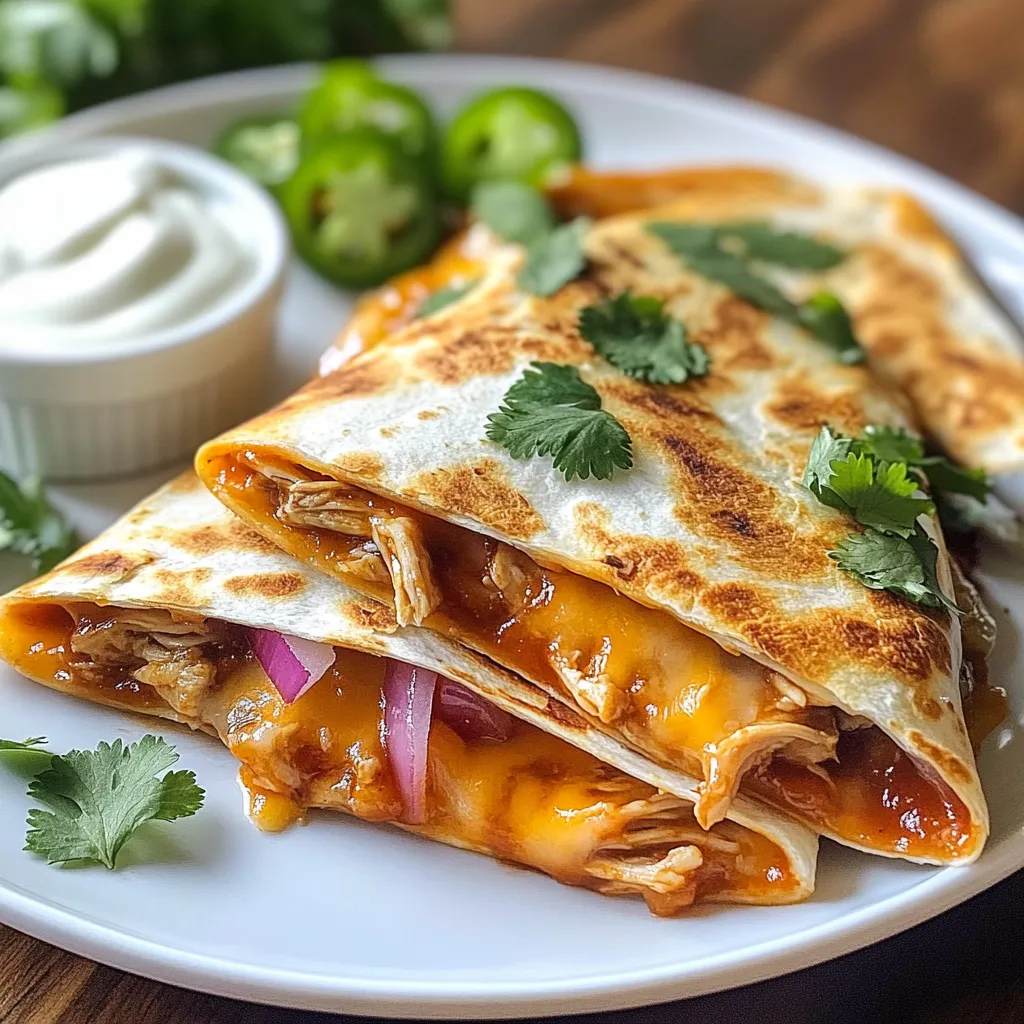 - 2 Tassen gekochtes Hühnerfleisch, zerrissen - 1 Tasse BBQ-Sauce - 1 Tasse geriebener Cheddar-Käse - 1 Tasse geriebener Mozzarella-Käse - 4 große Tortillas aus Weizenmehl - 1 kleine rote Zwiebel, dünn geschnitten - 1 Paprika (jede Farbe), dünn geschnitten - 2 Esslöffel Olivenöl - 1 Esslöffel frischer Koriander, gehackt (zum Garnieren) - Sauerrahm (zum Servieren) - Jalapeño-Scheiben (optional, für zusätzliche Schärfe) Ich wähle gerne frische Zutaten. Das macht den Geschmack einfach besser. Gekochtes Hühnerfleisch ist die Basis. Es muss zerrissen werden, damit es sich gut mit der BBQ-Sauce vermengen kann. Ich benutze eine Mischung aus Cheddar und Mozzarella. Diese Käsesorten schmelzen gut und geben einen tollen Geschmack. Die Tortillas sind wichtig. Ich bevorzuge große Weizentortillas, da sie stabil sind. Zwiebeln und Paprika bringen Frische und Farbe. Sie machen das Gericht interessanter. Olivenöl sorgt für einen schönen Bratgeschmack. Frischer Koriander verleiht den Quesadillas einen besonderen Kick. Sauerrahm ist ein toller Dip. Die Jalapeños können für etwas Schärfe sorgen. So bekommt jeder einen Biss, der ihm schmeckt. {{ingredient_image_2}} - Mische das zerrissene Hühnerfleisch mit der BBQ-Sauce in einer großen Schüssel. - Stelle sicher, dass das Hühnerfleisch gut mit der Sauce bedeckt ist. - Beiseite stellen, damit die Aromen sich verbinden können. - Erhitze das Olivenöl in einer Pfanne bei mittlerer Hitze. - Füge die dünn geschnittene Zwiebel und Paprika hinzu. - Brate das Gemüse für etwa 3-4 Minuten, bis es weich ist. - Nimm das Gemüse aus der Pfanne und lasse es abkühlen. - Lege eine Tortilla in die Pfanne. - Belege die Hälfte der Tortilla mit der BBQ-Hühnermischung. - Füge die angebratenen Zwiebeln und Paprika hinzu. - Streue die Hälfte des Cheddar- und Mozzarella-Käses darüber. - Klappe die Tortilla in der Mitte zusammen und brate sie 2-3 Minuten. - Überwache die Temperatur, bis die Unterseite goldbraun ist. - Drehe die Quesadilla vorsichtig um und brate die andere Seite 2-3 Minuten. - Nimm die Quesadilla aus der Pfanne und lasse sie eine Minute ruhen. - Schneide die Quesadilla in Wedges und wiederhole den Vorgang mit den restlichen Zutaten. - Goldbraun und knusprig halten: Achte darauf, die Tortilla bei mittlerer Hitze zu braten. So wird sie goldbraun und knusprig. Zu hohe Hitze kann sie verbrennen, bevor der Käse schmilzt. Drehe die Quesadilla sorgfältig um, um beide Seiten gleichmäßig zu braten. - Käse gleichmäßig schmelzen lassen: Verwende eine Mischung aus Cheddar und Mozzarella. Diese Kombination schmilzt gut und sorgt für den perfekten Käsegeschmack. Streue den Käse gleichmäßig über die Füllung, damit er überall schmilzt. - Zu viel Füllung vermeiden: Fülle die Tortilla nicht zu voll. Zu viel Füllung macht das Wenden schwer. Halte es einfach und lecker. Eine gute Menge ist etwa eine halbe Tasse Füllung pro Tortilla. - Ankleben verhindern: Verwende ausreichend Olivenöl in der Pfanne. Das hilft, ein Ankleben zu verhindern. Eine beschichtete Pfanne ist ebenfalls hilfreich, um die Quesadillas leicht zu wenden. - Beilagen und Dips: Serviere die Quesadillas mit Sauerrahm oder Guacamole. Das gibt einen frischen Geschmack. Du kannst auch Jalapeño-Scheiben für den extra Kick anbieten. - Anrichten für Partys: Schneide die Quesadillas in Wedges. Platziere sie auf einem großen Teller. Garniere sie mit frischem Koriander. Das sieht toll aus und macht sie einladend. Pro Tipps Hühnchen vorbereiten: Für zusätzlichen Geschmack das Hühnerfleisch über Nacht in der BBQ-Sauce marinieren. Käse-Mischung: Experimentieren Sie mit verschiedenen Käsesorten wie Pepper Jack oder Gouda für eine interessante Geschmacksvariation. Knusprigere Quesadillas: Fügen Sie etwas mehr Olivenöl in die Pfanne hinzu, um die Quesadillas besonders knusprig zu machen. Veggie-Option: Ersetzen Sie das Hühnchen durch schwarze Bohnen oder Tofu für eine vegetarische Variante. {{image_4}} Wenn du kein Hühnerfleisch magst, probiere Rindfleisch. Zerkleinertes Rindfleisch passt gut zu BBQ-Sauce. Es bringt einen kräftigen Geschmack. Du kannst auch Vegetarische Alternativen verwenden. Gegrillte Pilze oder schwarze Bohnen sind tolle Optionen. Sie machen die Quesadilla herzhaft und lecker. Spiele mit Gewürzen und Kräutern. Füge Kreuzkümmel oder Paprika hinzu. Diese geben dem Gericht einen besonderen Kick. Du kannst auch verschiedene Käsesorten verwenden. Probiere Gouda oder Pepper Jack. Diese Käse schmelzen gut und bringen neue Aromen. Die Wahl der BBQ-Sauce ist wichtig. Süße Saucen geben einen milden Geschmack. Würzige Saucen bringen mehr Pfiff. Du kannst auch deine eigene BBQ-Sauce machen. Mische Tomatensauce, Honig und etwas Essig. So erhältst du einen einzigartigen Geschmack. Wenn Sie BBQ Chicken Quesadillas übrig haben, können Sie sie leicht aufbewahren. Warten Sie, bis sie abgekühlt sind. Wickeln Sie die Quesadillas fest in Frischhaltefolie ein oder legen Sie sie in einen luftdichten Behälter. Sie können sie im Kühlschrank für bis zu drei Tage aufbewahren. Wenn Sie sie länger aufbewahren möchten, frieren Sie sie ein. So bleiben sie bis zu drei Monate frisch. Um die Quesadillas wieder zu wärmen, gibt es zwei einfache Methoden. Die erste ist die Mikrowelle. Legen Sie eine Quesadilla auf einen Teller und decken Sie sie mit einem feuchten Papiertuch ab. Erwärmen Sie sie für 1 bis 2 Minuten, bis sie heiß sind. Die zweite Methode ist die Pfanne. Erhitzen Sie eine Pfanne bei mittlerer Hitze und legen Sie die Quesadilla hinein. Braten Sie sie 2 bis 3 Minuten auf jeder Seite, bis sie knusprig ist. So bleibt der Käse schön schmelzig und die Quesadilla wird wieder knusprig. Die Zubereitung von BBQ Chicken Quesadillas dauert insgesamt etwa 25 Minuten. Die Vorbereitungszeit beträgt nur 10 Minuten. In dieser Zeit zerrisst du das Hühnerfleisch und bereitest das Gemüse vor. Danach kochst du die Quesadillas in der Pfanne für jeweils 2-3 Minuten pro Seite. Ja, du kannst die Quesadillas im Voraus zubereiten. Das ist ideal für Partys oder Meal Prep. Du kannst die Füllung aus Hühnerfleisch, BBQ-Sauce und Gemüse im Voraus anrühren und im Kühlschrank aufbewahren. Wenn du bereit bist, sie zu servieren, musst du sie nur noch braten. Zu BBQ Chicken Quesadillas passen viele Beilagen. Du kannst frischen Salat oder Guacamole servieren. Auch Salsa, Sour Cream oder Jalapeño-Scheiben sind tolle Dips. Diese Beilagen bringen noch mehr Geschmack und Freude zu deinem Gericht. BBQ Chicken Quesadillas sind einfach zuzubereiten und lecker. Wir haben die Hauptzutaten, die Zubereitung und nützliche Tipps erklärt. Variationen bei den Zutaten machen die Quesadillas vielseitig. Achte auf die Lagerung und Aufwärmtechniken, um sie frisch zu halten. Mit diesen Informationen kannst du deine Quesadillas perfekt zubereiten. Experimentiere mit verschiedenen Aromen und genieße jedes Stück. So verwandelst du jedes Essen in ein echtes Fest. Viel Spaß beim Kochen!
