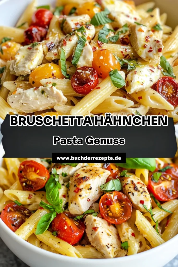 Entdecke unser köstliches Bruschetta Hähnchen Pasta Rezept, das perfekte schnelle Pasta Rezept für jede Gelegenheit! Diese italienischen Pasta Gerichte sind nicht nur einfach zuzubereiten, sondern auch voller Geschmack. Mit saftiger Hähnchenbrust, frischen Tomaten und geschmolzenem Mozzarella wird jedes Gericht zum Highlight. Probiere es jetzt aus! #BruschettaHähnchenPasta #schnellePastaRezepte #italienischePastaGerichte #einfacheHähnchenRezepte