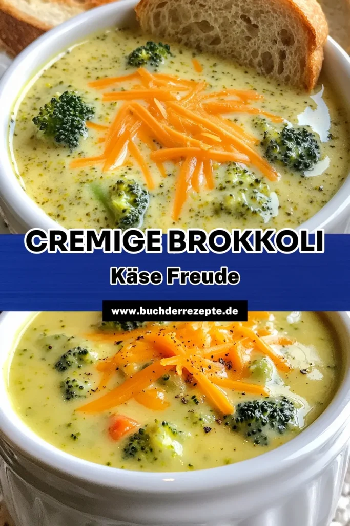 Genießen Sie die leckere Cremigkeit dieser Brokkoli Käse Suppe! Mit unserem einfachen, vegetarischen Käsesuppe-Rezept können Sie eine gesunde Gemüsecremesuppe zubereiten, die Ihre Geschmacksknospen verwöhnt. Perfekt für jede Gelegenheit und einfach in der Zubereitung. Lassen Sie sich von diesem Brokkolirezept inspirieren und teilen Sie es mit Ihren Freunden! Speichern Sie das Rezept jetzt! #BrokkoliKäseSuppe #VegetarischeKäsesuppe #GesundeKüche #EinfachKochen