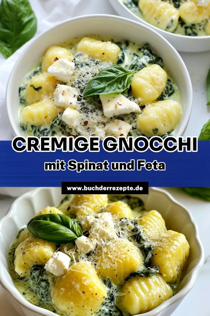 Entdecke dieses köstliche Cremige Gnocchi Rezept mit Spinat und Feta! Diese einfache Gnocchi Zubereitung ist die perfekte vegetarische Gnocchi Variante für ein schnelles Abendessen. Mit frischem Spinat, aromatischem Knoblauch und reichhaltiger Schlagsahne wird jeder Bissen ein Genuss. Probiere die Gnocchi mit Schlagsahne aus und lass dich von ihrer Cremigkeit verführen. Speichere das Rezept für später! #GnocchiRezept #VegetarischKochen #CremigUndLecker #EinfachKochen