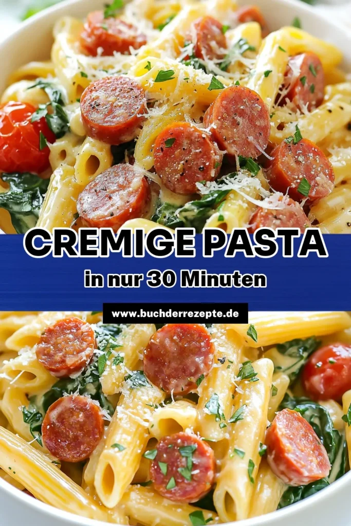 Entdecken Sie, wie einfach und schnell Sie mit diesem Ein-Topf Pasta Rezept eine köstliche Cremige Kielbasa-Pasta zubereiten können. Diese köstliche Kombination aus Kielbasa Wurst, frischen Kirschtomaten und Spinat wird Ihre Familie begeistern. Ideal für schnelle Pasta Gerichte, die in nur 30 Minuten servierfertig sind! Speichern Sie das Rezept und bringen Sie ein Stück einfache italienische Küche auf Ihren Tisch. #Kielbasa #PastaLover #EinTopfRezept #EinfacheRezepte