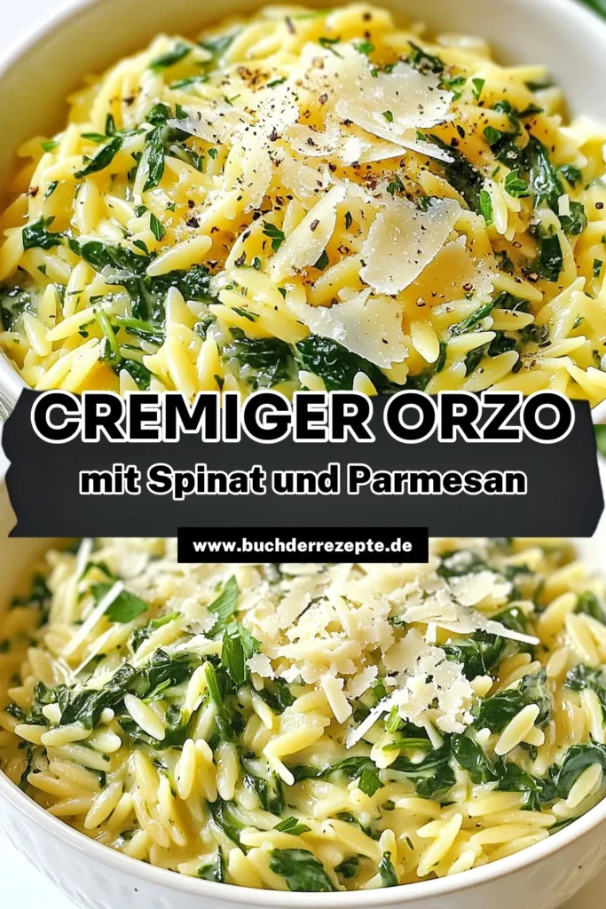 Entdecken Sie das köstliche Rezept für cremige Parmesan Spinat Orzo, das Ihre Pasta-Liebe neu entfacht! Dieses einfache Pasta Rezept kombiniert zarten Orzo mit frischem Spinat und cremigem Parmesan Käse zu einem vegetarischen Genuss. Perfekt für ein schnelles Abendessen, das alle begeistert. Probieren Sie es aus und lassen Sie sich von diesem Rezept mit Parmesan Käse inspirieren! Speichern Sie es für später! #CremigeParmesanSpinatOrzo #EinfachePastaRezepte #VegetarischeOrzoGerichte #RezeptMitParmesanKäse