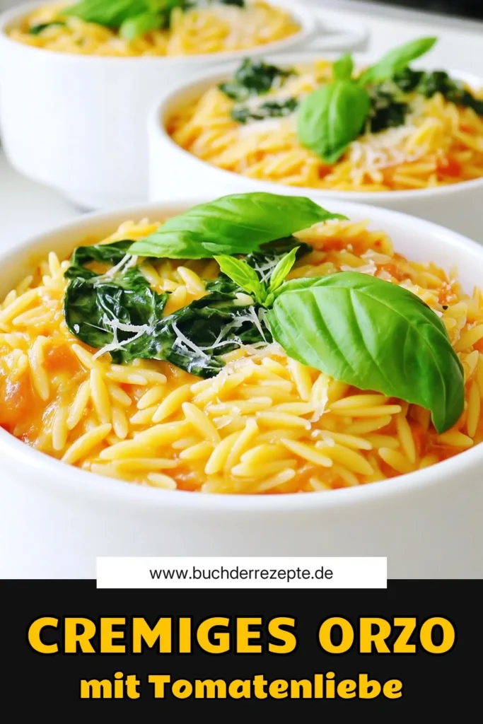 Entdecken Sie das Rezept für cremiges Tomaten-Orzo-Delight, das sowohl einfach als auch köstlich ist! Mit nur wenigen Zutaten wie Orzo-Nudeln, frischen Tomaten und Spinat zaubern Sie in nur 35 Minuten eine köstliche Mahlzeit. Ideal für ein schnelles Abendessen oder als herzhaftes Gericht für Ihre Gäste! Klicken Sie jetzt, um das vollständige Rezept zu sehen und weitere leckere Ideen zu entdecken! #TomatenOrzo #CremigeRezepte #Vegetarisch #SchnelleGerichte