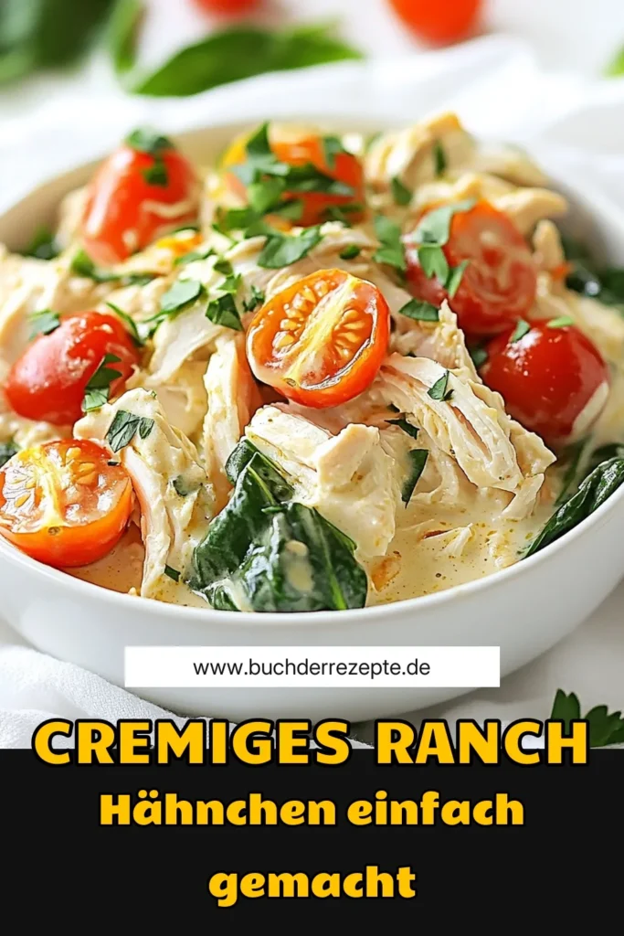 Entdecke dieses leckere Ranch-Hähnchen-Rezept für den Slowcooker! Dieses cremige Hähnchengericht kombiniert Hähnchenbrust, Spinat und Kirschtomaten für einen herzhaften Hähnchen Genuss. Perfekt zum Vorbereiten, einfach im Slowcooker garen und genießen! Probiere es jetzt aus und speichere das Rezept für einen saftigen Abend! #RanchHähnchenRezept #SlowcookerHähnchen #cremigesHähnchengericht #SpinatUndTomatenRezept