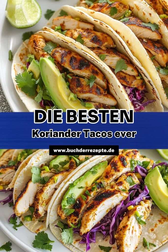 Entdecke die köstlichen Koriander-Limetten-Tacos mit unserem einfachen Hähnchenoberkeulen-Rezept! Lerne, wie du diese mexikanischen Tacos selber machen kannst und genieße eine gesunde Taco-Füllung aus marinierter Hähnchenoberkeule, frischem Koriander und Avocado. Perfekt für Grillabende! Probiere es aus und teile deinen Genuss! #KorianderLimettenTacos #HähnchenoberkeulenRezept #MexikanischeTacos #GesundeTacoFüllung