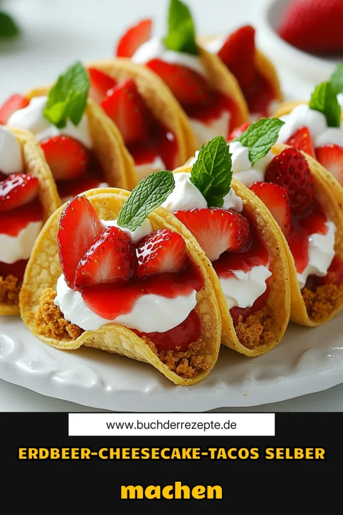 Entdecken Sie die köstlichen Erdbeer-Cheesecake-Tacos – ein einfaches und erfrischendes Dessert, das ganz ohne Backen auskommt! Dieses Erdbeer-Dessert-Rezept kombiniert knackige Tacos und cremigen Cheesecake zu einem unvergesslichen Genuss. Perfekt für Sommerpartys oder als süße Belohnung. Probieren Sie dieses einfache Tacos-Rezept aus und bringen Sie frische Erdbeeren auf den Tisch! Jetzt nachmachen und speichern! #ErdbeerCheesecakeTacos #Desserts #TacosRezepte #ErdbeerDessertRezept