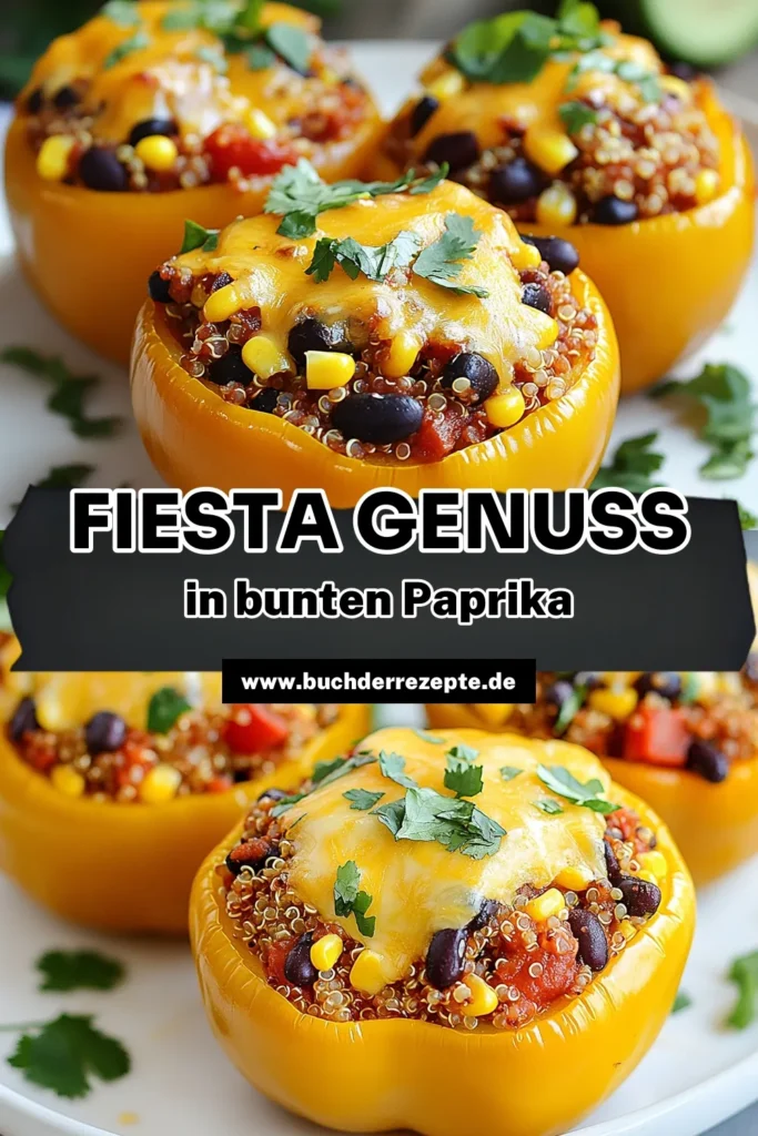 Entdecken Sie unser köstliches Gefüllte Paprika Rezept! Diese Quinoa gefüllte Paprika ist nicht nur einfach zuzubereiten, sondern auch voller gesunder Zutaten. Mit einer gesunden Paprika Füllung aus Quinoa, schwarzen Bohnen und Gemüsebrühe wird jede Fiesta zum Hit! Perfekt für 4-6 Personen. probieren Sie unser Fiesta Paprika Rezept aus und genießen Sie gesunde, leckere Mahlzeiten. Speichern Sie es für später! #GesundeErnährung #Vegetarisch #PaprikaRezepte #QuinoaRezept