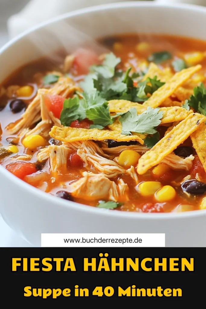 Entdecke das Rezept für eine köstliche Fiesta Hähnchen Tortilla Suppe, die einfach zubereitet werden kann. Diese einfache Tortilla Suppe vereint zarte Hähnchenbrustfilet Stücke mit perfekten Gewürzen und frischen Zutaten. Probiere unser mexikanische Suppe Rezept aus und genieße eine gesunde Hähnchen Suppe, die ideal für jede Gelegenheit ist. Klicke jetzt und speichere dir das Rezept! #TortillaSuppe #HähnchenSuppe #MexikanischesEssen #GesundeRezepte