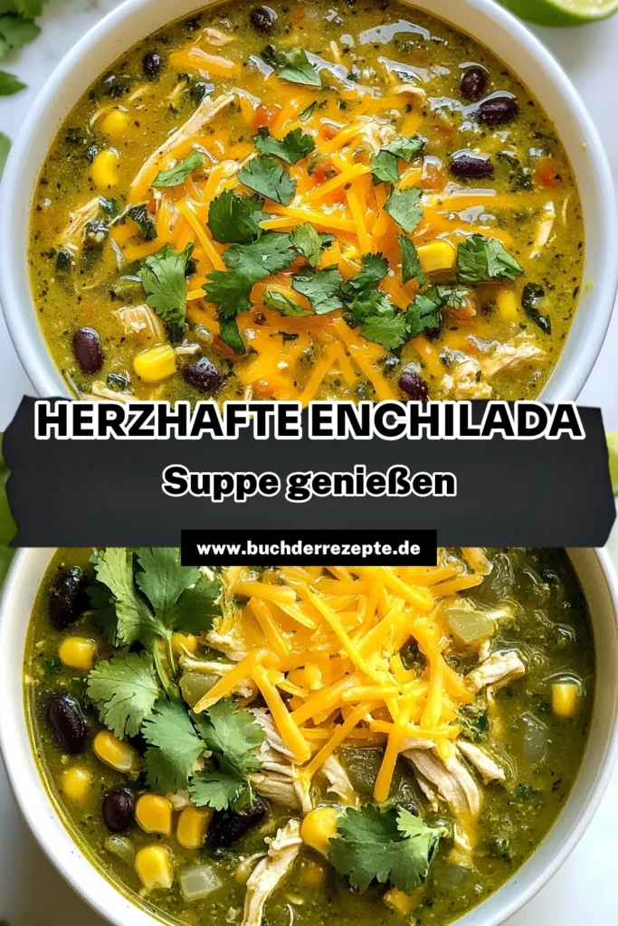Entdecken Sie dieses köstliche Rezept für grüne Enchilada-Hühnchen-Suppe! Diese einfache Hühnchen-Suppe kombiniert zartes Hähnchen, schwarze Bohnen und eine cremige Enchiladasoße zu einer gesunden Suppe mit Hähnchen, die perfekt für jede Gelegenheit ist. Sofort ausprobieren und Ihren Freunden servieren! Speichern Sie dieses Rezept für eine leckere mexikanische Enchilada-Suppe! #grüneEnchiladaHühnchenSuppe #RezeptfürHühnchenSuppe #einfacheHühnchenSuppe #gesundeSuppeMitHähnchen